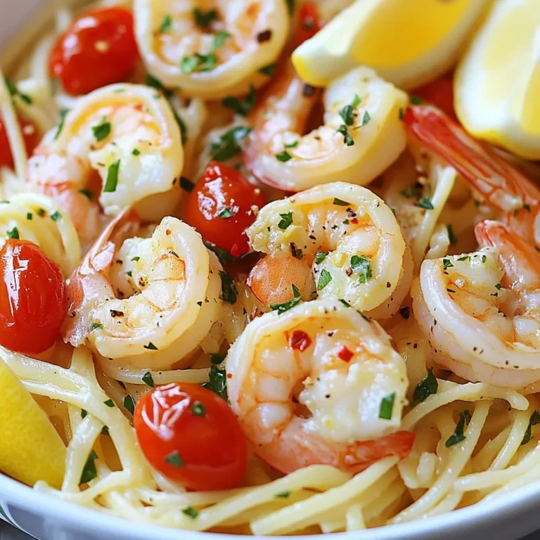 - Large shrimp (1 pound, peeled and deveined) - Linguine or spaghetti (8 ounces, cooked al dente) - Unsalted butter (4 tablespoons) - Olive oil (3 tablespoons) - Garlic (6 cloves, minced) - Red pepper flakes (1 teaspoon) - Lemon (juice and zest of 1 lemon) - Vegetable or chicken broth (1/2 cup) - Cherry tomatoes (1 cup, halved) - Fresh parsley (1/2 cup, finely chopped) - Salt and freshly ground black pepper to taste The ingredients for garlic butter shrimp scampi are simple yet packed with flavor. You want to use large shrimp for a nice bite. Make sure they are peeled and deveined. This makes cooking easier and more enjoyable. For pasta, I prefer linguine or spaghetti. Cook it al dente, so it stays firm when mixed with the sauce. The key flavor comes from unsalted butter and olive oil. These two fats create a rich base for your dish. Minced garlic adds that classic aroma and taste we love in scampi. Red pepper flakes give the dish a little heat. You can adjust this to your liking. Fresh lemon juice and zest brighten the flavors. The broth adds depth and helps coat the pasta. Cherry tomatoes bring a touch of sweetness and color. Lastly, fresh parsley adds freshness and a pop of green. Don't forget to season with salt and black pepper for balance. Each of these ingredients plays a role in making your garlic butter shrimp scampi both tasty and memorable. {{ingredient_image_2}} Start by melting the butter and olive oil in a large skillet over medium heat. This mix gives a rich flavor to the dish. Make sure the butter fully melts before you move on to the next step. Next, add the minced garlic and red pepper flakes to the hot skillet. Stir frequently for about 30 seconds. You want the garlic to smell amazing, but don’t let it burn. A light golden color is what you aim for. Now, raise the heat to medium-high and add the shrimp. Cook for 2 to 3 minutes. Watch for the shrimp to turn vibrant pink and opaque. Stir them occasionally to ensure they cook evenly. Squeeze fresh lemon juice over the shrimp and sprinkle in the zest. Pour in the vegetable or chicken broth and stir gently. Then, add the halved cherry tomatoes. Let them simmer for about 2 minutes until they soften and release their juices. Lower the heat to a gentle simmer. Toss in the cooked pasta and mix it well with the shrimp and sauce. Add chopped parsley, salt, and black pepper to taste. Ensure every bite is full of flavor. Serve hot, garnished with more parsley and lemon wedges for a fresh touch. When buying shrimp, look for a few key signs. Fresh shrimp should smell like the sea, not like fish. Their shells should be firm and shiny. Choose shrimp that are still in their shells for the best flavor. If you can, buy shrimp that are wild-caught. They often taste better than farmed shrimp. If you buy frozen shrimp, look for ones that are frozen individually. This way, they won't stick together. Many people enjoy spice in their dishes. Red pepper flakes add a nice kick to shrimp scampi. To adjust the heat, start with a small amount. You can always add more if you like it spicier. If you prefer less heat, skip the red pepper flakes or use less. You can also try sweet paprika for a milder flavor. To make your shrimp scampi even tastier, you can add extra seasonings. A pinch of Italian seasoning can bring out the flavors. Fresh herbs like basil or thyme add brightness, too. For a zestier taste, add more lemon juice or zest. You can also sprinkle in some grated Parmesan cheese for a rich finish. Experiment with these options to find your favorite mix! Pro Tips Use Fresh Shrimp: Always opt for fresh shrimp over frozen for the best flavor and texture. If using frozen, ensure they are completely thawed before cooking. Don’t Overcook the Shrimp: Shrimp cook quickly; aim for a vibrant pink color and opaque center. Overcooking can lead to a rubbery texture. Layer the Flavors: For extra depth, consider adding a splash of white wine after sautéing the garlic and before adding the shrimp. Perfect Pasta Toss: Always reserve some pasta water before draining. Adding a splash can help to adjust the sauce consistency if needed. {{image_4}} If you need gluten-free pasta, use brown rice or quinoa pasta. These options cook well and taste great. Whole-grain pasta is another choice for a healthy twist. It adds fiber and a nutty flavor to your dish. Try different shapes like penne or fusilli for fun! Want to change up your protein? Scallops are a fantastic choice! They cook quickly and add a sweet taste. Chicken can also work well in this dish. Just cut it into bite-sized pieces and cook it until golden brown. Both options will deliver a delightful meal. Incorporating seasonal veggies can boost flavor and nutrition. Spinach adds color and freshness; just toss it in at the end. Zucchini or bell peppers give a nice crunch. You could also use asparagus for a spring vibe. Adding veggies not only makes the dish pretty but also adds healthy benefits. To keep your garlic butter shrimp scampi fresh, store leftovers in an airtight container. Place the container in the fridge. It will stay good for up to three days. Make sure the dish cools down before sealing it. This helps prevent moisture and keeps flavors intact. When you're ready to enjoy the leftovers, gently reheat them. Use a skillet over low to medium heat. Add a splash of broth or olive oil to prevent drying. Stir often until it's warm. This method keeps the shrimp tender and the pasta from getting mushy. If you want to freeze your shrimp scampi, it’s best to do so before adding the pasta. Place the cooked shrimp and sauce in a freezer-safe bag. Press out any air and seal tightly. It can last up to three months in the freezer. When you’re ready to eat, thaw in the fridge overnight and then reheat as mentioned above. When making shrimp scampi, I recommend using large shrimp. They hold up well during cooking. Popular options include: - Jumbo shrimp: Big and meaty, perfect for a hearty bite. - Peeled and deveined shrimp: Saves time and effort in prep. - Wild-caught shrimp: Offers great flavor and better texture. These varieties ensure you get a tasty meal every time. Yes, you can make shrimp scampi without wine. If you want to skip it, here are some great options: - Vegetable broth: Adds depth and flavor to your dish. - Chicken broth: A nice alternative that enhances the taste. - White grape juice: Gives sweetness and acidity if you prefer. These substitutes work well while keeping the dish delicious. To keep shrimp tender, follow these tips: - Cook shrimp briefly: Only 2-3 minutes until they turn pink. - Use medium-high heat: This helps cook them evenly without overcooking. - Don’t overcrowd the pan: Give them space to cook properly. By paying close attention, you’ll get perfect shrimp every time! In this blog post, we've explored how to make a delicious garlic butter shrimp scampi. You learned about key ingredients like shrimp, pasta, and garlic, plus key steps for perfect preparation. I shared tips on selecting fresh shrimp and adjusting spice levels. You can experiment with different pastas and proteins, too! Remember, practice makes perfect. Enjoy this dish with friends and family, and don't hesitate to get creative. Cooking is about fun, not just following rules. Dive into your kitchen and start whipping up this flavorful meal today!