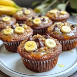 For these delightful chocolate chip banana bread muffins, you will need: - 3 overripe bananas, thoroughly mashed - 1/3 cup coconut oil, melted - 1/2 cup packed brown sugar - 1 large egg, beaten until frothy - 1 teaspoon pure vanilla extract - 1 teaspoon baking soda - A generous pinch of salt - 1 teaspoon ground cinnamon - 1 1/2 cups all-purpose flour, sifted - 1/2 cup semi-sweet chocolate chips - 1/4 cup chopped walnuts (optional, for added crunch) You can make your muffins even better with some add-ins. Consider these: - 1/4 cup of chopped pecans for extra flavor - 1/4 cup of shredded coconut for a tropical twist - 1/2 cup of dried fruit like raisins or cranberries If you don&rsquo;t have some ingredients, don&rsquo;t worry! Here are some easy swaps: - Use melted butter instead of coconut oil for a richer taste. - Substitute regular sugar for brown sugar if needed. - For a vegan option, use flaxseed meal mixed with water instead of the egg. - Whole wheat flour can replace all-purpose flour for a healthier muffin. These ingredients and options make your muffins easy and fun to customize. Enjoy baking! {{ingredient_image_2}} Start by preheating your oven to 350&deg;F (175&deg;C). This step is key. Next, line a muffin tin with paper liners or use non-stick spray for easy removal. In a large bowl, mash the overripe bananas until smooth. Then pour in the melted coconut oil and mix well. Add the brown sugar and beaten egg, stirring until blended. Don't forget the pure vanilla extract! Now, sprinkle in the baking soda, salt, and ground cinnamon. Mix again, making sure everything is combined. Finally, gently fold in the sifted flour, being careful not to overmix it. Add the semi-sweet chocolate chips and walnuts, if you like. Using a scoop or spoon, fill each muffin cup about two-thirds full with the batter. This helps the muffins rise nicely. Make sure to distribute the batter evenly among the cups. This way, each muffin will bake consistently, giving you perfect treats every time. Place the filled muffin tin in your preheated oven. Bake for 18 to 22 minutes. To check if they are ready, insert a toothpick into the center of a muffin. If it comes out clean or with a few moist crumbs, they are done. Once baked, let the muffins cool in the tin for about 5 minutes. Then, carefully transfer them to a wire rack to cool completely. Enjoy the lovely aroma as they cool! To get a soft and fluffy muffin, use ripe bananas. They should be very soft and brown. Mash them well to avoid lumps. Mix the wet and dry ingredients gently. If you overmix, the muffins can turn tough. Bake them until a toothpick comes out with a few moist crumbs. This means they are just right. If you want sweeter muffins, add a bit more brown sugar. You can also use honey or maple syrup for a different taste. For a spice kick, add more cinnamon. If you love nuts, try adding walnuts. They give your muffins a nice crunch. You will need a few tools to make these muffins. Here&rsquo;s what I recommend: - Mixing bowls for combining your ingredients - A whisk for mixing wet ingredients - A spatula for folding in chocolate chips - A muffin tin for baking - Muffin liners or non-stick spray to prevent sticking - An oven thermometer to ensure the right temperature With these tips, you can easily make the best chocolate chip banana bread muffins! Pro Tips Use Very Ripe Bananas: The riper the bananas, the sweeter and more flavorful your muffins will be. Look for bananas with plenty of brown spots or even black skin for the best results. Don&rsquo;t Overmix: When adding the flour, mix just until combined. Overmixing can lead to dense muffins. A few lumps are perfectly fine! Experiment with Add-Ins: Feel free to customize your muffins by adding extras like shredded coconut, dried fruits, or different nuts for added texture and flavor. Storage Tips: Keep the muffins in an airtight container at room temperature for up to 3 days or freeze them for longer storage. Just reheat them gently before serving. {{image_4}} You can make your muffins healthier with easy swaps. Try using applesauce instead of coconut oil. This will cut down on fat while keeping them moist. You can also replace the brown sugar with honey or maple syrup. Both add sweetness without refined sugar. For a gluten-free option, use almond flour or oat flour instead of all-purpose flour. Want to jazz up your muffins? Add a teaspoon of nutmeg for a warm, cozy flavor. You can also mix in a handful of dried fruit, like raisins or cranberries. If you love nuts, try adding pecans or almonds for a crunchy bite. For a tropical twist, mix in shredded coconut for an extra chewy texture. Change your muffins with the seasons. In fall, add pumpkin puree and a touch of nutmeg. This gives a nice autumn flavor. In summer, mix in fresh blueberries or strawberries for a fruity touch. You can also use peppermint extract in winter for a festive vibe. Each season brings new flavors to explore! To keep your chocolate chip banana muffins fresh, store them in an airtight container. This will help retain their moisture and flavor. Place a paper towel at the bottom of the container to absorb excess moisture. You can keep them at room temperature for up to three days. If you want to store them longer, move them to the fridge, where they can last up to a week. When you want to enjoy your muffins again, reheating is easy. You can use the microwave or the oven. For the microwave, heat one muffin for about 10-15 seconds. If you prefer the oven, set it to 350&deg;F (175&deg;C) and warm the muffins for 5-10 minutes. This will bring back their soft, warm texture. Freezing muffins is a great way to save leftovers. Wrap each muffin tightly in plastic wrap or aluminum foil. Then, place them in a freezer bag. They can stay frozen for up to three months. When you&rsquo;re ready to eat, simply thaw them in the fridge overnight or at room temperature. You can also reheat them straight from the freezer. Enjoy your tasty treats anytime! You can check if your muffins are done by inserting a toothpick into the center. If it comes out clean with a few moist crumbs, they are ready. The baking time is usually 18 to 22 minutes at 350&deg;F (175&deg;C). Keep an eye on them as they bake, so you catch them at just the right moment. Absolutely! You can use dark chocolate, milk chocolate, or even white chocolate. Each type will give your muffins a different taste. Try mixing different chocolates for a fun twist. Just remember to adjust the amount based on your taste. If your muffins are dense, you may have overmixed the batter. Mix just until combined for a lighter texture. Also, check your baking soda to ensure it is fresh. Adding a bit more can help your muffins rise better. Chocolate chip banana muffins can last about 3 to 5 days at room temperature. For longer storage, place them in an airtight container in the fridge for up to a week. You can also freeze them for up to three months. Just make sure to wrap them well! You learned how to make delicious chocolate chip banana muffins. We covered the key ingredients, step-by-step instructions, and tips for perfecting your bake. You can explore fun variations and smart storage options too. Remember, homemade muffins bring joy and warmth to any day. Baking is an art, but you can master it. Enjoy your muffins fresh, or save them for later. Happy baking, and may your kitchen always smell amazing!