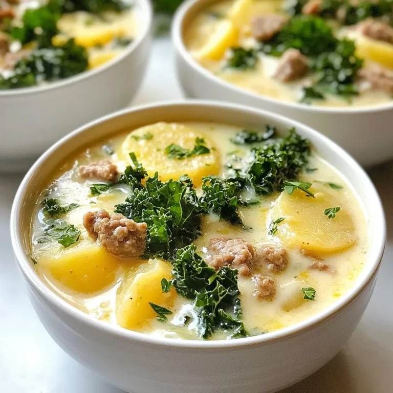 - 1 lb turkey sausage, crumbled - 1 medium onion, diced - 3 cloves garlic, minced - 4 cups chicken broth - 2 large potatoes, thinly sliced - 1 cup kale, chopped - 1 cup heavy cream - 2 tablespoons olive oil - 1 teaspoon red pepper flakes (adjust for desired spice level) - Salt and pepper to taste - Fresh parsley, chopped (for garnish) You can swap the turkey sausage for chicken or pork sausage if you want. If you prefer a lighter option, try using ground turkey. For a dairy-free version, replace heavy cream with coconut milk or cashew cream. If you don’t have kale, spinach works just as well. You can also add more veggies like carrots or zucchini for extra nutrition. Always look for fresh turkey sausage with no fillers. Check the label for high meat content. The onions should feel firm and be free of soft spots. For the garlic, choose firm cloves with no sprouting. When selecting potatoes, pick ones that are smooth and firm. Kale should be vibrant and crisp. Fresh herbs should smell strong and fragrant. Good quality ingredients really make a big difference in your soup's flavor! {{ingredient_image_2}} First, heat 2 tablespoons of olive oil in a large pot over medium heat. When the oil is shimmering, add 1 pound of crumbled turkey sausage. Cook it for about 5-7 minutes. Stir it often, breaking it apart as it cooks. You want it to be browned and fully cooked. Once the sausage is done, add 1 medium diced onion and 3 minced garlic cloves to the pot. Stir everything together and sauté for 3-4 minutes. The onion will soften and turn clear. This step adds great flavor. After that, pour in 4 cups of chicken broth. Next, add 2 large thinly sliced potatoes to the pot. Bring the soup to a boil. Once boiling, lower the heat to a simmer. Cover the pot and let it cook for 15-20 minutes. Check the potatoes with a fork; they should be tender. After that, stir in 1 cup of chopped kale, 1 cup of heavy cream, and 1 teaspoon of red pepper flakes. Let it simmer for 5 more minutes to blend the flavors. To cook turkey sausage well, start with medium heat. Use a large pot and add olive oil. Once it shimmers, add the crumbled sausage. Stir it often, breaking it apart. Cook until it is brown, about 5-7 minutes. This way, you get great flavor and texture. You can control the heat in your Zuppa Toscana. Red pepper flakes add spice. Start with one teaspoon for warmth. If you want more heat, add more flakes little by little. Always taste the soup before serving. Adjust it until it suits your taste buds. Fresh herbs can make your soup burst with flavor. Try adding chopped parsley as a garnish. It brings a fresh taste and lovely color. You can also use thyme or basil for added depth. Just sprinkle them in before serving for the best effect. Pro Tips Use Fresh Ingredients: Fresh kale and high-quality chicken broth will enhance the flavor of your soup significantly. Opt for organic options when possible for the best taste. Adjust the Spice Level: If you prefer a milder soup, reduce the amount of red pepper flakes. You can always add more to individual servings for those who enjoy extra heat. Potato Texture: For a creamier consistency, consider mashing some of the potatoes once they are cooked, or use a hand blender to purée a portion of the soup before adding the kale and cream. Serving Suggestions: This soup pairs beautifully with crusty bread or a light salad. Consider adding a sprinkle of grated Parmesan cheese on top for added flavor. {{image_4}} You can enjoy Zuppa Toscana without dairy. Use coconut milk instead of heavy cream. It gives a nice creamy texture. Almond milk or cashew cream also works well. These options keep the soup rich while being dairy-free. Want to boost nutrition? Add more veggies! Carrots, celery, or bell peppers can add flavor. You can also toss in zucchini or spinach. They cook quickly and add color to the soup. Just chop them small and add when you add the kale. If you prefer different meats, go for chicken or beef. Ground chicken or beef works great in this soup. For a vegetarian twist, try lentils or beans. They add protein and fiber, making the soup hearty. Just make sure to adjust cooking times for different proteins. Once you finish your Zuppa Toscana, let it cool. Pour the soup into an airtight container. Make sure to leave some space at the top. This helps avoid spills when freezing. Store it in the fridge for up to three days. If you want to keep it longer, freezing is a great option. To reheat your leftover soup, pour it into a pot. Heat over medium-low until warm. Stir often to ensure even heating. You can also use a microwave. Place the soup in a microwave-safe bowl. Heat it in 30-second intervals, stirring in between. Make sure it’s hot all the way through before enjoying. Freezing Zuppa Toscana is easy. Use freezer-safe containers or bags. Portion out the soup for easy reheating later. Label each container with the date. You can freeze it for up to three months. When ready to eat, thaw in the fridge overnight. Reheat on the stove or in the microwave. You can use any ground meat you like. Mild Italian sausage works great. If you want a lighter option, try chicken or beef sausage. For a vegetarian twist, use plant-based sausage. Just adjust the cooking time if needed. Yes, you can! Start by browning the turkey sausage in a pan. Then, add everything to a slow cooker. Cook on low for 6-8 hours or on high for 3-4 hours. This method makes the flavors even richer. This soup lasts about 3-4 days in the fridge. Store it in an airtight container. To keep it fresh, let it cool before sealing. If you want it to last longer, consider freezing it. In this blog post, I shared how to make a delicious Zuppa Toscana. We covered the key ingredients, including options for substitutions and tips to choose quality items. You learned step-by-step how to cook turkey sausage, add aromatics, and mix in kale. I shared tips for perfect cooking, spice adjustments, and using fresh herbs to boost flavor. Remember, you can customize this soup with dairy-free choices or extra veggies. Store leftovers properly to enjoy later. This soup is easy to adapt and always satisfying. Enjoy your cooking journey!