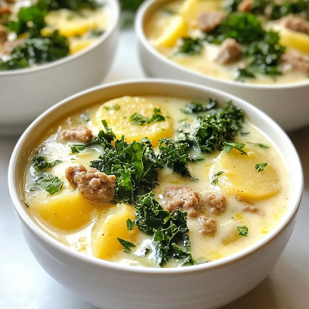 - 1 lb turkey sausage, crumbled - 1 medium onion, diced - 3 cloves garlic, minced - 4 cups chicken broth - 2 large potatoes, thinly sliced - 1 cup kale, chopped - 1 cup heavy cream - 2 tablespoons olive oil - 1 teaspoon red pepper flakes (adjust for desired spice level) - Salt and pepper to taste - Fresh parsley, chopped (for garnish) You can swap the turkey sausage for chicken or pork sausage if you want. If you prefer a lighter option, try using ground turkey. For a dairy-free version, replace heavy cream with coconut milk or cashew cream. If you don’t have kale, spinach works just as well. You can also add more veggies like carrots or zucchini for extra nutrition. Always look for fresh turkey sausage with no fillers. Check the label for high meat content. The onions should feel firm and be free of soft spots. For the garlic, choose firm cloves with no sprouting. When selecting potatoes, pick ones that are smooth and firm. Kale should be vibrant and crisp. Fresh herbs should smell strong and fragrant. Good quality ingredients really make a big difference in your soup's flavor! {{ingredient_image_2}} First, heat 2 tablespoons of olive oil in a large pot over medium heat. When the oil is shimmering, add 1 pound of crumbled turkey sausage. Cook it for about 5-7 minutes. Stir it often, breaking it apart as it cooks. You want it to be browned and fully cooked. Once the sausage is done, add 1 medium diced onion and 3 minced garlic cloves to the pot. Stir everything together and sauté for 3-4 minutes. The onion will soften and turn clear. This step adds great flavor. After that, pour in 4 cups of chicken broth. Next, add 2 large thinly sliced potatoes to the pot. Bring the soup to a boil. Once boiling, lower the heat to a simmer. Cover the pot and let it cook for 15-20 minutes. Check the potatoes with a fork; they should be tender. After that, stir in 1 cup of chopped kale, 1 cup of heavy cream, and 1 teaspoon of red pepper flakes. Let it simmer for 5 more minutes to blend the flavors. To cook turkey sausage well, start with medium heat. Use a large pot and add olive oil. Once it shimmers, add the crumbled sausage. Stir it often, breaking it apart. Cook until it is brown, about 5-7 minutes. This way, you get great flavor and texture. You can control the heat in your Zuppa Toscana. Red pepper flakes add spice. Start with one teaspoon for warmth. If you want more heat, add more flakes little by little. Always taste the soup before serving. Adjust it until it suits your taste buds. Fresh herbs can make your soup burst with flavor. Try adding chopped parsley as a garnish. It brings a fresh taste and lovely color. You can also use thyme or basil for added depth. Just sprinkle them in before serving for the best effect. Pro Tips Use Fresh Ingredients: Fresh kale and high-quality chicken broth will enhance the flavor of your soup significantly. Opt for organic options when possible for the best taste. Adjust the Spice Level: If you prefer a milder soup, reduce the amount of red pepper flakes. You can always add more to individual servings for those who enjoy extra heat. Potato Texture: For a creamier consistency, consider mashing some of the potatoes once they are cooked, or use a hand blender to purée a portion of the soup before adding the kale and cream. Serving Suggestions: This soup pairs beautifully with crusty bread or a light salad. Consider adding a sprinkle of grated Parmesan cheese on top for added flavor. {{image_4}} You can enjoy Zuppa Toscana without dairy. Use coconut milk instead of heavy cream. It gives a nice creamy texture. Almond milk or cashew cream also works well. These options keep the soup rich while being dairy-free. Want to boost nutrition? Add more veggies! Carrots, celery, or bell peppers can add flavor. You can also toss in zucchini or spinach. They cook quickly and add color to the soup. Just chop them small and add when you add the kale. If you prefer different meats, go for chicken or beef. Ground chicken or beef works great in this soup. For a vegetarian twist, try lentils or beans. They add protein and fiber, making the soup hearty. Just make sure to adjust cooking times for different proteins. Once you finish your Zuppa Toscana, let it cool. Pour the soup into an airtight container. Make sure to leave some space at the top. This helps avoid spills when freezing. Store it in the fridge for up to three days. If you want to keep it longer, freezing is a great option. To reheat your leftover soup, pour it into a pot. Heat over medium-low until warm. Stir often to ensure even heating. You can also use a microwave. Place the soup in a microwave-safe bowl. Heat it in 30-second intervals, stirring in between. Make sure it’s hot all the way through before enjoying. Freezing Zuppa Toscana is easy. Use freezer-safe containers or bags. Portion out the soup for easy reheating later. Label each container with the date. You can freeze it for up to three months. When ready to eat, thaw in the fridge overnight. Reheat on the stove or in the microwave. You can use any ground meat you like. Mild Italian sausage works great. If you want a lighter option, try chicken or beef sausage. For a vegetarian twist, use plant-based sausage. Just adjust the cooking time if needed. Yes, you can! Start by browning the turkey sausage in a pan. Then, add everything to a slow cooker. Cook on low for 6-8 hours or on high for 3-4 hours. This method makes the flavors even richer. This soup lasts about 3-4 days in the fridge. Store it in an airtight container. To keep it fresh, let it cool before sealing. If you want it to last longer, consider freezing it. In this blog post, I shared how to make a delicious Zuppa Toscana. We covered the key ingredients, including options for substitutions and tips to choose quality items. You learned step-by-step how to cook turkey sausage, add aromatics, and mix in kale. I shared tips for perfect cooking, spice adjustments, and using fresh herbs to boost flavor. Remember, you can customize this soup with dairy-free choices or extra veggies. Store leftovers properly to enjoy later. This soup is easy to adapt and always satisfying. Enjoy your cooking journey!