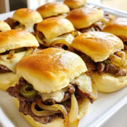 - 1 lb thinly sliced beef (sirloin or ribeye) - 1 medium onion, thinly sliced - 1 bell pepper (your choice of color), thinly sliced - 8 slices provolone cheese - 12 slider buns - 1 tablespoon olive oil - 2 tablespoons mayonnaise - 1 teaspoon garlic powder - Salt and pepper to taste - Optional: sliced jalape&ntilde;os for an extra kick Gather these ingredients to make your Easy Philly Cheesesteak Sliders. The thinly sliced beef gives you that classic flavor. Use sirloin or ribeye for the best taste. The onion and bell pepper add sweetness and crunch. Provolone cheese melts beautifully, making every bite creamy. Slider buns hold everything together, perfect for small hands or big cravings. For added flavor, I recommend a good quality olive oil to saut&eacute; your veggies. Mayonnaise adds a rich touch to the buns. Garlic powder spices things up without being too much. Don&rsquo;t forget salt and pepper to enhance the taste. If you want some heat, add sliced jalape&ntilde;os to the mix. These ingredients make your sliders tasty and fun to eat! {{ingredient_image_2}} - Heat olive oil in a skillet until shimmering. This step prepares the pan for cooking. - Saut&eacute; onion and bell pepper until tender. This adds a sweet and savory flavor to your sliders. - Cook thinly sliced beef with seasonings. Use garlic powder, salt, and pepper for taste. Brown the beef for about 4-5 minutes. - Combine beef with vegetables in the skillet. Stir it well so all the flavors mix together. - Preheat oven to 350&deg;F (175&deg;C). This ensures your sliders cook evenly. - Assemble sliders and layer ingredients. Start with the bottom buns, mayo, cheese, beef, and veggies, then more cheese on top. - Bake covered and then uncovered until cheese is bubbly. Cover with foil for the first 15 minutes, then remove it to let the cheese melt beautifully. - Choose the right cut of beef: For great sliders, I recommend thinly sliced sirloin or ribeye. These cuts have the right balance of flavor and tenderness. They cook quickly and stay juicy. Thin slices help the beef cook evenly and soak up the flavors. - Tips for achieving the best melt on the cheese: To get that perfect cheese melt, layer your provolone slices over the beef mixture. Bake the sliders covered first to trap heat. After 15 minutes, remove the foil. This helps the cheese bubble and brown nicely. You&rsquo;ll get that gooey, delicious texture in every bite. - Presentation tips for sliders: Arrange your sliders on a big platter for a fun look. You can add fresh parsley or extra jalape&ntilde;os for color. This makes the dish pop and looks great at any gathering. - Recommended sides to serve with cheesesteak sliders: Pair your sliders with crunchy pickles or crispy chips. You can also add a simple salad for freshness. These sides complement the rich flavors of the sliders and create a well-rounded meal. Pro Tips Slice Against the Grain: For tender beef, always slice against the grain. This helps break down the muscle fibers, making each bite more enjoyable. Choose the Right Cheese: Provolone is traditional, but feel free to mix in some mozzarella or even pepper jack for a twist on flavor and spice. Keep it Warm: If serving at a party, keep the sliders warm in a slow cooker on low heat. This ensures they stay gooey and delicious throughout the event. Customize Toppings: Don't hesitate to add your favorite toppings! Saut&eacute;ed mushrooms, spinach, or different peppers can enhance the flavor profile. {{image_4}} You can switch up the cheese for a new taste. Here are some great options: - Cheddar cheese for a sharper flavor. - Swiss cheese for a milder, nutty taste. - American cheese for extra creaminess. Feel free to play with the veggies too. Here are some tasty choices: - Mushrooms for an earthy flavor. - Zucchini for a fresh crunch. - Spinach for added nutrients. Want to amp up the flavor? Try these tips: - Add a pinch of paprika for warmth. - Mix in some Worcestershire sauce for depth. - Drizzle with hot sauce for a spicy kick. You can also try different buns. Here are some ideas: - Pretzel buns for a salty twist. - Whole wheat buns for a healthier choice. - Garlic bread for extra flavor. Experimenting with these variations makes your sliders unique and fun! To keep your sliders fresh, place them in an airtight container. This helps lock in moisture and flavor. Store them in the fridge for up to three days. When you want to enjoy them again, use a microwave for reheating. Just warm them for about 30 seconds. This keeps the bread soft and the cheese melty. You can freeze assembled sliders for later. Wrap them tightly in plastic wrap and then foil. This helps prevent freezer burn. You can freeze them for up to three months. When you're ready to eat, thaw them in the fridge overnight. To reheat frozen sliders, preheat your oven to 350&deg;F (175&deg;C). Unwrap the sliders and place them on a baking sheet. Bake for about 15 to 20 minutes. This will get them warm and cheesy again. Enjoy the taste of fresh Philly cheesesteak sliders! Yes, you can use chicken or turkey. Thinly slice the meat so it cooks fast. Use the same seasonings to keep the flavor. Chicken or turkey gives a lighter taste but still works great. Slider buns are best for this recipe. Look for soft, small rolls that hold the filling well. Brioche or potato buns add a nice touch of sweetness. You can also use whole wheat for a healthier option. To make these sliders vegetarian, use mushrooms instead of beef. Portobello mushrooms work well when sliced thin. Add extra veggies like zucchini or spinach for more flavor. Use the same cheeses to keep it cheesy and delicious. Yes, you can prepare the filling in advance. Cook the beef and veggies, then cool them down. Store in the fridge for up to two days. When ready, just assemble and bake the sliders. This saves time and makes serving easy! These cheesesteak sliders are easy to make and full of flavor. We covered the best ingredients, step-by-step cooking methods, and helpful tips to enhance your dish. Remember to mix up the flavors with different vegetables or cheeses. You can store leftovers easily or even freeze them for later. With these recipes, you can impress at any gathering. Now, enjoy your delicious cheesesteak sliders!