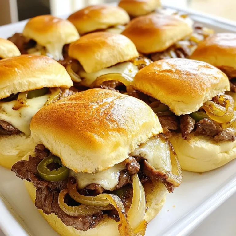 - 1 lb thinly sliced beef (sirloin or ribeye) - 1 medium onion, thinly sliced - 1 bell pepper (your choice of color), thinly sliced - 8 slices provolone cheese - 12 slider buns - 1 tablespoon olive oil - 2 tablespoons mayonnaise - 1 teaspoon garlic powder - Salt and pepper to taste - Optional: sliced jalapeños for an extra kick Gather these ingredients to make your Easy Philly Cheesesteak Sliders. The thinly sliced beef gives you that classic flavor. Use sirloin or ribeye for the best taste. The onion and bell pepper add sweetness and crunch. Provolone cheese melts beautifully, making every bite creamy. Slider buns hold everything together, perfect for small hands or big cravings. For added flavor, I recommend a good quality olive oil to sauté your veggies. Mayonnaise adds a rich touch to the buns. Garlic powder spices things up without being too much. Don’t forget salt and pepper to enhance the taste. If you want some heat, add sliced jalapeños to the mix. These ingredients make your sliders tasty and fun to eat! {{ingredient_image_2}} - Heat olive oil in a skillet until shimmering. This step prepares the pan for cooking. - Sauté onion and bell pepper until tender. This adds a sweet and savory flavor to your sliders. - Cook thinly sliced beef with seasonings. Use garlic powder, salt, and pepper for taste. Brown the beef for about 4-5 minutes. - Combine beef with vegetables in the skillet. Stir it well so all the flavors mix together. - Preheat oven to 350°F (175°C). This ensures your sliders cook evenly. - Assemble sliders and layer ingredients. Start with the bottom buns, mayo, cheese, beef, and veggies, then more cheese on top. - Bake covered and then uncovered until cheese is bubbly. Cover with foil for the first 15 minutes, then remove it to let the cheese melt beautifully. - Choose the right cut of beef: For great sliders, I recommend thinly sliced sirloin or ribeye. These cuts have the right balance of flavor and tenderness. They cook quickly and stay juicy. Thin slices help the beef cook evenly and soak up the flavors. - Tips for achieving the best melt on the cheese: To get that perfect cheese melt, layer your provolone slices over the beef mixture. Bake the sliders covered first to trap heat. After 15 minutes, remove the foil. This helps the cheese bubble and brown nicely. You’ll get that gooey, delicious texture in every bite. - Presentation tips for sliders: Arrange your sliders on a big platter for a fun look. You can add fresh parsley or extra jalapeños for color. This makes the dish pop and looks great at any gathering. - Recommended sides to serve with cheesesteak sliders: Pair your sliders with crunchy pickles or crispy chips. You can also add a simple salad for freshness. These sides complement the rich flavors of the sliders and create a well-rounded meal. Pro Tips Slice Against the Grain: For tender beef, always slice against the grain. This helps break down the muscle fibers, making each bite more enjoyable. Choose the Right Cheese: Provolone is traditional, but feel free to mix in some mozzarella or even pepper jack for a twist on flavor and spice. Keep it Warm: If serving at a party, keep the sliders warm in a slow cooker on low heat. This ensures they stay gooey and delicious throughout the event. Customize Toppings: Don't hesitate to add your favorite toppings! Sautéed mushrooms, spinach, or different peppers can enhance the flavor profile. {{image_4}} You can switch up the cheese for a new taste. Here are some great options: - Cheddar cheese for a sharper flavor. - Swiss cheese for a milder, nutty taste. - American cheese for extra creaminess. Feel free to play with the veggies too. Here are some tasty choices: - Mushrooms for an earthy flavor. - Zucchini for a fresh crunch. - Spinach for added nutrients. Want to amp up the flavor? Try these tips: - Add a pinch of paprika for warmth. - Mix in some Worcestershire sauce for depth. - Drizzle with hot sauce for a spicy kick. You can also try different buns. Here are some ideas: - Pretzel buns for a salty twist. - Whole wheat buns for a healthier choice. - Garlic bread for extra flavor. Experimenting with these variations makes your sliders unique and fun! To keep your sliders fresh, place them in an airtight container. This helps lock in moisture and flavor. Store them in the fridge for up to three days. When you want to enjoy them again, use a microwave for reheating. Just warm them for about 30 seconds. This keeps the bread soft and the cheese melty. You can freeze assembled sliders for later. Wrap them tightly in plastic wrap and then foil. This helps prevent freezer burn. You can freeze them for up to three months. When you're ready to eat, thaw them in the fridge overnight. To reheat frozen sliders, preheat your oven to 350°F (175°C). Unwrap the sliders and place them on a baking sheet. Bake for about 15 to 20 minutes. This will get them warm and cheesy again. Enjoy the taste of fresh Philly cheesesteak sliders! Yes, you can use chicken or turkey. Thinly slice the meat so it cooks fast. Use the same seasonings to keep the flavor. Chicken or turkey gives a lighter taste but still works great. Slider buns are best for this recipe. Look for soft, small rolls that hold the filling well. Brioche or potato buns add a nice touch of sweetness. You can also use whole wheat for a healthier option. To make these sliders vegetarian, use mushrooms instead of beef. Portobello mushrooms work well when sliced thin. Add extra veggies like zucchini or spinach for more flavor. Use the same cheeses to keep it cheesy and delicious. Yes, you can prepare the filling in advance. Cook the beef and veggies, then cool them down. Store in the fridge for up to two days. When ready, just assemble and bake the sliders. This saves time and makes serving easy! These cheesesteak sliders are easy to make and full of flavor. We covered the best ingredients, step-by-step cooking methods, and helpful tips to enhance your dish. Remember to mix up the flavors with different vegetables or cheeses. You can store leftovers easily or even freeze them for later. With these recipes, you can impress at any gathering. Now, enjoy your delicious cheesesteak sliders!