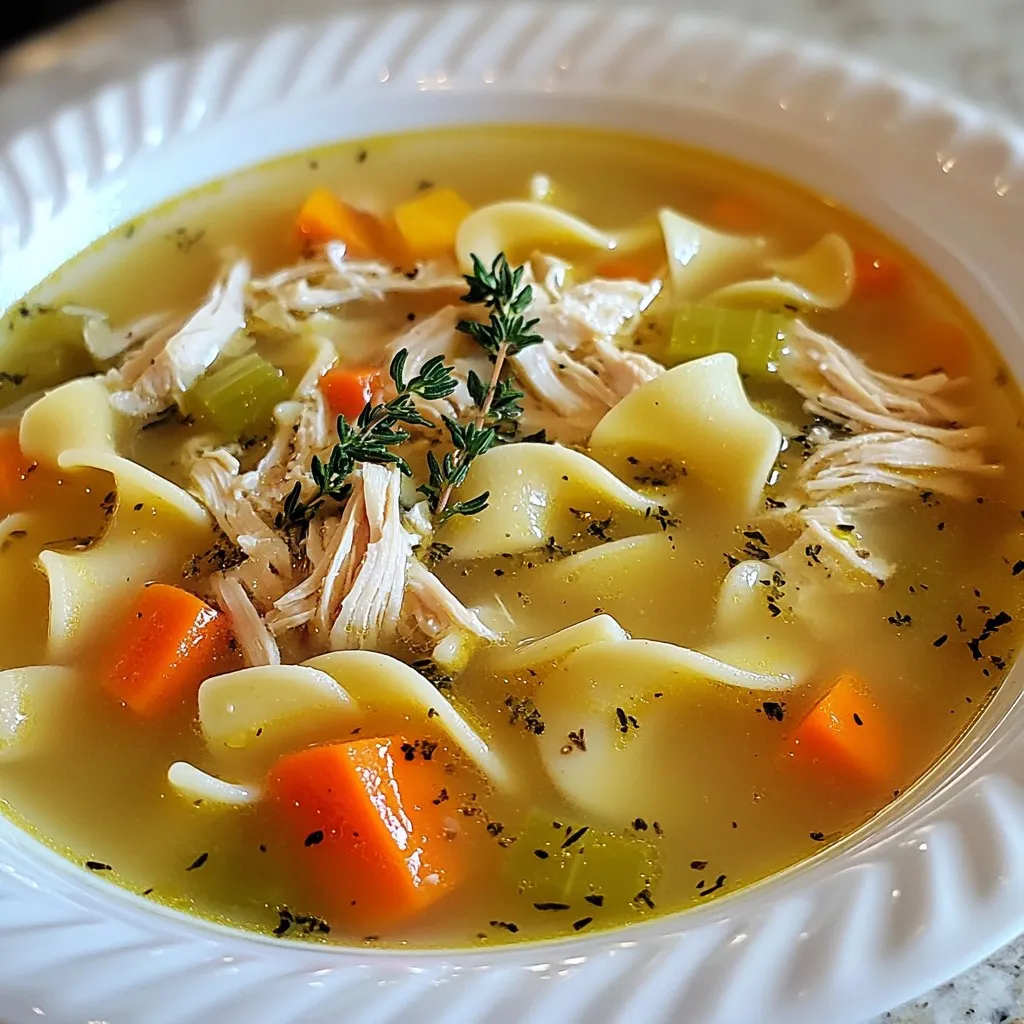For a tasty chicken noodle soup, you need these foods: - 2 boneless, skinless chicken breasts - 8 cups rich chicken broth - 2 medium carrots, freshly sliced - 2 celery stalks, finely diced - 1 medium onion, coarsely chopped - 3 cloves garlic, finely minced - 1 teaspoon dried thyme - 1 teaspoon dried oregano - 1 bay leaf - 2 cups egg noodles - Salt and black pepper to taste - 2 tablespoons extra virgin olive oil - Fresh parsley or dill, chopped for garnish These ingredients work together to create a warm and comforting dish. The chicken provides protein, while the broth adds rich flavor. Carrots and celery add crunch, and herbs give a fresh taste. To make this soup, gather these tools: - Large pot - Cutting board - Chef’s knife - Measuring spoons - Wooden spoon - Ladle Using the right tools helps you cook with ease. A large pot is key for simmering all the flavors together. A sharp knife ensures safe and quick chopping. Each serving of chicken noodle soup has about: - Calories: 250 - Protein: 20g - Fat: 7g - Carbohydrates: 30g - Fiber: 2g - Sodium: 800mg This soup is not only comforting but also nourishing. It offers a balance of protein, carbs, and healthy fats. You can enjoy this meal without guilt while getting essential nutrients. {{ingredient_image_2}} To start, gather your fresh vegetables. You will need two medium carrots, two celery stalks, and one medium onion. Slice the carrots into rounds, dice the celery finely, and chop the onion coarsely. This mix adds flavor and color to your soup. Take three cloves of garlic and mince them finely. The garlic will give your soup a nice aroma. In a large pot, heat two tablespoons of extra virgin olive oil over medium heat. Add the chopped onion, sliced carrots, and diced celery. Sauté these for about five minutes. Stir occasionally until the veggies soften and the onion turns translucent. Next, incorporate the minced garlic, one teaspoon of dried thyme, and one teaspoon of dried oregano. Cook for another two minutes to blend the flavors. Now, it's time for the chicken! Add two boneless, skinless chicken breasts, followed by eight cups of rich chicken broth. Toss in a bay leaf and a pinch of salt and pepper. Bring this mix to a rolling boil. Once boiling, reduce the heat to low and let it simmer for 20 to 25 minutes until the chicken is cooked through and tender. Carefully remove the chicken breasts from the pot and place them on a cutting board. Use two forks to shred the chicken into bite-sized pieces. Return the shredded chicken back to the pot. Stir in two cups of egg noodles and let the soup simmer for another ten minutes. This will cook the noodles until they are tender. Before serving, taste your soup. Adjust the seasoning with more salt and pepper if needed. Don't forget to remove the bay leaf! Ladle the hot soup into bowls and garnish with freshly chopped parsley or dill. This adds a lovely touch and brightens up the dish. Enjoy your warm and comforting chicken noodle soup! To boost your broth's taste, use homemade chicken broth. It adds deep flavor. If you can't make it, buy a good quality one. Adding a splash of lemon juice brightens the flavors. A few sprigs of fresh herbs, like thyme or parsley, can also enhance the taste. Simmer the broth longer to let the flavors mix well. For perfectly cooked egg noodles, follow the package instructions. Start with boiling salted water. Add the noodles and stir them gently. Cook until they are just al dente. This keeps them from getting mushy in the soup. Drain the noodles and add them to the soup at the end. This way, they soak up the broth without losing their bite. You can make this soup healthier by using less oil. Swap out the chicken breasts for lean chicken thighs. You can also add more veggies like spinach or kale. Use whole grain or veggie noodles for added fiber. If you want to cut sodium, choose low-sodium broth. These small changes keep the soup tasty while making it better for you. Pro Tips Use Homemade Broth: For the best flavor, consider using homemade chicken broth. It adds depth and richness to your soup. Customize Your Vegetables: Feel free to add or substitute other vegetables like peas or corn for extra nutrition and flavor. Perfect Noodle Texture: To avoid mushy noodles, cook them separately and add them to each bowl just before serving. Garnish for Freshness: A sprinkle of fresh herbs just before serving brightens the flavors and adds a pop of color to your dish. {{image_4}} You can easily boost the nutrition of your chicken noodle soup. Try adding veggies like green beans, peas, or corn. These add color and taste. You can also use bell peppers or zucchini for a fresh twist. Just chop them small and add them with the carrots and celery. They will cook nicely and mix well with the broth. If you want to change the protein, use turkey instead of chicken. Turkey gives a nice flavor, and it works well in soup. You can also try cooked beans or lentils for a plant-based option. These add protein and fiber, making the dish heartier. Just remember to add them toward the end of cooking so they heat through. For a gluten-free soup, use rice noodles or gluten-free pasta. These options cook quickly and absorb the broth well. Make sure to follow the package instructions for cooking times. You can also skip the noodles and serve the soup with rice for a different texture. This way, you can enjoy your classic soup without the gluten. To store your chicken noodle soup, let it cool first. Use an airtight container for best results. Place the soup in the fridge if you plan to eat it within 3 to 4 days. Make sure to leave some space in the container. This helps the soup expand as it cools. For longer storage, freezing works well. Use freezer-safe containers or bags. Leave some room for expansion again. Your soup can last up to 3 months in the freezer. When you are ready to eat it, take it out and thaw it overnight in the fridge. Reheating is simple. For the best taste, use a pot on the stove. Heat it over medium heat, stirring often. This helps the soup warm evenly. If the soup is too thick, add a splash of broth or water. You can also use a microwave, but watch it closely to avoid hot spots. Enjoy your comforting soup warm and fresh! Chicken noodle soup lasts about 3 to 4 days in the fridge. Make sure to store it in an airtight container. This keeps the soup fresh and safe to eat. Always check for any off smells or changes in color before enjoying leftovers. Yes, using rotisserie chicken is a great shortcut. It saves time and adds flavor. Just shred or chop the chicken and add it to the pot after cooking the veggies. This will cut down on your cooking time and still give you a tasty soup. Egg noodles are the best choice for chicken noodle soup. They cook quickly and soak up the broth well. Other options include wide noodles or even whole wheat noodles. Whatever you choose, make sure they are fresh for the best texture. You now know how to make a great chicken noodle soup. We covered essential ingredients, utensils, and nutritional info. I shared step-by-step cooking instructions and tips for better flavor. You also learned about recipe variations and how to store leftovers properly. With these insights, you can enjoy this classic dish in many ways. Whether you like it traditional or with a twist, it’s all about your tastes. Happy cooking!