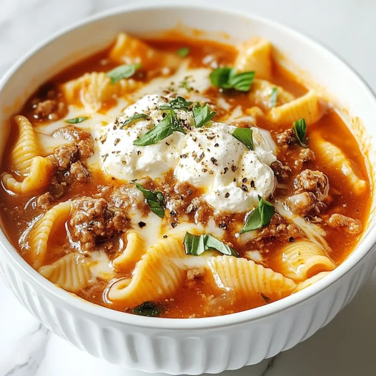 - 1 tablespoon olive oil - 1 medium onion, finely chopped - 3 cloves garlic, minced - 1 pound ground beef or Italian sausage - 2 cups uncooked small pasta (such as shells or elbow macaroni) To start, I always use olive oil for a rich flavor. I finely chop one medium onion and mince three cloves of garlic. These form the base of the soup. Next, I choose one pound of ground beef or Italian sausage. This adds great taste and protein. For the pasta, I prefer small shells or elbow macaroni. They cook quickly and grab the sauce well. - 1 teaspoon dried oregano - 1 teaspoon dried basil - 1/2 teaspoon red pepper flakes (optional for heat) - Salt and freshly ground black pepper to taste Seasonings bring life to the soup. I add one teaspoon each of dried oregano and dried basil. They give it that classic Italian flavor. If you want some heat, add half a teaspoon of red pepper flakes. Don’t forget to season with salt and pepper to taste. This step is key for flavor! - 4 cups chicken or vegetable broth - 1 can (15 oz) crushed tomatoes The broth is the heart of the soup. I use four cups of either chicken or vegetable broth. This creates a warm, comforting base. Next, I add one can of crushed tomatoes. This gives the soup a rich, tomato flavor that pairs perfectly with the pasta. - 1 cup ricotta cheese - 2 cups shredded mozzarella cheese To make the soup creamy, I mix in one cup of ricotta cheese. This gives it a smooth texture. Then, I stir in two cups of shredded mozzarella cheese. As it melts, it adds that delicious cheesy goodness we all love! {{ingredient_image_2}} - Heat 1 tablespoon of olive oil in a large pot over medium heat. - Add 1 finely chopped onion and sauté for about 3-4 minutes. The onion should be soft and clear. - Next, stir in 3 minced garlic cloves and cook for another minute. This adds a nice aroma to the mix. - Now, add 1 pound of ground beef or Italian sausage to the pot. - Use a wooden spoon to break the meat apart as it cooks. - Brown the meat for 5-7 minutes. If there is extra grease, drain it off to keep the soup light. - Sprinkle in 1 teaspoon of dried oregano and 1 teaspoon of dried basil. - If you like heat, add 1/2 teaspoon of red pepper flakes. - Don’t forget to season with salt and freshly ground black pepper to taste. Stir everything for 2 minutes to mix the flavors well. - Pour in 4 cups of chicken or vegetable broth and 1 can (15 oz) of crushed tomatoes. - Stir well to combine all the ingredients. Bring the mixture to a rolling boil. - Once boiling, add 2 cups of uncooked small pasta, like shells or elbow macaroni. Lower the heat and simmer for 10-12 minutes, stirring to prevent sticking. - Gently mix in 1 cup of ricotta cheese. This will make the soup rich and creamy. - Then, add 2 cups of shredded mozzarella cheese and stir until it melts evenly into the soup. - Taste the soup and adjust the seasonings if needed. Add more salt or pepper to suit your taste. - Preventing pasta from sticking: Stir the pasta often while it cooks. This helps keep it separate. You can also add a splash of olive oil to the pot for extra slickness. - How to make the soup creamier: Mix in the ricotta cheese slowly. This will create a rich texture. You can also add more mozzarella cheese. It melts well and adds creaminess. - Best toppings: Fresh basil and grated Parmesan cheese make great toppings. They add flavor and color to your dish. - Ideal side dishes: Serve with garlic bread or crusty bread. These are perfect for dipping in the soup and soaking up the flavors. - Recommended pot types for best results: A large pot or Dutch oven works best. It holds all the ingredients and heats evenly. - Essential utensils for preparation: You will need a wooden spoon for stirring. A ladle is great for serving. Don't forget a sharp knife for chopping! Pro Tips Use Fresh Herbs: Fresh basil can elevate the flavor of your lasagna soup. Add it as a garnish just before serving for the best taste. Choose the Right Pasta: Opt for small pasta shapes like shells or elbow macaroni that hold the soup well, ensuring every bite is packed with flavor. Make it Vegetarian: Swap the meat for mushrooms or lentils for a hearty vegetarian version that’s just as satisfying! Leftover Storage: Store leftovers in an airtight container in the fridge for up to 3 days. Reheat gently on the stove, adding a splash of broth if needed. {{image_4}} You can make this soup meat-free by using plant-based meat. Try lentils or tempeh as a great substitute. You can also use mushrooms for texture. They have a rich flavor that adds depth. Don't forget to season them well. A little salt and some herbs will enhance the taste. While I love using small pasta like shells or elbow macaroni, you can try other shapes. Campanelle, bow ties, or even zoodles could work! Each pasta shape adds a unique twist to the soup. Just remember to adjust the cooking time based on the pasta you choose. Adding vegetables packs more nutrition into your soup. Spinach is a great option; it wilts down nicely. Mushrooms add umami and heartiness. Bell peppers bring a sweet crunch. Feel free to mix and match your favorites. This soup is so versatile; let your creativity shine! To store leftovers properly, let the soup cool first. Transfer it to an airtight container. You can keep it in the fridge for about three to four days. Make sure to seal it well to keep out air and moisture. If you want to enjoy it later, store it in single portions. This way, you can just grab what you need! For freezing One-Pot Lasagna Soup, wait until it cools down. Pour the soup into freezer-safe bags or containers. Leave some space at the top for expansion. Label each bag with the date and type of soup. You can freeze it for up to three months. When you're ready to eat, thaw it in the fridge overnight. To reheat effectively, use a pot on low heat. Stir the soup often to avoid sticking. If it looks too thick, add a splash of broth or water. Heat it until it’s hot all the way through. You want to keep all those great flavors intact! Enjoy your tasty bowl of soup just like it was fresh. Yes, you can make One-Pot Lasagna Soup ahead of time. To do this, cook the soup as directed. Let it cool completely. Store it in an airtight container in the fridge. It will stay fresh for up to three days. When you are ready to enjoy it, reheat it gently on the stove. Add a splash of broth if it thickens too much. Absolutely! You can use gluten-free pasta in this recipe. Look for gluten-free options like rice or corn pasta. They work well in soups. Just make sure to adjust the cooking time. Gluten-free pasta can cook faster than regular pasta. Keep an eye on it so it doesn't get mushy. Yes, you can play with different cheeses in this soup. For a different twist, try using cottage cheese instead of ricotta. You can also mix in some provolone or gouda for added flavor. Just remember to keep the mozzarella for that melty finish. It adds a great texture to the soup. Leftovers of One-Pot Lasagna Soup last about three to four days in the fridge. Store them in a sealed container to keep them fresh. If you want to keep them longer, consider freezing the soup. It can last up to three months in the freezer. Just let it cool before freezing and reheat it when you're ready to eat. You now have a complete guide to making One-Pot Lasagna Soup. From the key ingredients like ground meat and creamy cheeses to the step-by-step instructions, you can create a delicious meal. Remember to explore variations for your taste and store leftovers properly for later enjoyment. This soup is warm, filling, and perfect for sharing. Enjoy your cooking and the delightful flavors you will bring to your table!