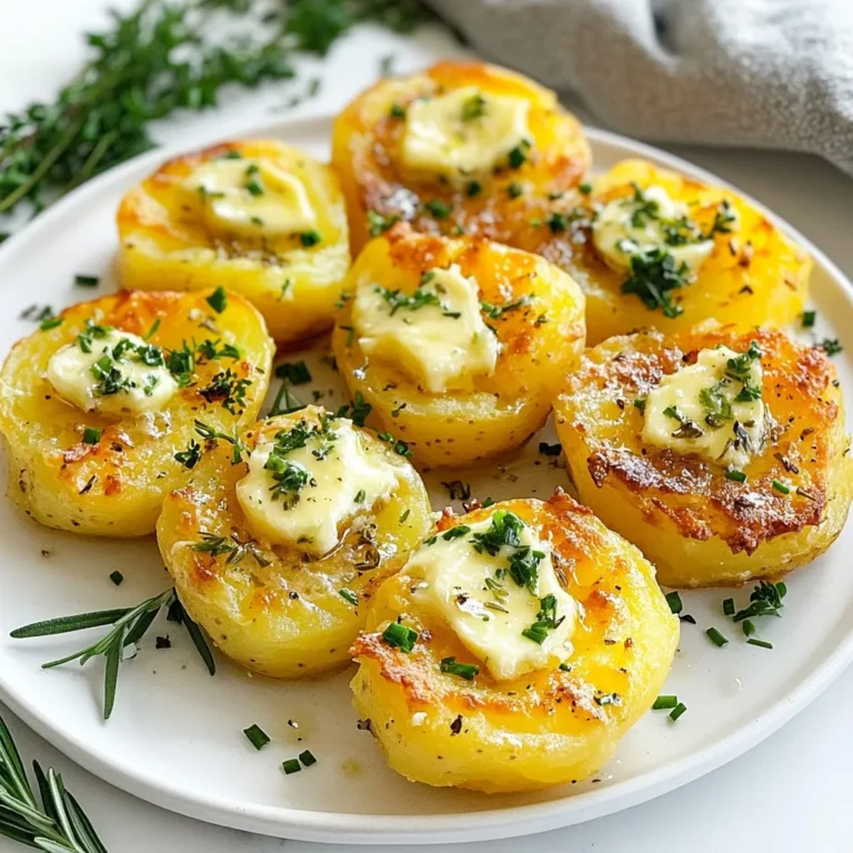 - 1.5 pounds small or baby potatoes (Yukon Gold or Red) - 4 tablespoons unsalted butter, softened - 4 cloves garlic, finely minced - 1 tablespoon fresh parsley, finely chopped - 1 tablespoon fresh chives, finely chopped - 1 tablespoon fresh rosemary, finely chopped - 1 teaspoon salt, plus more for boiling - ½ teaspoon freshly ground black pepper - Olive oil for drizzling For this recipe, I love using small Yukon Gold or Red potatoes. They cook well and have a nice, creamy texture. Using fresh herbs gives the garlic butter a vibrant taste. You can mix parsley, chives, and rosemary to create a lovely flavor blend. You will need unsalted butter for richness. Make sure it's softened to mix easily with the garlic and herbs. Minced garlic adds a strong and fragrant kick. Seasoning is key, so don't forget salt and black pepper to enhance the flavors. Finally, a drizzle of olive oil helps crisp up those potatoes in the oven. Now that you have your ingredients, you are ready to start cooking! {{ingredient_image_2}} Start by grabbing a large pot. Fill it with cold water. Add a teaspoon of salt to the water. Place the small potatoes in the pot. Make sure they are fully covered with water. Heat the pot on medium-high until the water boils. Once boiling, lower the heat to a gentle boil. Cook the potatoes for about 15 to 20 minutes. They should be fork-tender when done. While the potatoes boil, turn on your oven to 425°F (220°C). Preheating is key for roasting. It helps the potatoes get crispy and golden. In a medium-sized bowl, mix together the softened butter and minced garlic. Add the finely chopped parsley, chives, and rosemary. Sprinkle in a bit of salt and black pepper. Stir until everything is well combined. This mixture will add great flavor to the potatoes. After boiling, drain the potatoes using a colander. Let them cool for a few minutes. This makes them easier to handle. Line a baking sheet with parchment paper. Place the cooled potatoes on the sheet. With the bottom of a cup or a fork, gently smash each potato. They should be slightly flattened but still hold their shape. Drizzle a light coat of olive oil over the smashed potatoes. Make sure they are evenly coated. Next, take your garlic herb butter and dollop it generously on each potato. Cover them well for maximum flavor. Put the baking sheet in the preheated oven. Bake the potatoes for 20 to 25 minutes. Keep an eye on them. You want them crispy and golden brown. Check for that perfect crunch before taking them out. For smashed potatoes, I recommend using small or baby potatoes like Yukon Gold or Red. These types are creamy and hold their shape well when smashed. Aim for potatoes that are about the same size. This helps them cook evenly. If you have potatoes that vary in size, cut the larger ones to match. To achieve that perfect crispy texture, preheat your oven to 425°F (220°C). This high heat helps to create a crisp outer layer. Bake the potatoes for 20-25 minutes. Keep an eye on them to ensure they turn golden brown. If you want extra crispiness, broil them for a minute or two at the end. Feel free to enhance the flavor of your smashed potatoes. Try adding different herbs or spices to the garlic herb butter. For a kick, consider adding red pepper flakes. You could also use fresh thyme or even some smoked paprika. Each herb brings a unique taste that elevates the dish. Experimenting can lead to your new favorite flavor! Pro Tips Choose the Right Potatoes: For the best texture and flavor, use small, waxy potatoes like Yukon Gold or Red. These varieties hold their shape well when cooked and smashed. Perfectly Smash with Care: When smashing the potatoes, apply gentle pressure to avoid turning them into mashed potatoes. You want them to be flattened but still chunky! Customize Your Herb Butter: Feel free to mix and match herbs according to your preference. Fresh thyme or oregano can add a delightful twist to the garlic herb butter. Get Crispy Edges: Ensure the smashed potatoes are well-coated with olive oil before baking to achieve that desired crispy texture. A hot oven also helps in getting them golden brown! {{image_4}} You can make these potatoes even more delicious by adding cheese. After smashing the potatoes, create a small well in the center of each one. Then, fill it with your favorite cheese. Cheddar, mozzarella, or even goat cheese work great. Bake them until the cheese melts and bubbles up, making a gooey center. This adds a nice twist and extra flavor to the dish. If you like heat, spice things up with chili flakes or your favorite spice blend. When making the garlic herb butter, add about a teaspoon of chili flakes. You could also use spicy paprika or cayenne pepper. This will give your smashed potatoes a nice kick. Pair this spicy butter with fresh herbs for a bold flavor that will impress. For a vegan option, switch out the butter for plant-based alternatives. Use coconut oil or a vegan butter substitute. You can also enhance flavor by adding nutritional yeast to the garlic herb mixture. This will give your potatoes a cheesy taste without any dairy. Enjoy the same rich flavors while keeping it plant-based. To keep your smashed potatoes fresh, store them in an airtight container. Place a layer of parchment paper between the potatoes and the lid. This helps absorb moisture and keeps them crisp. Refrigerate them for up to three days. Before serving, check for any signs of spoilage. To reheat smashed potatoes, the oven works best. Preheat your oven to 400°F (200°C). Spread the potatoes on a baking sheet. Drizzle a little olive oil over them to help regain crispiness. Bake for about 10-15 minutes or until heated through. You want them hot and crispy, just like the first time. If you want to store smashed potatoes for longer, freezing is a great option. Allow the potatoes to cool completely before freezing. Place them in a single layer on a baking sheet and freeze for 1-2 hours. Once frozen, transfer them to a freezer bag. Label the bag and store for up to three months. When ready to eat, thaw them in the fridge overnight before reheating. Boil the potatoes for 15-20 minutes. They should be fork-tender when done. Test doneness by sticking a fork into a potato. If it goes in easily, they are ready. Don't overcook them; you want them soft but not falling apart. Yes, you can make garlic herb butter ahead of time. Mix the butter, garlic, and herbs, then store it in the fridge. It will stay fresh for about a week. Just let it sit out for a bit before using it. This will make it easier to spread on your potatoes. Smashed potatoes pair well with many dishes. Try serving them with grilled chicken, steak, or roasted vegetables. They also taste great with a side of salad. The creamy and crispy texture complements many meals. Absolutely! You can swap out herbs for your favorites. Try thyme, basil, or dill for a twist. Just use the same amount as the recipe calls for. This lets you customize the flavor to your taste. In this blog post, we explored how to make delicious smashed potatoes. We covered every step, from choosing the right potatoes to preparing garlic herb butter. You learned tips for perfect crispiness and creative variations like cheese-stuffed versions. Remember, storing your leftovers well keeps them tasty. Smashed potatoes are simple and fun to make. Enjoy your cooking and feel free to experiment with flavors. A little twist can transform the dish into something new!