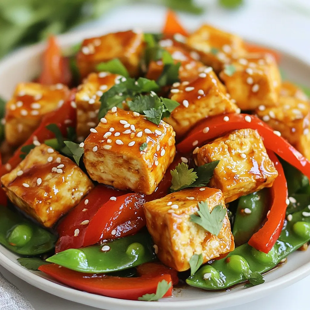 - 1 block (14 oz) firm tofu, pressed and cut into 1-inch cubes - 2 tablespoons cornstarch - 2 tablespoons vegetable oil, divided - 1 red bell pepper, thinly sliced - 1 cup snap peas, trimmed - 1 medium carrot, julienned - 3 green onions, chopped - 4 cloves garlic, minced - 1 teaspoon fresh ginger, grated - 3 tablespoons Sriracha sauce - 2 tablespoons soy sauce - 1 tablespoon honey or maple syrup - Salt and freshly ground black pepper to taste - Sesame seeds, for garnish - Fresh cilantro, for garnish - You can add lime wedges for a fresh twist. - Chopped peanuts bring a nice crunch. - Sliced chilies can add extra heat. These ingredients combine to create a dish full of flavor and fun. The crispy tofu pairs well with the vibrant veggies. Each element adds texture and taste. The Sriracha sauce brings the heat, while honey balances with sweetness. Enjoy mixing and matching these to suit your taste! {{ingredient_image_2}} First, press the tofu for at least 15 minutes. This helps remove extra moisture. Once pressed, cut the tofu into 1-inch cubes. Next, coat each cube in cornstarch. Make sure every side is covered. This will help the tofu become crispy when cooked. Heat a large skillet or wok over medium-high heat. Add 1 tablespoon of vegetable oil. Once the oil is hot, add the tofu cubes in a single layer. Cook for 2-3 minutes on each side. You want them golden brown and crispy. After cooking, transfer the tofu to a plate and set it aside. Add the remaining tablespoon of oil to the same skillet. Now, add the sliced red bell pepper, snap peas, and julienned carrot. Stir-fry for about 3-4 minutes. You want the veggies tender but still crisp and colorful. Next, add the minced garlic and grated ginger to the veggies. Stir for another minute until you smell the great aroma. This step adds a lot of flavor to your dish. Return the crispy tofu to the skillet with the veggies. Pour in the Sriracha sauce, soy sauce, and honey or maple syrup. Toss everything together. Make sure the tofu and vegetables are well coated in the sauce. Cook for another 1-2 minutes to allow the flavors to mix. Now, taste your stir-fry. Season it with salt and freshly ground black pepper to your liking. Once everything is hot and well mixed, remove the skillet from heat. Serve the stir-fry hot, garnished with sesame seeds and fresh cilantro. Enjoy your meal! Tofu can be tricky. To get it crispy, start with firm tofu. Press it for at least 15 minutes. This removes excess water, which helps it crisp up. After pressing, cut the tofu into 1-inch cubes. Coat these cubes with cornstarch. Make sure every side is covered. This will give the tofu a nice crunch when cooked. When frying, use medium-high heat and plenty of oil. Avoid overcrowding the pan; cook in batches if needed. Spice levels can change a dish's vibe. If you love heat, use more Sriracha. Start with the 3 tablespoons in the recipe. Taste it, then add more if you like it spicier. For a milder flavor, use less Sriracha. You can also add honey or maple syrup for sweetness, which balances the heat. Always remember, you control the spice! Stir-frying is all about speed and heat. Cut your veggies into even pieces. This helps them cook at the same rate. Start with the hardest veggies first, like carrots. Add softer veggies, like snap peas, later. Keep your stir-fry moving. This prevents burning and keeps the colors bright. Use a large skillet or wok for best results. A hot pan helps your veggies stay crisp and fresh. Pro Tips Press Tofu Properly: Ensure you press the tofu for at least 15 minutes to remove excess moisture. This step is crucial for achieving a crispy texture when frying. Use High Heat: Stir-frying requires high heat to quickly cook the ingredients while preserving their color and crunch. Make sure your oil is hot before adding the tofu and vegetables. Adjust Spice Level: Feel free to adjust the amount of Sriracha according to your spice tolerance. You can also add a splash of water if the sauce becomes too thick. Garnish for Flavor: Don't skip the sesame seeds and cilantro garnish! They add a delightful crunch and fresh flavor that enhances the overall dish. {{image_4}} If Sriracha is too spicy for you, try these options: - Chili Garlic Sauce: It adds heat and a nice garlic flavor. - Hot Sauce: Choose your favorite type. It can change the taste. - Sweet Chili Sauce: This sauce offers sweetness with a mild kick. - Sambal Oelek: A chili paste that packs a punch but is less sweet. Each of these sauces can give your dish a unique twist while adjusting the heat. You can boost this stir-fry by adding more veggies. Here are some great choices: - Broccoli: It adds crunch and is very healthy. - Zucchini: Sliced thin, it cooks quickly and absorbs flavors well. - Mushrooms: They add umami and a nice texture. - Baby Corn: These sweet bites bring fun and color to the dish. Feel free to mix and match based on what you have at home. If you want to switch out the tofu, there are many tasty options: - Chicken: Cut into cubes and cook until golden. - Shrimp: A quick-cooking protein that pairs well with the sauce. - Tempeh: A fermented soy product that offers a nutty flavor. - Seitan: A wheat-based meat that is chewy and full of protein. Try these substitutes and enjoy a different flavor profile with every meal! To store leftover stir-fry, let it cool first. Place it in an airtight container. It can stay fresh in the fridge for 3 to 4 days. Make sure to keep the tofu and veggies together to maintain flavor. When ready to eat, reheat the stir-fry on the stove. Use a skillet over medium heat. Add a splash of water or oil to keep it moist. Stir often until it’s hot. You can also microwave it in a safe dish. Heat for 1-2 minutes, stirring halfway through. You can freeze the stir-fry if you have extra. Use freezer-safe bags or containers. It lasts for up to 3 months in the freezer. To thaw, move it to the fridge overnight. Reheat it on the stove or in the microwave as described earlier. Freezing may change the texture slightly, but it will still taste great! You can make Sriracha sauce at home with simple ingredients. Mix 1 cup of red chili peppers, 4 cloves of garlic, 1/4 cup of vinegar, 2 tablespoons of sugar, and a pinch of salt. Blend until smooth. Adjust the heat by adding more or fewer peppers. Let it sit in a jar for about a week for the best flavor. Yes, you can use firm tofu. However, extra-firm tofu holds its shape better. Firm tofu may become softer when cooked. If you use firm tofu, press it longer to remove moisture. This helps it stay more intact during cooking. Spicy Sriracha Tofu Stir-Fry pairs well with rice or noodles. You can also serve it with a side of steamed broccoli or a fresh salad. Feel free to add more vegetables like bell peppers or carrots for extra crunch. - Is this recipe suitable for meal prep? Yes, this recipe is great for meal prep. You can store the stir-fry in airtight containers. It keeps well in the fridge for up to 4 days. Just reheat it when you are ready to eat. - How long does cooked tofu last in the fridge? Cooked tofu lasts about 4 to 5 days in the fridge. Make sure to store it in an airtight container. If you notice any strange smells or colors, throw it away. This blog post covers how to make a tasty Spicy Sriracha Tofu Stir-Fry. We explored the main and optional ingredients, step-by-step cooking, and helpful tips. You learned how to get crispy tofu and adjust spice levels. We also discussed variations and storage tips for leftovers. Remember, you can mix it up with veggies or different proteins. This dish is easy, fun, and perfect for meal prep. Enjoy making your stir-fry, and don’t hesitate to get creative!