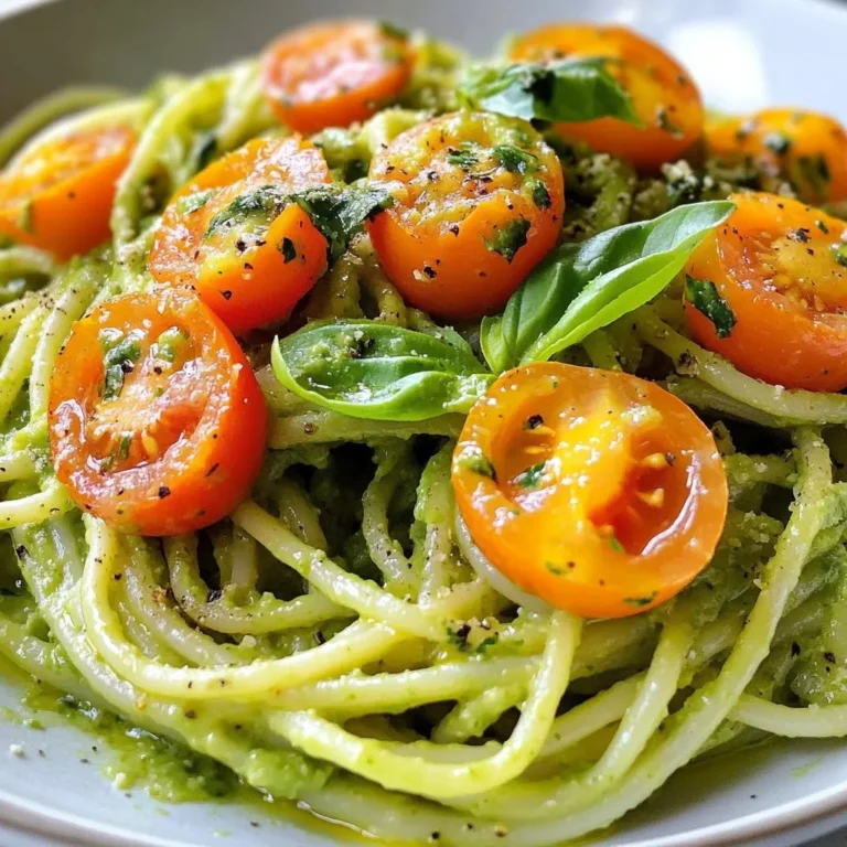 To make creamy avocado pasta, you need simple and fresh ingredients. Here’s what you will need: - Ripe avocados - Extra virgin olive oil - Garlic - Lemon juice - Fresh basil leaves - Red chili flakes (optional) - Sea salt and black pepper - Pasta of choice - Grated Parmesan cheese (optional) - Cherry tomatoes for garnish Ripe avocados are key. They should feel soft when you gently squeeze them. Extra virgin olive oil adds rich flavor. Fresh garlic gives the dish a nice kick. Lemon juice brightens the taste. Fresh basil leaves make everything smell great. If you like heat, add red chili flakes. Use sea salt and black pepper to enhance flavors. Choose any pasta you like, but spaghetti works well. Grated Parmesan cheese adds a savory touch, but it’s not needed. Finally, cherry tomatoes make a colorful garnish. These ingredients come together to create a creamy and delicious meal that’s easy to make. {{ingredient_image_2}} To start, bring a large pot of water to a boil. Add a good amount of salt. This step adds flavor to the pasta. Once boiling, add 12 ounces of spaghetti. Cook it according to the package instructions, usually about 8 to 10 minutes. You want it to be tender but still firm. Before you drain the pasta, save about 1/2 cup of the starchy pasta water. This water helps the sauce stick better later. Drain the pasta in a colander and set it aside. While the pasta cooks, grab two ripe avocados. Peel and pit them, then scoop the flesh into a blender. Add 2 tablespoons of extra virgin olive oil, 2 minced garlic cloves, and the juice of one lemon. Toss in 1/4 cup of chopped fresh basil leaves and a pinch of red chili flakes if you like a little heat. Add sea salt and black pepper to taste. Blend everything on high until it’s smooth and creamy. If it’s too thick, you can add some reserved pasta water bit by bit. This will help you get the perfect creamy texture. In a large mixing bowl, combine the drained pasta with the avocado sauce. Gently toss the pasta so it gets fully coated in the creamy sauce. If you want to add a touch of richness, fold in 1/4 cup of grated Parmesan cheese. This step is optional but adds a lovely savory flavor. To serve, place the creamy avocado pasta on plates. For a pop of color, garnish with halved cherry tomatoes. You can also add a sprinkle of fresh black pepper or more basil leaves on top. It looks nice and tastes even better! Enjoy your delicious dish! To make creamy avocado pasta, you need ripe avocados. Look for avocados that yield slightly when you press gently. A dark green or black skin often means ripeness. If they feel hard, let them sit at room temperature for a few days. If you can’t find fresh avocados, consider using ripe bananas or blended peas. They won’t taste the same, but they can add creaminess. To enhance the flavor, adjust the seasoning as you blend. Start with sea salt and black pepper. You can always add more later. If you want a kick, mix in red chili flakes. For extra flavor, try adding sun-dried tomatoes or grilled chicken. Fresh herbs like cilantro or parsley can also brighten the dish. To prevent pasta from sticking, stir it well during the first few minutes of cooking. Use a large pot with plenty of water. This helps keep the pasta moving. When blending the sauce, ensure your blender is powerful. Blend until the sauce is smooth and creamy. If it’s too thick, add some reserved pasta water. This will help you reach the right consistency. Pro Tips Use Ripe Avocados: Ensure your avocados are perfectly ripe for the creamiest texture. They should yield slightly to gentle pressure when squeezed. Customize Your Pasta: Feel free to experiment with different types of pasta, such as whole wheat or gluten-free, to match your dietary preferences. Extra Flavor Boost: Consider adding a handful of spinach or kale to the blender for added nutrients and a pop of color in your sauce. Serving Temperature: This dish is best served immediately after preparation. If you need to store leftovers, keep them in an airtight container in the fridge for up to a day. {{image_4}} You can use many types of pasta for this dish. Here are some options: - Gluten-free options: Use gluten-free pasta made from rice or corn. They cook well and taste great. - Alternatives to spaghetti: Try penne, fusilli, or even zoodles (zucchini noodles) for a fun twist. Adding ingredients can make your dish more exciting. Consider these options: - Adding vegetables: Toss in some spinach, peas, or cherry tomatoes for color and nutrients. - Incorporating proteins: Chicken or shrimp can boost the protein in the meal. Sauté them separately and mix them in. You can make this dish vegan-friendly easily. Here’s how: - Substitutes for Parmesan cheese: Try nutritional yeast for a cheesy flavor without dairy. - Dairy-free adjustments to the sauce: Replace any cream or cheese with a bit of nut milk for creaminess. These variations let you customize your creamy avocado pasta to fit your taste. Enjoy the cooking process! To keep your creamy avocado pasta fresh, store it in an airtight container. Make sure to place it in the fridge right away. This will help the flavors stay strong. Leftovers can last about 2 to 3 days. If you wait too long, the avocado may brown and change taste. When reheating pasta, use the stove for the best results. Place the pasta in a pan over low heat. Add a splash of water or olive oil. Stir gently to warm it up. This will help maintain the creaminess of the sauce. Avoid using the microwave, as it can make the sauce dry. You can freeze avocado pasta, but be careful. Freezing can change the texture of the avocado. If you want to freeze it, do so before mixing in any cheese. Place the pasta in a freezer-safe bag or container. When you want to eat it, thaw it in the fridge overnight. Reheat gently on the stove, adding water to restore creaminess. To keep your avocado sauce fresh, store it properly. Use an airtight container. Press plastic wrap directly on the surface of the sauce. This limits air contact and slows browning. You can also add a bit more lemon juice. The acid helps slow down oxidation. If you need it for later, keep it in the fridge. Use it within a day for the best taste and color. Yes, you can prep parts of the dish ahead. Cook the pasta and store it in the fridge. Keep it in an airtight container. Make the avocado sauce and store it separately. Combine them right before serving for the best flavor. If you make it a day early, be sure to check for browning. Use the tips above to keep it fresh. Many sides pair well with creamy avocado pasta. Here are a few ideas: - Garlic bread: Crunchy and buttery, it’s always a hit. - Green salad: A light salad adds freshness to the meal. - Roasted veggies: Try zucchini or bell peppers for color and taste. - Grilled chicken: For added protein, grilled chicken works great. - Wine: A light white wine can complement the dish nicely. These options enhance the meal and add variety. Enjoy experimenting! This blog post showed you how to make a creamy avocado pasta dish. You learned about the best ingredients and cooking methods. I shared tips for selecting ripe avocados and enhancing the flavor. You also found ways to store leftovers and reheating methods. In the world of pasta, this recipe stands out. Simple steps and fresh ingredients create a meal that impresses. Try this dish for a quick dinner or a fancy gathering. Enjoy every bite while knowing you can customize it to your taste. Happy cooking!