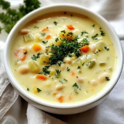 - 2 cups canned white beans (like cannellini or great northern), thoroughly rinsed and drained - 1 medium onion, finely chopped - 2 cloves garlic, minced - 2 medium carrots, diced into small cubes - 2 celery stalks, diced - 4 cups vegetable broth (preferably low-sodium) - 1 cup coconut milk (for a rich, creamy texture) - 1 teaspoon dried thyme (or fresh if available) - 1 teaspoon smoked paprika (for a hint of smokiness) - Salt and black pepper to taste - 2 tablespoons olive oil (for saut&eacute;ing) - Fresh parsley, finely chopped (for a burst of color and flavor, to garnish) This soup has a base that is simple yet full of flavor. The canned white beans form the heart of the dish. They add creaminess and protein. Choosing cannellini or great northern beans works best. Next, fresh vegetables bring life to the soup. Onion, garlic, carrots, and celery add depth and sweetness. Saut&eacute;ing them enhances their flavors. The vegetable broth adds a rich base. I prefer low-sodium broth to control the salt level. Coconut milk gives the soup a smooth, creamy finish. You can enhance the flavor with dried herbs and spices. Thyme adds an earthy note. Smoked paprika gives a subtle warmth. Don&rsquo;t forget salt and black pepper to taste. Fresh parsley not only brightens the soup but also adds a pop of color. It&rsquo;s a simple way to make your dish look more inviting. These ingredients come together to create a comforting and satisfying white bean soup. {{ingredient_image_2}} Start by heating 2 tablespoons of olive oil in a large pot over medium heat. Let the oil warm for about a minute. Once hot, add 1 medium chopped onion, 2 diced medium carrots, and 2 diced celery stalks. Saut&eacute; these veggies for 5 to 7 minutes. Stir them often until the onion is soft and turns translucent. This step builds a solid base for your soup. Next, add 2 minced garlic cloves to the pot. Cook for another 1 to 2 minutes. Stir constantly to keep the garlic from burning. You want to release that rich garlic aroma without overcooking it. Now it's time to build your soup. Add 2 cups of rinsed canned white beans to the pot. Then pour in 4 cups of vegetable broth. Sprinkle in 1 teaspoon of dried thyme and 1 teaspoon of smoked paprika. Stir everything well. Raise the heat to bring the mixture to a gentle boil. When it starts boiling, reduce the heat. Let the soup simmer uncovered for about 15 to 20 minutes. This allows all the flavors to meld together nicely. After simmering, grab your immersion blender. Puree the soup until it&rsquo;s creamy but still has some texture. If you don&rsquo;t have an immersion blender, carefully transfer 2 cups of the soup to a regular blender. Blend it until smooth, then return it to the pot. Stir in 1 cup of coconut milk. This adds a rich, creamy texture. Adjust the soup's seasoning by adding salt and black pepper to taste. Simmer it for another 5 minutes to heat through. When ready to serve, ladle the creamy white bean soup into bowls. Finish with a sprinkle of freshly chopped parsley for a burst of color and flavor. Enjoy your warm, comforting bowl of white bean soup! To ensure a creamy consistency, blend the soup well. An immersion blender works best for this. It lets you puree the soup right in the pot. If you use a standard blender, be careful. Blend in small batches and cover the top with a towel. This prevents hot soup from splattering. To enhance the soup's flavors, try adding a squeeze of lemon juice. It brightens the taste. You can also add a hint of chili flakes for heat. For toppings, fresh parsley adds color and flavor. A drizzle of olive oil gives it richness. You could even sprinkle some crispy bacon or croutons for crunch. These small touches make your soup even better! Pro Tips Use Fresh Herbs: Fresh thyme can elevate the flavor of the soup significantly, providing a bright and aromatic touch compared to dried herbs. Adjust Creaminess: For an even creamier soup, add more coconut milk or a splash of heavy cream if you're not strictly plant-based. Enhance the Flavor: A splash of lemon juice just before serving can brighten up the soup and enhance its overall flavor profile. Store Properly: This soup can be stored in the refrigerator for up to 4 days. Reheat gently on the stove to maintain its creamy texture. {{image_4}} You can easily adapt this white bean soup to fit your diet. For a vegan option, simply use vegetable broth and coconut milk. Both are plant-based and add great flavor. This soup is also gluten-free. Make sure to check the broth label to confirm it is gluten-free. If you want to lower the sodium, look for low-sodium vegetable broth. You can skip the salt or use salt-free seasonings. This way, you still enjoy a tasty soup without the extra sodium. Feel free to switch up the beans in this recipe. You can use navy beans, pinto beans, or even black beans. Each type brings its own flavor and texture. You can also swap the carrots and celery for other veggies. Try zucchini, bell peppers, or even spinach. They add color and nutrients. For herbs, thyme is great, but you can also use rosemary or oregano for a different taste. If you want a kick, add cumin or chili powder. Each change can give your soup a whole new vibe! To store leftover white bean soup, follow these steps: - Let the soup cool to room temperature. - Transfer it to an airtight container. - Place the container in the fridge. This soup will stay fresh for about 3 to 5 days. For longer storage, consider freezing it. For freezing: - Use freezer-safe containers or heavy-duty freezer bags. - Leave some space for the soup to expand. - Label with the date before freezing. The soup can last up to 3 months in the freezer. Reheating your white bean soup is easy. Here are some methods to keep the texture nice: - Stovetop: Pour the soup into a pot. Heat over medium heat, stirring often. This keeps it creamy and prevents sticking. - Microwave: Use a microwave-safe bowl. Cover loosely to avoid splatter. Heat in 1-minute intervals, stirring between each. If you want a creamier texture when reheating, add a splash of coconut milk or broth. This helps refresh the soup's creamy quality. You can serve white bean soup with many tasty sides. Here are some great ideas: - Crusty whole-grain bread for dipping - A fresh green salad with lemon vinaigrette - Grated cheese, like Parmesan or feta, on top - A sprinkle of chili flakes for heat - Fresh herbs, like basil or cilantro, to enhance flavor These options will make your meal more exciting and complete. Yes, you can use dried beans! Here&rsquo;s how to prepare them: 1. Soak the beans: Place 1 cup of dried white beans in a bowl. Cover them with water and let them soak overnight. 2. Cook the beans: Drain and rinse the beans. In a pot, add the soaked beans and cover them with fresh water. Bring to a boil, then lower the heat. Simmer for about 1 to 1.5 hours until the beans are soft. 3. Use in the recipe: Once cooked, drain the beans and add them to your white bean soup as you would with canned beans. This method gives you fresh beans that are full of flavor. White bean soup stays good in the fridge for about 3 to 5 days. Follow these tips for safe storage: - Cool the soup: Let it cool to room temperature before storing. - Use airtight containers: Transfer the soup to airtight containers to keep it fresh. - Label and date: Write the date on the container, so you know when you made it. If you want to keep it longer, consider freezing it. White bean soup can last for up to 3 months in the freezer. This blog post laid out how to make a delicious white bean soup. We covered all the essential ingredients, like canned white beans and fresh veggies. I shared step-by-step instructions, tips for perfect texture, and ideas for variations to fit your diet. Remember to store leftovers properly to keep them fresh. With these guidelines, you can make a tasty soup that warms your soul. Enjoy your cooking journey and the meals you create!