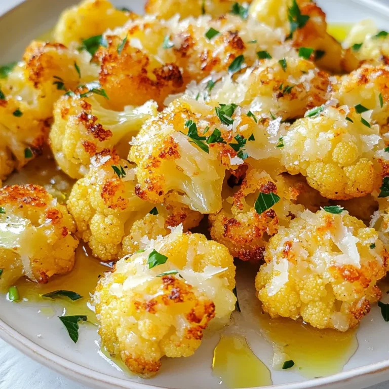 - 1 medium head of cauliflower - 3 tablespoons extra virgin olive oil - 4 cloves garlic, finely minced - 1/2 cup freshly grated Parmesan cheese - 1 teaspoon garlic powder - 1/2 teaspoon smoked paprika - 1/2 teaspoon sea salt - 1/4 teaspoon freshly ground black pepper - 2 tablespoons fresh parsley, finely chopped - Optional: lemon wedges for serving The main ingredients in this dish create a nice balance of flavors. The cauliflower serves as a great base. It has a mild taste that absorbs all the seasonings. The olive oil adds richness, while the minced garlic gives a strong aroma. The Parmesan cheese brings a salty, nutty flavor that makes everything better. The seasoning ingredients enhance the dish. Garlic powder boosts the garlic flavor, adding depth. Smoked paprika gives a hint of smokiness that you will love. Sea salt brings out the natural sweetness of the cauliflower, while black pepper adds just the right kick. For garnishes, fresh parsley adds a pop of color and freshness. The lemon wedges are a fun touch. They brighten the dish with a quick squeeze before serving. This combination makes Garlic Parmesan Roasted Cauliflower a standout side dish. {{ingredient_image_2}} - Set the oven to 425°F (220°C) - Prepare the baking sheet with parchment paper Start by preheating your oven. This step is key to getting your cauliflower nice and crispy. While the oven warms up, grab a large baking sheet and line it with parchment paper. This makes cleanup easier and helps the cauliflower roast evenly. - Combine cauliflower florets with olive oil and seasonings - Toss to coat thoroughly Next, take a mixing bowl and add the cauliflower florets. Pour in three tablespoons of extra virgin olive oil. Then, add in the minced garlic, garlic powder, smoked paprika, sea salt, and black pepper. Use your hands or a spoon to mix everything well. You want each floret to be coated with the flavorful mix. - Spread cauliflower in a single layer - Importance of not overcrowding for even roasting Now, spread the seasoned cauliflower on the prepared baking sheet. Make sure the florets are in a single layer. Avoid overcrowding them; this helps them roast evenly and become crispy. If they are too close, they will steam instead of roast. - Roast for 20 minutes, stirring halfway through Place the baking sheet in the oven and roast for 20 minutes. About halfway through, take them out and stir gently. This ensures even cooking and browning on all sides. - Sprinkle grated Parmesan over roasted cauliflower - Roast for an additional 10-15 minutes After the initial roasting, it’s time for cheese! Remove the baking sheet and sprinkle half a cup of freshly grated Parmesan over the cauliflower. Return it to the oven for another 10 to 15 minutes. Look for golden brown cheese and tender florets with crispy edges. - Drizzle with olive oil and add parsley before serving Once your cauliflower is done, take it out of the oven. For a final touch, drizzle a bit more olive oil over it. Add fresh chopped parsley for color and flavor. Now, it’s ready to serve! Enjoy this delicious side dish with your favorite main courses. - Ideal spacing of cauliflower florets: Spread the florets out on your baking sheet. Give them space to breathe. Crowding will make them steam, not roast. Aim for a single layer for best results. - Avoiding sogginess during roasting: Use parchment paper on the baking sheet. This helps the florets crisp up. Make sure your oven is hot enough at 425°F (220°C). The heat is key to getting that nice crunch. - Suggestions for additional spices or herbs: Try adding a pinch of cayenne for heat. Or use thyme and rosemary for more depth. Each herb can add a new twist to the taste. - Adjusting garlic levels for intensity: If you love garlic, add more minced cloves. You can also increase garlic powder for a stronger flavor. Just remember that too much can overpower. - Plating tips for visual appeal: Use a large platter to serve. Let the golden florets shine. Add a sprinkle of parsley on top for color. - Best sides or main dishes to pair with: This roasted cauliflower pairs well with grilled chicken or fish. It also works great next to quinoa or a fresh salad. Enjoy it with any main dish for a complete meal. Pro Tips Choose Fresh Cauliflower: Select a cauliflower head that is firm, with tightly packed florets and vibrant leaves for the best flavor and texture. Adjust Seasoning to Taste: Feel free to modify the amount of garlic, cheese, or spices based on your personal preference or dietary needs. Experiment with Cheese: Try mixing different cheeses like cheddar or mozzarella for a unique flavor twist while maintaining that cheesy goodness. Serve Immediately: For the best taste and texture, serve the roasted cauliflower right after cooking, as it can lose its crispness if left to sit. {{image_4}} You can switch up the cheese in this dish. Feta adds a tangy taste. This can brighten the flavor of the roasted cauliflower. If you need a dairy-free option, try nutritional yeast. It gives a cheesy flavor without the dairy. Vegan cheese also works well. Look for brands that melt nicely. Each cheese brings a unique twist to the dish. Want to spice things up? Add cayenne pepper for heat. It gives a nice kick to the roasted cauliflower. You could also sprinkle in some nutritional yeast for a savory touch. Mixing in other veggies can create a colorful roast. Carrots or bell peppers add sweetness. Broccoli or Brussels sprouts can give a crunch. These twists make the dish more fun and tasty. If you're gluten-free, you're in luck! This recipe is already gluten-free. For a dairy-free option, use vegan cheese. You can also skip the cheese entirely. Add more spices or herbs to keep the flavor strong. This way, everyone can enjoy Garlic Parmesan Roasted Cauliflower! To keep your Garlic Parmesan Roasted Cauliflower fresh, store it in the fridge. Place the leftovers in an airtight container. This helps keep moisture out and flavor in. Enjoy your dish within three to four days for the best taste. When you want to enjoy your leftovers, you can reheat them in two ways: the oven or microwave. For the oven, preheat it to 350°F (175°C). Spread the cauliflower on a baking sheet. Heat for about 10-15 minutes until warm. This method keeps the texture crispy. If you're short on time, use the microwave. Place the cauliflower in a microwave-safe dish. Heat in 30-second intervals until warm. Keep an eye on it to avoid sogginess. If you want to save some for later, you can freeze cooked cauliflower. Let it cool completely before placing it in a freezer bag. Remove as much air as possible. This helps prevent freezer burn. When you're ready to eat, defrost it in the fridge overnight. Reheat it in the oven or microwave as mentioned above. Enjoy the delicious flavors even after freezing! Garlic Parmesan Roasted Cauliflower lasts about 3 to 5 days in the fridge. Store it in an airtight container to keep it fresh. Make sure to let it cool before sealing it up. This way, you can enjoy the dish later without losing too much flavor or texture. Yes, you can make this recipe ahead of time. To prep in advance, follow these steps: - Roast the cauliflower until it is tender, about 20 minutes. - Let it cool, then store it in the fridge. - When ready to serve, reheat it in the oven at 375°F (190°C) for about 10 minutes. This way, it stays warm and tastes fresh. If you need a substitute for Parmesan cheese, try these options: - Nutritional yeast for a vegan choice. - Pecorino Romano for a similar flavor. - Grated mozzarella for a milder taste. These alternatives can fit different diets while still adding a nice flavor to your dish. To keep your cauliflower crispy, use these tips: - Spread the florets in a single layer on the baking sheet. - Avoid overcrowding them, as this traps steam. - Roast at a high temperature, like 425°F (220°C), for the best results. - Stir the florets halfway through cooking to ensure even roasting. Follow these steps, and you'll have that perfect, crispy texture! This recipe for Garlic Parmesan Roasted Cauliflower is simple and tasty. You learned about key ingredients, easy steps, and helpful tips. You can play with flavors and make it your own. Remember to store leftovers properly for the best taste later. With this dish, you can impress friends and family while enjoying healthy eating. Try it out, and you’ll see how delicious roasted cauliflower can be. Enjoy cooking!