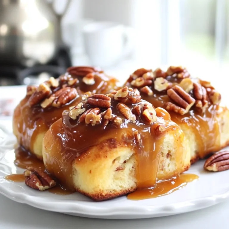 Here’s what you need to make these delicious sticky buns: - 2 cups all-purpose flour - 1/4 cup granulated sugar - 1 packet (2 1/4 teaspoons) active dry yeast - 1/2 cup warm milk (about 110°F) - 1/4 cup unsalted butter, melted - 1 large egg - 1/2 teaspoon salt - 1 tablespoon ground cinnamon - 1/2 cup packed brown sugar - 1/4 cup softened unsalted butter (for spreading) - 1 cup chopped pecans - 1 cup caramel sauce (store-bought or homemade) Sometimes you may not have all the ingredients. Here are some easy swaps: - Use almond milk instead of regular milk for a dairy-free option. - Swap out the all-purpose flour for whole wheat flour for more fiber. - If you don't have pecans, try walnuts or hazelnuts. - You can use maple syrup in place of caramel sauce for a unique flavor. Using fresh ingredients makes a big difference. Fresh flour helps create the best dough. Fresh yeast ensures your sticky buns rise well. Fresh pecans add crunch and flavor. Always check for freshness to get great results. It’s worth the extra effort to make your sticky buns taste amazing! {{ingredient_image_2}} To start, you need to wake up the yeast. In a small bowl, combine 1/2 cup of warm milk with 2 1/4 teaspoons of active dry yeast. Let it sit for about 5 minutes. You should see foam on top. This foam shows the yeast is active and ready to help your dough rise. In a large bowl, whisk together 2 cups of all-purpose flour, 1/4 cup of granulated sugar, and 1/2 teaspoon of salt. Make a well in the center. Pour in the yeast mixture, 1/4 cup of melted butter, and 1 large beaten egg. Mix it until a dough forms. Then, transfer the dough to a floured surface. Knead for 5 to 7 minutes until it feels smooth. If it sticks, add a little more flour. After kneading, shape the dough into a ball and place it in a greased bowl. Cover it with a towel and let it rise in a warm spot for about 1 hour. When it doubles in size, punch it down gently. Roll it out on a floured surface into a rectangle, about 12 by 18 inches. Spread 1/4 cup of softened butter over the dough. Sprinkle it with 1/2 cup of packed brown sugar and 1 tablespoon of ground cinnamon. Evenly add 1 cup of chopped pecans on top. Starting from one long edge, roll the dough tightly into a log. Pinch the seam to seal. Now, cut the log into 12 equal slices using a sharp knife. Place the slices cut-side up in a greased baking dish, leaving space between them. Drizzle 1 cup of caramel sauce over the rolls and sprinkle any leftover pecans on top. Cover the dish and let the rolls rise for another 30 minutes in a warm area, allowing them to puff up. Preheat your oven to 350°F (175°C). Bake the rolls for 25 to 30 minutes. They should turn golden brown and smell amazing. After baking, cool for about 10 minutes. To serve, invert the dish onto a platter. The caramel will flow over each sticky bun, making them irresistible. To get the best dough, use the right flour. All-purpose flour works well for these sticky buns. Make sure your milk is warm, not hot. This helps activate the yeast. Knead the dough until it feels smooth and elastic. If it sticks to your hands, add a little more flour. The right texture is soft yet firm. Temperature matters for rising dough. Keep it in a warm spot, away from drafts. If your kitchen is cool, try placing the dough near a warm oven. Cover it with a damp towel. This keeps the dough moist. Let it rise until it doubles in size, about an hour. If you want to speed things up, turn on the oven for a minute, then turn it off. Place the dough inside. For a fancy touch, add whole pecans on top. Drizzle extra caramel sauce before serving. You can also dust with powdered sugar for a sweet finish. Serve these sticky buns warm for the best flavor. They pair nicely with coffee or tea. Enjoy them as a breakfast treat or a dessert. Pro Tips Use Fresh Yeast: Ensure that your yeast is fresh and active for the best rise. If it doesn't foam after mixing with warm milk, it's time to replace it. Room Temperature Ingredients: For a smoother dough, make sure that your butter and egg are at room temperature before mixing them in. Knead Properly: Knead the dough until it is smooth and elastic. This develops the gluten, which is crucial for the structure of the sticky buns. Cooling Time: Allow the sticky buns to cool slightly before inverting them onto a platter. This helps the caramel set a bit, making them easier to serve. {{image_4}} If you want nut-free sticky buns, just skip the pecans. You can replace the nuts with seeds like sunflower or pumpkin seeds. These seeds add a nice crunch without any nuts. You can also add some sweet chocolate chips instead for a fun twist. You can mix up the flavors of your sticky buns easily. Try adding chocolate chips or cocoa powder to the dough for a rich taste. If you prefer fruit, consider chopped apples or pears for a fresh touch. You can even swirl in some jam for a fruity flavor. Each option gives you a unique treat. Toppings can change the whole vibe of your sticky buns. Instead of caramel sauce, you can use a simple glaze made from powdered sugar and milk. You might also enjoy cream cheese frosting for a rich finish. For a fruity touch, drizzle a fruit compote over the top. Each topping option offers a new way to enjoy your sticky buns. To keep your sticky buns fresh, place them in an airtight container. This will help keep them soft. If you have multiple layers, use parchment paper between them. Store them at room temperature for up to three days. You can also keep them in the fridge for a week, but this may dry them out. Freezing is a great option if you have extra sticky buns. Wrap each bun tightly in plastic wrap. Then, place them in a freezer-safe bag or container. They can last up to three months in the freezer. When you’re ready to enjoy them, simply thaw them in the fridge overnight. To reheat, first, take the buns out of the container. If they are frozen, let them thaw first. Preheat your oven to 350°F. Place the buns on a baking sheet. Cover them with foil to prevent them from drying out. Heat for about 10 to 15 minutes. You can also microwave them for about 20 seconds for a quick warm-up. Enjoy the gooey goodness! Serve these sticky buns warm for the best taste. I love to drizzle extra caramel sauce on top. You can also add a dusting of powdered sugar for a nice touch. Whole pecans on top look pretty and add texture. Place them on a nice platter for a beautiful display. The dough is ready when it has doubled in size. You can test it by gently pressing a finger into the dough. If the indent stays, it’s ready. If it springs back, let it rise a bit longer. This step helps create fluffy buns. Yes, you can prepare the dough the night before. After shaping the rolls, cover them and chill in the fridge. When you are ready, let them rise for about 30 minutes before baking. This makes it easy to enjoy fresh buns in the morning. If you don’t have caramel sauce, you can use maple syrup or honey. Both add sweetness and flavor. You can also make a quick homemade caramel with sugar and cream. Just be careful as it can get hot. In this post, we covered how to make delicious Caramel Pecan Sticky Buns. We discussed key ingredients, step-by-step baking instructions, and helpful tips. I shared tasty variations to suit your taste and easy storage methods for leftovers. Now you have everything you need to bake these sticky buns. Enjoy the process and share them with friends or family! You will impress everyone with your baking skills. Happy cooking!