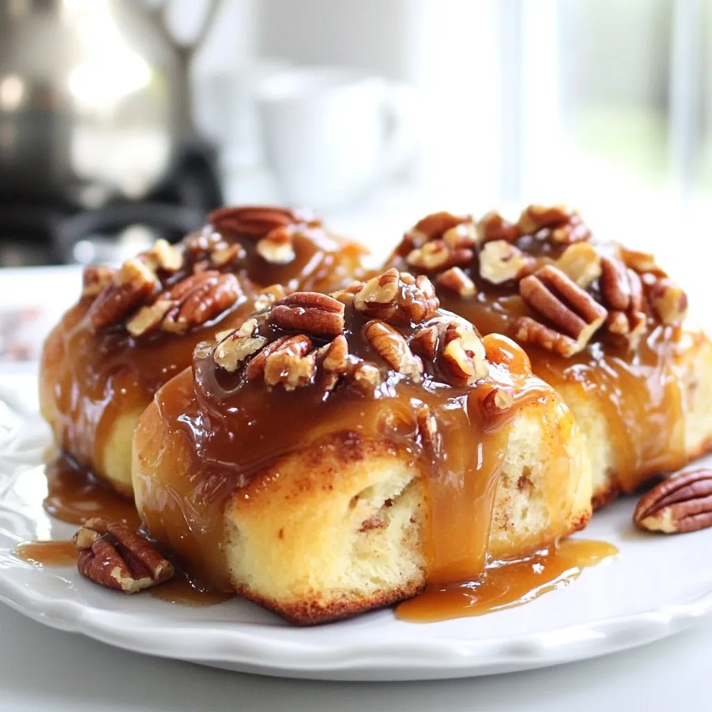 Here’s what you need to make these delicious sticky buns: - 2 cups all-purpose flour - 1/4 cup granulated sugar - 1 packet (2 1/4 teaspoons) active dry yeast - 1/2 cup warm milk (about 110°F) - 1/4 cup unsalted butter, melted - 1 large egg - 1/2 teaspoon salt - 1 tablespoon ground cinnamon - 1/2 cup packed brown sugar - 1/4 cup softened unsalted butter (for spreading) - 1 cup chopped pecans - 1 cup caramel sauce (store-bought or homemade) Sometimes you may not have all the ingredients. Here are some easy swaps: - Use almond milk instead of regular milk for a dairy-free option. - Swap out the all-purpose flour for whole wheat flour for more fiber. - If you don't have pecans, try walnuts or hazelnuts. - You can use maple syrup in place of caramel sauce for a unique flavor. Using fresh ingredients makes a big difference. Fresh flour helps create the best dough. Fresh yeast ensures your sticky buns rise well. Fresh pecans add crunch and flavor. Always check for freshness to get great results. It’s worth the extra effort to make your sticky buns taste amazing! {{ingredient_image_2}} To start, you need to wake up the yeast. In a small bowl, combine 1/2 cup of warm milk with 2 1/4 teaspoons of active dry yeast. Let it sit for about 5 minutes. You should see foam on top. This foam shows the yeast is active and ready to help your dough rise. In a large bowl, whisk together 2 cups of all-purpose flour, 1/4 cup of granulated sugar, and 1/2 teaspoon of salt. Make a well in the center. Pour in the yeast mixture, 1/4 cup of melted butter, and 1 large beaten egg. Mix it until a dough forms. Then, transfer the dough to a floured surface. Knead for 5 to 7 minutes until it feels smooth. If it sticks, add a little more flour. After kneading, shape the dough into a ball and place it in a greased bowl. Cover it with a towel and let it rise in a warm spot for about 1 hour. When it doubles in size, punch it down gently. Roll it out on a floured surface into a rectangle, about 12 by 18 inches. Spread 1/4 cup of softened butter over the dough. Sprinkle it with 1/2 cup of packed brown sugar and 1 tablespoon of ground cinnamon. Evenly add 1 cup of chopped pecans on top. Starting from one long edge, roll the dough tightly into a log. Pinch the seam to seal. Now, cut the log into 12 equal slices using a sharp knife. Place the slices cut-side up in a greased baking dish, leaving space between them. Drizzle 1 cup of caramel sauce over the rolls and sprinkle any leftover pecans on top. Cover the dish and let the rolls rise for another 30 minutes in a warm area, allowing them to puff up. Preheat your oven to 350°F (175°C). Bake the rolls for 25 to 30 minutes. They should turn golden brown and smell amazing. After baking, cool for about 10 minutes. To serve, invert the dish onto a platter. The caramel will flow over each sticky bun, making them irresistible. To get the best dough, use the right flour. All-purpose flour works well for these sticky buns. Make sure your milk is warm, not hot. This helps activate the yeast. Knead the dough until it feels smooth and elastic. If it sticks to your hands, add a little more flour. The right texture is soft yet firm. Temperature matters for rising dough. Keep it in a warm spot, away from drafts. If your kitchen is cool, try placing the dough near a warm oven. Cover it with a damp towel. This keeps the dough moist. Let it rise until it doubles in size, about an hour. If you want to speed things up, turn on the oven for a minute, then turn it off. Place the dough inside. For a fancy touch, add whole pecans on top. Drizzle extra caramel sauce before serving. You can also dust with powdered sugar for a sweet finish. Serve these sticky buns warm for the best flavor. They pair nicely with coffee or tea. Enjoy them as a breakfast treat or a dessert. Pro Tips Use Fresh Yeast: Ensure that your yeast is fresh and active for the best rise. If it doesn't foam after mixing with warm milk, it's time to replace it. Room Temperature Ingredients: For a smoother dough, make sure that your butter and egg are at room temperature before mixing them in. Knead Properly: Knead the dough until it is smooth and elastic. This develops the gluten, which is crucial for the structure of the sticky buns. Cooling Time: Allow the sticky buns to cool slightly before inverting them onto a platter. This helps the caramel set a bit, making them easier to serve. {{image_4}} If you want nut-free sticky buns, just skip the pecans. You can replace the nuts with seeds like sunflower or pumpkin seeds. These seeds add a nice crunch without any nuts. You can also add some sweet chocolate chips instead for a fun twist. You can mix up the flavors of your sticky buns easily. Try adding chocolate chips or cocoa powder to the dough for a rich taste. If you prefer fruit, consider chopped apples or pears for a fresh touch. You can even swirl in some jam for a fruity flavor. Each option gives you a unique treat. Toppings can change the whole vibe of your sticky buns. Instead of caramel sauce, you can use a simple glaze made from powdered sugar and milk. You might also enjoy cream cheese frosting for a rich finish. For a fruity touch, drizzle a fruit compote over the top. Each topping option offers a new way to enjoy your sticky buns. To keep your sticky buns fresh, place them in an airtight container. This will help keep them soft. If you have multiple layers, use parchment paper between them. Store them at room temperature for up to three days. You can also keep them in the fridge for a week, but this may dry them out. Freezing is a great option if you have extra sticky buns. Wrap each bun tightly in plastic wrap. Then, place them in a freezer-safe bag or container. They can last up to three months in the freezer. When you’re ready to enjoy them, simply thaw them in the fridge overnight. To reheat, first, take the buns out of the container. If they are frozen, let them thaw first. Preheat your oven to 350°F. Place the buns on a baking sheet. Cover them with foil to prevent them from drying out. Heat for about 10 to 15 minutes. You can also microwave them for about 20 seconds for a quick warm-up. Enjoy the gooey goodness! Serve these sticky buns warm for the best taste. I love to drizzle extra caramel sauce on top. You can also add a dusting of powdered sugar for a nice touch. Whole pecans on top look pretty and add texture. Place them on a nice platter for a beautiful display. The dough is ready when it has doubled in size. You can test it by gently pressing a finger into the dough. If the indent stays, it’s ready. If it springs back, let it rise a bit longer. This step helps create fluffy buns. Yes, you can prepare the dough the night before. After shaping the rolls, cover them and chill in the fridge. When you are ready, let them rise for about 30 minutes before baking. This makes it easy to enjoy fresh buns in the morning. If you don’t have caramel sauce, you can use maple syrup or honey. Both add sweetness and flavor. You can also make a quick homemade caramel with sugar and cream. Just be careful as it can get hot. In this post, we covered how to make delicious Caramel Pecan Sticky Buns. We discussed key ingredients, step-by-step baking instructions, and helpful tips. I shared tasty variations to suit your taste and easy storage methods for leftovers. Now you have everything you need to bake these sticky buns. Enjoy the process and share them with friends or family! You will impress everyone with your baking skills. Happy cooking!