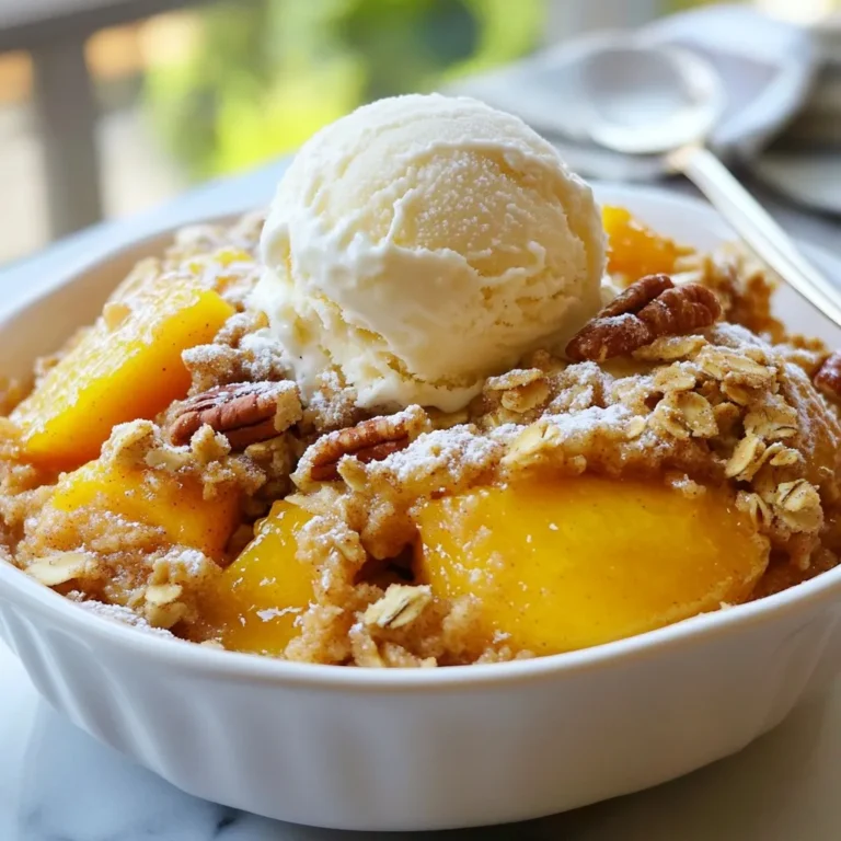 To make this tasty peach cobbler dump cake, you'll need: - 2 cans (15 oz each) sliced peaches in syrup, drained (or 4 cups fresh peaches, sliced) - 1 cup packed brown sugar - 1 teaspoon ground cinnamon - 1 box (15.25 oz) yellow cake mix - 1 cup rolled oats - 1 cup unsalted butter, melted - ½ cup chopped pecans (optional) - Vanilla ice cream (for serving, optional) You can add some fun touches to boost the flavor. Try: - A splash of vanilla extract for warmth. - A pinch of nutmeg for extra spice. - Fresh mint leaves for a refreshing twist. These simple options can elevate your dessert. If you want to switch things up, here are some ideas: - Use brown sugar instead of white for a deeper flavor. - Swap out pecans for walnuts or almonds, if you prefer. - Use gluten-free cake mix for a gluten-free version. - If you don’t have fresh peaches, you can use other fruits. Try apples or berries for a different taste. These swaps make it easy to customize your cake. {{ingredient_image_2}} First, gather your ingredients. You need two cans of sliced peaches, brown sugar, and cinnamon. If you prefer fresh peaches, slice four cups. Next, grab a box of yellow cake mix, rolled oats, and unsalted butter. You can also use chopped pecans for extra crunch, but they are optional. Now, preheat your oven to 350°F (175°C). This step is important so the cake bakes evenly. In a large mixing bowl, combine the drained peaches, brown sugar, and cinnamon. Mix gently until the peaches are fully coated. This creates a sweet base for your cobbler. Pour the peach mixture into a greased 9x13 inch baking dish. Spread it evenly across the bottom. This layer is the heart of your dump cake. Next, open the yellow cake mix and sprinkle it over the peach layer. Make sure to cover the peaches completely. Now, evenly scatter the rolled oats and optional pecans on top of the cake mix. This step adds texture and flavor. Finally, drizzle the melted butter all over the top. This will soak into the cake mix and give it a rich taste. Place the baking dish in the oven. Bake for about 45-50 minutes. Look for a golden brown top and bubbly edges. These signs mean your cobbler is ready. Once done, carefully remove the dish from the oven. Allow it to cool for a few minutes before serving. This cooling time helps set the layers. Serve warm in bowls, and consider adding a scoop of vanilla ice cream on top for a tasty treat. To make the best Peach Cobbler Dump Cake, start with ripe peaches. You can use fresh or canned peaches. If using fresh peaches, slice them thinly for even cooking. Drain the canned peaches well to avoid too much liquid. Mix the peaches with brown sugar and cinnamon to enhance their flavor. This step adds a sweet and spicy touch. When layering, sprinkle the cake mix evenly. This ensures a nice rise and a soft texture. Don't forget to drizzle melted butter on top. This helps the cake mix blend with the peaches and creates a rich taste. One common mistake is not draining the peaches fully. Excess liquid can make the cake soggy. Another mistake is overbaking. Keep an eye on the cake during the last few minutes. You want a golden brown top, not a burnt one. Also, avoid skipping the oats. They add a nice crunch and texture to the cake. Lastly, make sure to serve it warm. Cold cobbler loses its charm. You can boost flavor by adding vanilla extract to the peach mixture. This small step makes a big difference. For a nutty crunch, use chopped pecans. You can also sprinkle some oats on top for added texture. If you want a little more spice, add nutmeg or allspice with the cinnamon. For a special treat, serve the cobbler with vanilla ice cream. The cold ice cream pairs well with the warm cobbler. Pro Tips Use Fresh Peaches: For an even more flavorful cobbler, opt for fresh, ripe peaches when in season. They provide a lovely texture and natural sweetness that canned peaches may lack. Experiment with Spices: Feel free to add other spices such as nutmeg or ginger along with cinnamon for a unique twist on the traditional flavor profile of peach cobbler. Customize the Topping: Instead of yellow cake mix, try using a chocolate or spice cake mix to add a different flavor dimension to your cobbler. Serving Suggestions: Serve the cobbler warm with a generous scoop of vanilla ice cream on top to create a delightful contrast between warm and cold, enhancing the overall experience. {{image_4}} You can switch up the fruit in your dump cake. Try using fresh or frozen berries. Strawberries, blueberries, or raspberries work great. You can also use apples or cherries. Just remember to adjust the sugar if the fruit is sweet or tart. To make this dessert gluten-free, choose a gluten-free cake mix. Many brands offer tasty options. For dairy-free, you can replace butter with coconut oil. Use a dairy-free ice cream to serve. This way, everyone can enjoy the dessert, no matter their diet. Get creative with your toppings! You can add chocolate chips or caramel sauce for extra sweetness. Crushed graham crackers or nuts can give a nice crunch. Serve with whipped cream or yogurt for a fun twist. The options are endless, so mix and match to find your favorite! To store leftover dump cake, let it cool first. Once cooled, cover it tightly with plastic wrap or foil. Place it in the fridge. It will stay fresh for about three to four days. If you want to keep it longer, consider freezing it. Freezing dump cake is easy. First, cool the cake completely. Cut it into portions for easy serving. Wrap each piece in plastic wrap, then place them in a freezer-safe bag. Label the bag with the date. You can freeze it for up to three months. When you're ready to enjoy it, just thaw it in the fridge overnight. To reheat your dump cake, preheat your oven to 350°F (175°C). Place the cake in an oven-safe dish. Cover it with foil to keep it moist. Heat for about 15-20 minutes. If you want it warm and crispy, remove the foil for the last five minutes. You can also reheat slices in the microwave for about 30 seconds. Serve it warm, and consider adding a scoop of vanilla ice cream on top for extra goodness! Yes, you can use fresh peaches. Just slice about four cups of ripe peaches. Make sure they are sweet and juicy. Fresh peaches add a bright flavor. They work well in this recipe. Peach Cobbler Dump Cake lasts about 3 to 4 days in the fridge. Store it in an airtight container. The cake may become soft as it sits. This dessert tastes best when fresh, so enjoy it soon! Yes, you can prepare the dump cake in advance. Assemble it and keep it in the fridge. Bake it just before serving. This will keep the cake fresh and warm. I love serving this dessert with vanilla ice cream. The cold ice cream pairs nicely with the warm cobbler. You can also add whipped cream or a sprinkle of cinnamon. Fresh mint leaves add a nice touch, too! This guide covered all you need to make a great Peach Cobbler Dump Cake. We explored the ingredients, from list options to tasty substitutes. I shared easy steps for prep and baking, plus tips to avoid common mistakes. You can even find creative variations and storage ideas to keep it fresh. In the end, this dessert is versatile and fun to make. Try it with your favorite fruits or toppings. Happy baking!