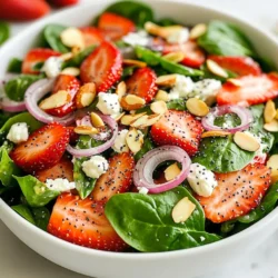 - 4 cups fresh spinach, thoroughly washed and gently dried - 1 cup ripe strawberries, hulled and sliced into thin rounds - &frac12; cup feta cheese, crumbled into bite-sized pieces - &frac14; cup red onion, paper-thin slices for a milder flavor - &frac12; cup poppyseed dressing (store-bought or homemade blend of mayonnaise, apple cider vinegar, honey, and poppyseeds) - &frac14; cup sliced almonds, lightly toasted for a nutty flavor - Salt and pepper to taste You can adjust the spinach to your liking. If you want more greens, use 5 cups. Swap strawberries for blueberries for a different taste. If you don&rsquo;t have feta, goat cheese works well too. For a lighter dressing, use yogurt instead of mayonnaise in your homemade poppyseed dressing. - Spinach: This leafy green is rich in iron and vitamins A and C. - Strawberries: These berries are full of antioxidants and vitamin C, great for skin health. - Feta Cheese: Feta adds calcium and protein, making the salad more filling. - Red Onion: This onion type has flavonoids that can help lower blood pressure. - Poppyseeds: These tiny seeds provide healthy fats and fiber, enhancing digestion. - Almonds: Toasted almonds add crunch and are a good source of vitamin E and magnesium. The combination of these ingredients creates a salad that is not just tasty but also packed with nutrients, making it a great addition to any meal. {{ingredient_image_2}} First, gather all your ingredients. You will need four cups of fresh spinach. Make sure you wash the spinach well and dry it gently. Next, take one cup of ripe strawberries. Hull them and slice them into thin rounds. This makes them easy to mix and eat. Now, grab half a cup of feta cheese and crumble it into bite-sized pieces. Then, get a quarter cup of red onion and slice it paper-thin. This way, the onion flavor will be milder. Finally, have your poppyseed dressing ready. You can use store-bought or make your own by blending mayonnaise, apple cider vinegar, honey, and poppyseeds. Start by preparing a large salad bowl. Add the fresh spinach leaves first and spread them out evenly. Next, layer the sliced strawberries on top. This adds a lovely red color and sweetness. After that, sprinkle the crumbled feta cheese over the strawberries. The creaminess of the cheese is a great match. Then, scatter the thin slices of red onion across everything. This will give a nice contrast to the sweetness. Now, drizzle the poppyseed dressing over the salad. Be sure to coat everything well. Gently toss all the ingredients together so each bite has flavor. Lastly, add a pinch of salt and a few cracks of pepper to taste. Before you serve, add the toasted sliced almonds on top. This gives a nice crunch and extra flavor. For a beautiful presentation, arrange the salad in layers in a clear glass bowl. This way, you can see the bright colors of the spinach, strawberries, and feta. You can also garnish with whole strawberries for a fresh look. Serve immediately for the best taste and texture. When choosing strawberries, look for bright red ones. They should be firm but not hard. Check for a sweet scent, which indicates ripeness. Avoid strawberries with bruises or mold. Larger berries can be nice, but smaller ones often pack more flavor. Buy organic if you can; they taste better and are safer. Always dress your salad right before serving. This keeps the greens crisp and fresh. Use a light hand when drizzling the poppyseed dressing. Start with a small amount; you can always add more. Toss gently to coat all the ingredients evenly. This method ensures each bite is flavorful. If you have leftovers, store them in an airtight container. Keep the dressing separate until you&rsquo;re ready to eat. This helps maintain texture and flavor. Enjoy leftover salad within 1 to 2 days for the best taste. If the salad wilts, you can still use the toppings in another dish. Pro Tips Choose Fresh Ingredients: Use the freshest spinach and strawberries you can find for the best flavor and texture in your salad. Homemade Dressing Benefits: Making your own poppyseed dressing allows you to control the sweetness and flavors, making it healthier and tastier. Toasting Almonds: Lightly toasting the almonds enhances their flavor and adds a delightful crunch to your salad. Layering for Presentation: For a beautiful presentation, layer the ingredients instead of tossing them, showcasing the vibrant colors of each component. {{image_4}} You can easily boost your salad's nutrition by adding protein. Grilled chicken or shrimp works great. Simply cook the chicken or shrimp until golden and juicy. Slice the chicken thinly or leave the shrimp whole. Add them on top of the salad as a tasty topping. This change makes the salad more filling, perfect for lunch or dinner. For a vegetarian twist, consider adding quinoa or chickpeas. Quinoa cooks quickly and provides a nutty flavor. Just cook one cup of quinoa in two cups of water until fluffy. For chickpeas, you can use canned ones. Rinse and drain them well. Mix them into the salad for extra protein and texture. Both options make the salad hearty and satisfying. Feel free to explore different dressings for your salad. A balsamic vinaigrette adds a tangy kick. You can also try a lemon-honey dressing for a bright and refreshing taste. If you want a creamier texture, Greek yogurt mixed with herbs makes a great option. Each choice brings a new flavor profile, ensuring every bite stays exciting. Experiment with different dressings to find your perfect match! The Strawberry Spinach Poppyseed Salad lasts about three days in the fridge. After that, the spinach wilts and the strawberries lose their fresh taste. It's best to eat it sooner for the best flavor. Store the salad in an airtight container. This keeps it fresh and prevents it from picking up other smells in the fridge. If possible, keep the dressing separate until you are ready to enjoy the salad. This helps keep the greens crisp. Freezing this salad is not a good idea. The spinach and strawberries will become mushy when thawed. The feta and almonds do not freeze well either. For the best taste and texture, enjoy this salad fresh. Yes, you can make this salad ahead. Prepare the salad up to 24 hours in advance. Keep the spinach, strawberries, and cheese separate from the dressing and nuts. This way, the salad stays fresh. When ready to eat, mix everything together. It will taste great! You can add many things to this salad. Some tasty options include: - Grilled chicken for protein - Avocado for creaminess - Cucumber for crunch - Nuts like walnuts or pecans for added flavor - Fresh herbs like basil or mint for a unique twist Feel free to get creative and make it your own! Poppyseed dressing is a key part of this salad. It adds a sweet and tangy flavor. If you want, you can swap it out. A vinaigrette or yogurt dressing works well too. Just make sure it complements the strawberries and spinach. This blog post covered every aspect of creating a fresh salad. We discussed the key ingredients, their benefits, and how to prep and toss them. I shared tips for selecting fresh strawberries and the best ways to serve. You can add protein or try different dressings to mix things up. Remember to store leftovers properly to keep them fresh. Enjoy experimenting with your salad to make it just right!