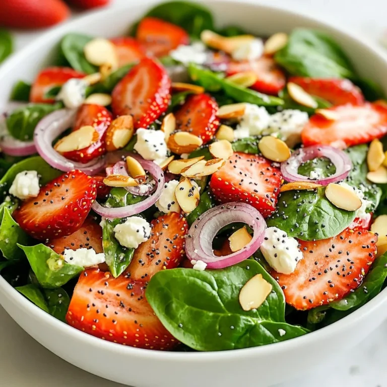 - 4 cups fresh spinach, thoroughly washed and gently dried - 1 cup ripe strawberries, hulled and sliced into thin rounds - ½ cup feta cheese, crumbled into bite-sized pieces - ¼ cup red onion, paper-thin slices for a milder flavor - ½ cup poppyseed dressing (store-bought or homemade blend of mayonnaise, apple cider vinegar, honey, and poppyseeds) - ¼ cup sliced almonds, lightly toasted for a nutty flavor - Salt and pepper to taste You can adjust the spinach to your liking. If you want more greens, use 5 cups. Swap strawberries for blueberries for a different taste. If you don’t have feta, goat cheese works well too. For a lighter dressing, use yogurt instead of mayonnaise in your homemade poppyseed dressing. - Spinach: This leafy green is rich in iron and vitamins A and C. - Strawberries: These berries are full of antioxidants and vitamin C, great for skin health. - Feta Cheese: Feta adds calcium and protein, making the salad more filling. - Red Onion: This onion type has flavonoids that can help lower blood pressure. - Poppyseeds: These tiny seeds provide healthy fats and fiber, enhancing digestion. - Almonds: Toasted almonds add crunch and are a good source of vitamin E and magnesium. The combination of these ingredients creates a salad that is not just tasty but also packed with nutrients, making it a great addition to any meal. {{ingredient_image_2}} First, gather all your ingredients. You will need four cups of fresh spinach. Make sure you wash the spinach well and dry it gently. Next, take one cup of ripe strawberries. Hull them and slice them into thin rounds. This makes them easy to mix and eat. Now, grab half a cup of feta cheese and crumble it into bite-sized pieces. Then, get a quarter cup of red onion and slice it paper-thin. This way, the onion flavor will be milder. Finally, have your poppyseed dressing ready. You can use store-bought or make your own by blending mayonnaise, apple cider vinegar, honey, and poppyseeds. Start by preparing a large salad bowl. Add the fresh spinach leaves first and spread them out evenly. Next, layer the sliced strawberries on top. This adds a lovely red color and sweetness. After that, sprinkle the crumbled feta cheese over the strawberries. The creaminess of the cheese is a great match. Then, scatter the thin slices of red onion across everything. This will give a nice contrast to the sweetness. Now, drizzle the poppyseed dressing over the salad. Be sure to coat everything well. Gently toss all the ingredients together so each bite has flavor. Lastly, add a pinch of salt and a few cracks of pepper to taste. Before you serve, add the toasted sliced almonds on top. This gives a nice crunch and extra flavor. For a beautiful presentation, arrange the salad in layers in a clear glass bowl. This way, you can see the bright colors of the spinach, strawberries, and feta. You can also garnish with whole strawberries for a fresh look. Serve immediately for the best taste and texture. When choosing strawberries, look for bright red ones. They should be firm but not hard. Check for a sweet scent, which indicates ripeness. Avoid strawberries with bruises or mold. Larger berries can be nice, but smaller ones often pack more flavor. Buy organic if you can; they taste better and are safer. Always dress your salad right before serving. This keeps the greens crisp and fresh. Use a light hand when drizzling the poppyseed dressing. Start with a small amount; you can always add more. Toss gently to coat all the ingredients evenly. This method ensures each bite is flavorful. If you have leftovers, store them in an airtight container. Keep the dressing separate until you’re ready to eat. This helps maintain texture and flavor. Enjoy leftover salad within 1 to 2 days for the best taste. If the salad wilts, you can still use the toppings in another dish. Pro Tips Choose Fresh Ingredients: Use the freshest spinach and strawberries you can find for the best flavor and texture in your salad. Homemade Dressing Benefits: Making your own poppyseed dressing allows you to control the sweetness and flavors, making it healthier and tastier. Toasting Almonds: Lightly toasting the almonds enhances their flavor and adds a delightful crunch to your salad. Layering for Presentation: For a beautiful presentation, layer the ingredients instead of tossing them, showcasing the vibrant colors of each component. {{image_4}} You can easily boost your salad's nutrition by adding protein. Grilled chicken or shrimp works great. Simply cook the chicken or shrimp until golden and juicy. Slice the chicken thinly or leave the shrimp whole. Add them on top of the salad as a tasty topping. This change makes the salad more filling, perfect for lunch or dinner. For a vegetarian twist, consider adding quinoa or chickpeas. Quinoa cooks quickly and provides a nutty flavor. Just cook one cup of quinoa in two cups of water until fluffy. For chickpeas, you can use canned ones. Rinse and drain them well. Mix them into the salad for extra protein and texture. Both options make the salad hearty and satisfying. Feel free to explore different dressings for your salad. A balsamic vinaigrette adds a tangy kick. You can also try a lemon-honey dressing for a bright and refreshing taste. If you want a creamier texture, Greek yogurt mixed with herbs makes a great option. Each choice brings a new flavor profile, ensuring every bite stays exciting. Experiment with different dressings to find your perfect match! The Strawberry Spinach Poppyseed Salad lasts about three days in the fridge. After that, the spinach wilts and the strawberries lose their fresh taste. It's best to eat it sooner for the best flavor. Store the salad in an airtight container. This keeps it fresh and prevents it from picking up other smells in the fridge. If possible, keep the dressing separate until you are ready to enjoy the salad. This helps keep the greens crisp. Freezing this salad is not a good idea. The spinach and strawberries will become mushy when thawed. The feta and almonds do not freeze well either. For the best taste and texture, enjoy this salad fresh. Yes, you can make this salad ahead. Prepare the salad up to 24 hours in advance. Keep the spinach, strawberries, and cheese separate from the dressing and nuts. This way, the salad stays fresh. When ready to eat, mix everything together. It will taste great! You can add many things to this salad. Some tasty options include: - Grilled chicken for protein - Avocado for creaminess - Cucumber for crunch - Nuts like walnuts or pecans for added flavor - Fresh herbs like basil or mint for a unique twist Feel free to get creative and make it your own! Poppyseed dressing is a key part of this salad. It adds a sweet and tangy flavor. If you want, you can swap it out. A vinaigrette or yogurt dressing works well too. Just make sure it complements the strawberries and spinach. This blog post covered every aspect of creating a fresh salad. We discussed the key ingredients, their benefits, and how to prep and toss them. I shared tips for selecting fresh strawberries and the best ways to serve. You can add protein or try different dressings to mix things up. Remember to store leftovers properly to keep them fresh. Enjoy experimenting with your salad to make it just right!