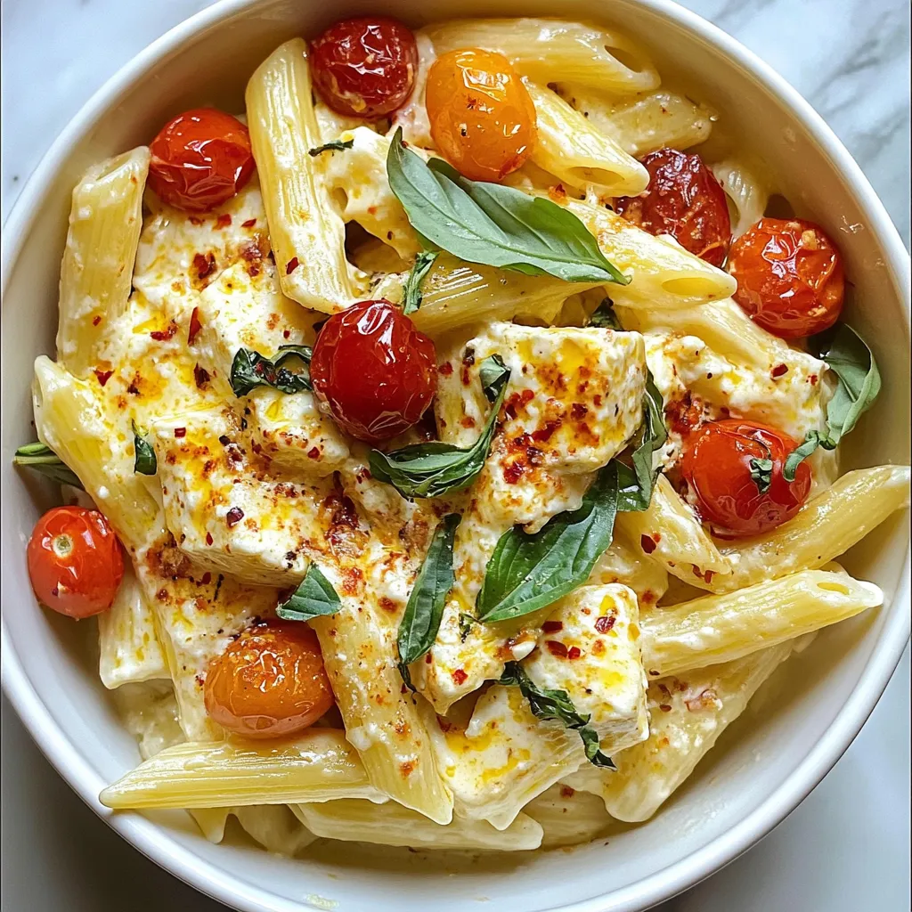 - 250g pasta (penne or fusilli recommended) - 200g block of creamy feta cheese - 2 cups cherry tomatoes, halved - 1/4 cup extra virgin olive oil - 3 cloves of fresh garlic, minced - 1 teaspoon dried oregano - 1 teaspoon dried basil - Freshly cracked black pepper, to taste - Salt, to taste - Optional: Red pepper flakes, for an extra kick - Fresh basil leaves, for garnish When I make Baked Feta Pasta, I start with the main ingredients. I love using penne or fusilli pasta because they hold sauce well. The creamy feta is key; it melts beautifully. Cherry tomatoes add sweetness and color. Next, I focus on flavor enhancers. Extra virgin olive oil is my go-to for richness. Fresh garlic gives a nice kick, while dried oregano and basil add classic Italian notes. Finally, seasoning is crucial. I use freshly cracked black pepper and salt to taste. If you like spice, red pepper flakes boost the heat. Fresh basil leaves on top make it look and taste amazing. {{ingredient_image_2}} - Preheat the oven to 200°C (400°F). - Combine halved cherry tomatoes and olive oil in a baking dish. First, you want to set your oven to 200°C (400°F). This helps ensure everything bakes evenly. Next, grab a large baking dish. In it, mix your halved cherry tomatoes with the olive oil. Make sure each tomato gets a nice coat of oil. This creates a great base for the feta cheese and adds flavor. - Nestle the feta in the center with seasonings. - Bake for approximately 30 minutes until golden and soft. Now, take your block of feta cheese. Place it right in the center of the baking dish. This allows the tomatoes to surround the cheese. Then, sprinkle it with minced garlic, dried oregano, and dried basil. Add salt and black pepper to taste. This seasoning will elevate the feta’s flavor. Bake this mixture for about 30 minutes. You’ll know it’s done when the feta is golden and soft, and the tomatoes look blistered. - Cook pasta according to package instructions. - Drain and set aside for mixing later. While the feta and tomatoes are baking, cook your pasta. Follow the package instructions for the best results. Once cooked, drain the pasta and set it aside. This step is crucial because it allows the pasta to absorb the creamy sauce later. - Mash the feta and tomatoes together. - Toss the cooked pasta into the creamy sauce. - Adjust seasoning and serve hot with garnish. Once the baking time is up, carefully remove the dish from the oven. Use a fork to mash the soft feta and tomatoes together. This creates a creamy sauce. Next, add the drained pasta to the dish and toss everything together. Make sure the pasta gets coated in that delicious sauce. Taste your dish and adjust the seasoning if needed. If you like heat, sprinkle in some red pepper flakes. Serve the pasta hot, garnished with fresh basil leaves. This adds a lovely touch and bright flavor. Enjoy your meal! - Ensure pasta is al dente for best texture. - Use high-quality feta for creaminess. Cooking the pasta just right is key. Al dente pasta holds its shape and adds a nice bite. Follow the package instructions closely. As for feta, choose a creamy block. It melts beautifully, creating a rich sauce. - Serve in shallow bowls with extra olive oil drizzle. - Add a sprinkle of red pepper flakes for visual appeal. When you plate this dish, use shallow bowls. This allows the sauce to shine. Drizzle some olive oil on top for extra flavor. A sprinkle of red pepper flakes adds a pop of color and heat. - Add spinach or kale for greens. - Incorporate olives for a briny twist. You can mix in greens like spinach or kale. They not only add nutrition but also a vibrant color. If you love a briny taste, toss in some olives. They bring a wonderful depth to the dish. Pro Tips Use Quality Feta: Opt for a high-quality Greek feta for the best flavor and creaminess. The fresher the cheese, the better the dish will taste! Customize with Veggies: Feel free to add other vegetables such as bell peppers or zucchini to the baking dish for added nutrition and flavor. Perfect Pasta Cooking: To ensure perfectly cooked pasta, always salt your water generously and reserve a cup of pasta water to adjust the sauce consistency if needed. Make it Ahead: You can prepare the feta and tomato mixture ahead of time and store it in the fridge. Just bake it before serving and toss with pasta for a quick meal! {{image_4}} You can change up the ingredients to fit your taste. - Substitute cherry tomatoes with sun-dried tomatoes: This gives a richer flavor. Sun-dried tomatoes add a sweet and tangy twist. - Use vegan feta or cream cheese for a dairy-free version: If you're avoiding dairy, try vegan feta or cream cheese. Both options melt well and add creaminess. Adding a little heat can enhance your dish. - Add chili peppers or jalapeños for heat: If you like spice, these peppers bring a nice kick. You can slice them and mix them in before baking. - Include herbs like thyme or rosemary for added flavor: Fresh or dried herbs can really boost the taste. Thyme or rosemary adds depth to your baked feta pasta. You can make this dish fit special diets. - Gluten-free pasta options for gluten sensitivity: Use gluten-free penne or fusilli if you need to avoid gluten. There are many great brands available. - Nutritional yeast for a cheesy flavor without dairy: This gives a cheesy taste without dairy. Sprinkle some on top before serving for extra flavor. After you enjoy your baked feta pasta, store any leftovers in an airtight container. It helps keep the flavors fresh. I recommend eating it within 2-3 days for the best taste. The pasta and feta will stay tasty, but they lose texture over time. When it's time to eat again, reheat your dish in the oven. This keeps the pasta and feta smooth. I suggest adding a splash of olive oil. It prevents the dish from drying out and keeps it creamy. If you want to save some for later, you can freeze it before baking. Just wrap it well to keep out air and freezer burn. When you're ready to eat it, thaw the dish overnight in the fridge. You will need to bake it for an extra 10-15 minutes from frozen to heat it through. This way, you get a warm and delicious meal anytime! Baked Feta Pasta is a simple yet delightful dish. It combines creamy feta cheese and juicy cherry tomatoes with pasta. This dish became popular on social media. The flavors blend beautifully as the feta bakes. You get a rich, creamy sauce that coats the pasta perfectly. Yes, you can prep this dish in advance. Cook the pasta and store it separately. You can also mix the feta and tomatoes and store them in the fridge. When ready to eat, bake the feta and tomatoes, then add the pasta. This saves time and keeps it fresh. I recommend using penne or fusilli pasta. Both types hold the sauce well. Their shapes help capture the creamy feta and tomato mix. If you prefer, you can use other pasta types like rotini or even gluten-free options. To add heat, sprinkle red pepper flakes before baking. You can also add fresh chili peppers to the dish. For more flavor, try using jalapeños or spicy herbs. Adjust the amount based on your spice tolerance. This baked feta pasta is easy and delicious. We covered the main ingredients, like creamy feta and cherry tomatoes. You learned how to bake the feta and mix it with pasta. Use tips for great texture and flavors, like fresh herbs. You can also change the dish with different ingredients. Enjoy making this recipe and impressing your friends. Your cooking skills will shine with every bite.