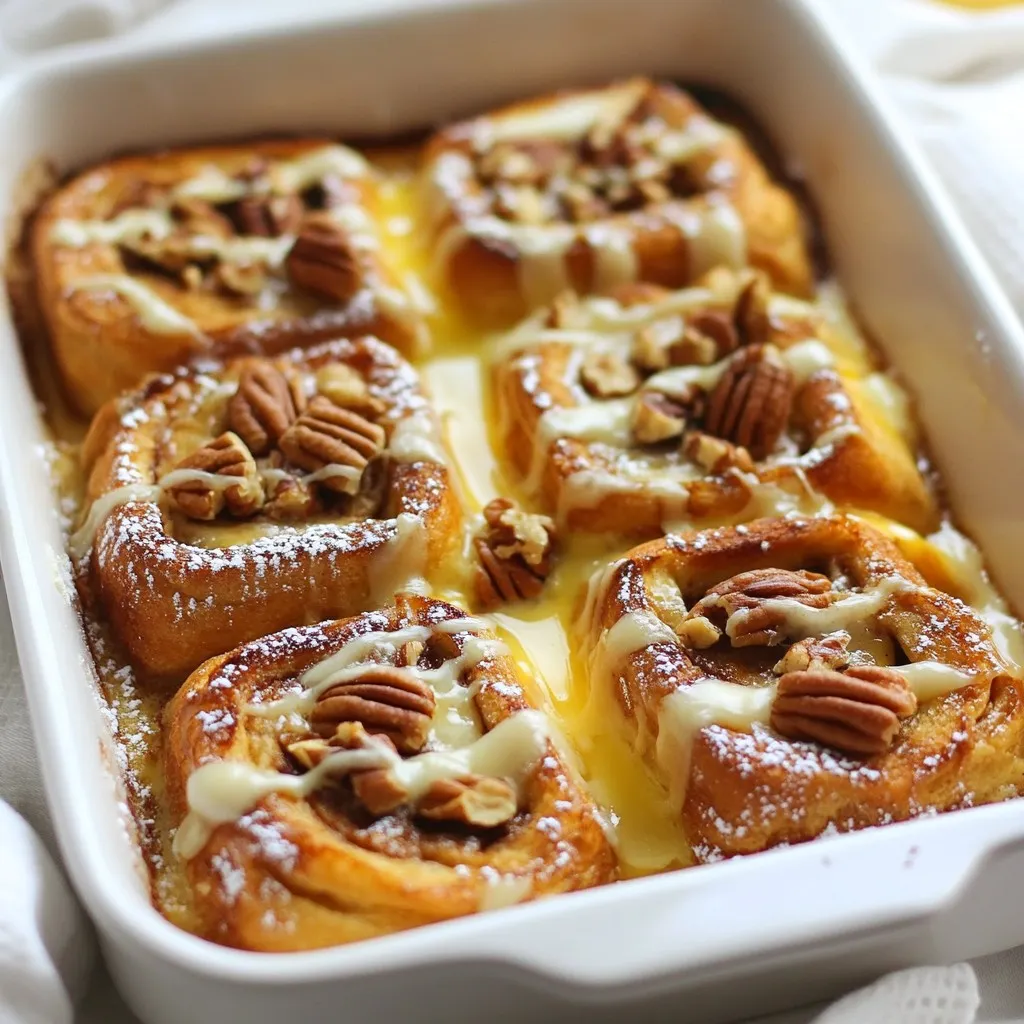 To make this delicious Cinnamon Roll French Toast Bake, you need a few simple ingredients. Each one plays a big role in creating that warm, comforting flavor we all love. Here’s what you’ll need: - 2 cans of refrigerated cinnamon rolls (with icing included) - 6 large eggs - 1 cup of milk (whole or your preferred variety) - 1/4 cup of maple syrup - 1 teaspoon of vanilla extract - 1 teaspoon of ground cinnamon - 1/4 teaspoon of nutmeg - 1/2 cup of pecans, chopped (optional) - Powdered sugar for dusting (optional) These ingredients come together to create a rich, soft, and sweet bake that’s perfect for breakfast or dessert. The cinnamon rolls provide a lovely base, while the eggs and milk give it that custard-like texture. Maple syrup and vanilla add sweetness and warmth, making every bite a treat. The spices, cinnamon and nutmeg, lend a cozy aroma to the dish. If you want an extra crunch, feel free to add chopped pecans. Dusting with powdered sugar at the end gives it a nice finish. When you gather these ingredients, you prepare to create something truly special! {{ingredient_image_2}} - Preheat to 350°F (175°C). - Grease the baking dish to prevent sticking. - Open the cans of cinnamon rolls. - Cut each roll into quarters. - Distribute the pieces evenly in the baking dish. - In a large bowl, whisk together: - 6 large eggs - 1 cup of milk - 1/4 cup of maple syrup - 1 teaspoon of vanilla extract - 1 teaspoon of ground cinnamon - 1/4 teaspoon of nutmeg - Carefully pour the egg mixture over the cinnamon roll pieces. - Sprinkle chopped pecans on top, if using. - Gently press down the cinnamon rolls to soak them. - Place the baking dish in the oven. - Bake for 25-30 minutes. - Check for a golden brown top to know it's done. - Remove the dish from the oven and let it cool for 5 minutes. - Drizzle the icing over the warm bake. - Dust with powdered sugar if you like. - Cut into squares and serve warm. - Monitor cooking time closely. Bake until the top is golden brown. - Test for doneness by inserting a knife. If it comes out clean, it's ready. - Substitute milk for half-and-half for a richer taste. - Experiment with spices like cardamom or allspice for a twist. - Pair with fresh coffee or hot chocolate for a cozy meal. - Serve on a rustic wooden platter with berries for a colorful touch. Pro Tips Use fresh eggs: Fresh eggs will create a fluffier and richer texture in your French toast bake, enhancing the overall flavor. Let it soak: For best results, allow the cinnamon roll pieces to soak in the egg mixture for at least 10 minutes before baking, ensuring they absorb all the delicious flavors. Experiment with toppings: Feel free to get creative with toppings! Consider adding chocolate chips, dried fruits, or even a drizzle of caramel for an extra special touch. Serve immediately: This dish is best enjoyed warm, so serve it right after baking for the ultimate gooey and delicious experience. {{image_4}} You can add fun twists to your Cinnamon Roll French Toast Bake. Try mixing in chocolate chips for a sweet surprise. Just sprinkle them on top of the cinnamon rolls before pouring the egg mixture. You can also add fresh fruits. Apples, berries, or bananas work great. Simply chop them up and toss them with the cinnamon rolls. The fruits add a nice burst of flavor and color. If you need gluten-free options, use gluten-free cinnamon rolls. They taste just as good and work well in this recipe. For a vegan version, swap the eggs and milk. You can use flaxseed meal mixed with water as an egg replacement. For milk, almond or oat milk are great choices. These changes keep the dish tasty while meeting dietary needs. You can change this dish to fit the seasons. In fall, add pumpkin spice to your egg mixture. Just replace some of the cinnamon with pumpkin spice for that cozy flavor. During the holidays, try a peppermint twist. Add crushed peppermint candies to the icing for a festive touch. These seasonal ideas can make your cinnamon roll bake special for any occasion. After enjoying your Cinnamon Roll French Toast Bake, store any leftovers in the fridge. Place the bake in an airtight container. This keeps it fresh and tasty. Make sure to eat it within 3 to 4 days for the best flavor. If you want to enjoy it later, freezing is a great option. To freeze your bake, let it cool completely first. Cut it into squares for easy portions. Wrap each square in plastic wrap, then place them in a freezer-safe container. This method helps keep it fresh for up to 3 months. When you are ready to enjoy, thaw in the fridge overnight. For reheating, you can use either an oven or a microwave. The oven keeps the texture nice. Preheat it to 350°F (175°C). Place the squares on a baking sheet and warm for about 10-15 minutes. If you use the microwave, heat a square for 30-45 seconds. This method is quick but may make it a bit softer. Enjoy your warm treat! Cinnamon Roll French Toast Bake lasts for 3-4 days in the fridge. Keep it in an airtight container. The bake stays fresh and tasty for a few days, but best if eaten sooner. Yes, you can prepare this dish the night before. Assemble all the ingredients and store it in the fridge. Bake it in the morning for a warm breakfast treat. Just be sure to let it sit at room temperature for about 30 minutes before baking. If you don't have maple syrup, try honey or agave syrup. You can also use brown sugar mixed with a little water for a sweet touch. Each option adds a nice flavor, but adjust to your taste. Absolutely! Homemade cinnamon rolls work great in this recipe. Just cut them into quarters as you would with store-bought rolls. The homemade touch can add extra flavor and warmth to your bake. Yes, this dish is perfect for brunch! It combines sweet and cozy flavors that everyone loves. Serve it with fresh fruit or your favorite drink to make the meal complete. This blog post covered everything you need to create a delicious Cinnamon Roll French Toast Bake. You learned about the key ingredients, step-by-step baking instructions, and helpful tips to ensure perfect results. You can add fun variations or adapt the recipe to fit dietary needs. Remember to store any leftovers properly and enjoy them later. With these insights, you can impress your family and friends with a delicious dish. Now, it’s time to get baking and savor the delightful flavors!