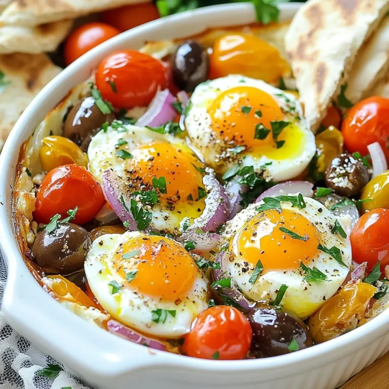- 200g feta cheese, crumbled - 4 large eggs - 1 cup cherry tomatoes, halved - 1/2 red onion, thinly sliced - 1/2 cup Kalamata olives, pitted and halved - 2 tablespoons olive oil (divided) - 1 teaspoon dried oregano - Salt and pepper to taste - Fresh parsley, finely chopped (for garnish) - Pita bread or rustic crusty bread (for serving) You will need 200 grams of feta cheese for a rich flavor. This amount is perfect for two servings. Use four large eggs to create that lovely, creamy texture. One cup of cherry tomatoes adds freshness and sweetness. Half of a red onion gives a nice crunch and depth. For saltiness, get half a cup of Kalamata olives. You will use two tablespoons of olive oil, one for the veggies and one for the eggs. One teaspoon of dried oregano adds that Mediterranean taste. Finally, grab some salt and pepper to season the dish. Fresh parsley will be used for a colorful garnish, and serve it all with pita or crusty bread. Feta cheese is the star here. Its tangy taste melts beautifully and adds creaminess to the dish. The Kalamata olives provide a salty punch and enhance the overall flavor. Cherry tomatoes bring a burst of sweetness and juiciness. They caramelize slightly when baked, which adds a nice touch. Red onion adds a mild bite. Olive oil helps the vegetables cook and adds richness to the eggs. Dried oregano gives the dish that classic Mediterranean aroma. Each ingredient plays a vital role, so choose quality ones for the best taste. {{ingredient_image_2}} 1. Start by preheating your oven to 375°F (190°C). This makes sure your dish cooks well. 2. In a medium baking dish, spread out the halved cherry tomatoes. Add the thinly sliced red onion on top. 3. Drizzle 1 tablespoon of olive oil over the veggies. Sprinkle with salt, pepper, and dried oregano. Toss gently to coat. 4. Crumble the feta cheese over the top of the veggies. Cover the surface well to add flavor. 5. With the back of a spoon, make four small wells in the feta mix. Crack one egg into each well, being careful not to break the yolks. 6. Drizzle the remaining tablespoon of olive oil over the egg whites. Lightly season each egg with a pinch of salt and pepper. 7. Scatter the halved Kalamata olives on top for a salty kick. This also adds nice color. 8. Place the baking dish in the oven. Bake for 20-25 minutes. Watch closely until the egg whites set while the yolks stay slightly runny. - For runny yolks, aim for 20 minutes. - For firmer yolks, bake a few more minutes. - Let the dish cool for a couple of minutes after baking. This helps yolks settle a bit. - Garnish with freshly chopped parsley before serving for a bright finish. When making Mediterranean Baked Feta Eggs, avoid overcooking the eggs. Keep an eye on them. If you bake too long, the yolks will harden. Another mistake is not seasoning enough. Feta and olives add flavor, but you still need salt and pepper. Lastly, don’t skip the olive oil. It helps the flavors blend well. To boost flavor, try adding fresh herbs like basil or thyme. You can also mix in a splash of lemon juice for brightness. For a spicy kick, add red pepper flakes. If you love garlic, toss in minced garlic with the tomatoes. Each of these tweaks can make your dish even better. You will need a medium-sized baking dish for this recipe. A spoon helps create wells for the eggs. Use a sharp knife or cutting board to slice the vegetables. A measuring spoon ensures you use the right amount of oil and seasonings. Finally, an oven mitt protects your hands when you take the dish out of the oven. Pro Tips Use Fresh Ingredients: The quality of your tomatoes and feta can significantly enhance the flavor of the dish. Opt for ripe, juicy cherry tomatoes and high-quality feta for the best results. Adjust Egg Consistency: If you prefer firmer yolks, bake the dish a little longer. For runny yolks, keep an eye on the baking time and remove it as soon as the whites are set. Experiment with Herbs: Feel free to add fresh herbs like thyme or basil to elevate the dish further. They pair beautifully with the Mediterranean flavors. Make it a Meal: To turn this dish into a complete meal, consider adding cooked spinach or sautéed mushrooms to the mix before baking for added nutrition and flavor. {{image_4}} If you want a vegan option, you can swap the eggs and feta. Try using silken tofu instead of feta. Blend it with some nutritional yeast and lemon juice for a cheesy flavor. For the eggs, consider using chickpea flour. Mix it with water to make a batter that mimics eggs. This change will keep the dish creamy and satisfying without any animal products. You can add more veggies for extra flavor. Spinach or bell peppers work great. Sauté them before adding to the dish for a deeper taste. You can also try different cheeses. Goat cheese or ricotta can give a unique twist. For spice lovers, sprinkle some red pepper flakes on top before baking. This adds a nice kick to every bite! To turn this dish into a full meal, serve it with a side salad. A simple mix of greens, cucumbers, and a light dressing pairs well. You can also add grains like quinoa or couscous for a heartier option. Using warm pita bread for dipping makes it even more filling. The combination of flavors and textures will keep you satisfied! To store leftover Mediterranean Baked Feta Eggs, let them cool first. Place them in an airtight container. This helps keep the flavors fresh. You can keep them in the fridge for up to three days. Be sure to cover them tightly to avoid drying out. When you want to reheat your leftovers, preheat your oven to 350°F (175°C). You can also use a microwave if you prefer. If using the oven, place the dish in for about 10-15 minutes. This warms it evenly without making the eggs tough. If using a microwave, heat in short bursts of 30 seconds. Check often to avoid overcooking. Freezing Mediterranean Baked Feta Eggs is easy but not always ideal. Eggs can change texture when frozen. If you do freeze it, make sure it is completely cool. Use a freezer-safe container. You can keep it for up to two months. To serve, thaw it overnight in the fridge. Then, reheat as mentioned above. Yes, you can! Feta cheese gives the dish a nice tang. However, you can try goat cheese or ricotta. Both add creaminess and work well with the eggs. Use what you have on hand. Just remember, each cheese will change the flavor a bit. You can prep the dish a day ahead. Chop the veggies and mix them with the feta. Store them in the fridge until you’re ready to bake. When you want to cook, just crack the eggs in and bake. This makes it easy for a quick breakfast or brunch. Serve this dish with warm pita bread or rustic crusty bread. The bread is great for dipping into the eggs and creamy feta. You can also add a fresh salad on the side for a burst of color. Try a simple cucumber and tomato salad for a nice crunch. In this post, we explored the essential ingredients for Mediterranean Baked Feta Eggs and their roles. I shared step-by-step instructions for perfect preparation, baking methods, and tips for the ideal yolk. We also discussed common mistakes, flavor enhancements, and tools needed. You learned variations for dietary needs and storage tips for leftovers. Remember, cooking is all about experimenting. Enjoy the process, and have fun with the flavors. Your kitchen creations can be exciting and delicious. Happy cooking!