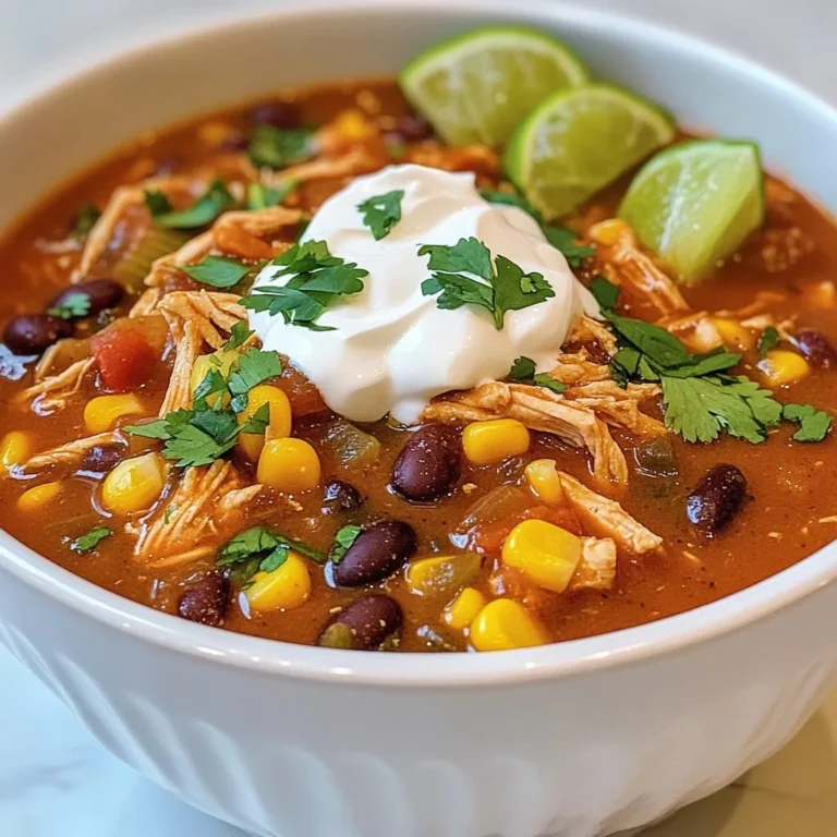 - Chicken and Broth Components - 1 lb boneless, skinless chicken breasts - 4 cups chicken broth - 1 can (10 oz) red enchilada sauce - Vegetables and Seasoning - 1 tablespoon olive oil - 1 medium onion, finely diced - 3 cloves garlic, minced - 1 can (15 oz) black beans, drained and rinsed - 1 can (15 oz) corn, well-drained - 1 teaspoon ground cumin - 1 teaspoon smoked paprika - 1 teaspoon chili powder - Salt and black pepper to taste - Toppings and Garnishes - 1 cup shredded Cheddar cheese - 1 cup sour cream - A handful of fresh cilantro, coarsely chopped - Lime wedges for serving When I make Chicken Enchilada Soup, I love using fresh ingredients. The chicken adds protein and heartiness. The chicken broth forms a rich base. The red enchilada sauce gives it that classic flavor. Next, I sauté onions and garlic in olive oil. This step builds a strong flavor. The black beans and corn add texture and sweetness. The spices like cumin and chili powder bring warmth to the soup. For toppings, I always use shredded Cheddar cheese. It melts beautifully into the soup. Sour cream adds creaminess and cools the spice. Fresh cilantro gives a bright touch. Lime wedges are key for a zesty finish. This mix of ingredients creates a comforting dish. You can adjust spice levels to fit your taste. Enjoy this meal any night of the week! {{ingredient_image_2}} Sautéing the Onion and Garlic Start by warming 1 tablespoon of olive oil in a large pot over medium heat. Once the oil is hot, add 1 medium onion, finely diced. Sauté the onion for about 3-4 minutes. You want it to turn soft and translucent. Next, add 3 cloves of minced garlic. Cook this mix for another minute. The garlic will smell great as it cooks. Adding Chicken and Enchilada Sauce Now, it's time to add the main flavor. Place 1 pound of boneless, skinless chicken breasts into the pot. Pour in 1 can (10 oz) of red enchilada sauce and 4 cups of chicken broth. Stir everything gently to combine. Bring the soup to a gentle simmer. Season with 1 teaspoon of ground cumin, 1 teaspoon of smoked paprika, 1 teaspoon of chili powder, salt, and black pepper to taste. Let this cook uncovered for about 20-25 minutes. The chicken should reach an internal temperature of 165°F (75°C). Shredding the Cooked Chicken When the chicken is fully cooked, carefully remove it from the pot. Place it on a cutting board. Using two forks, shred the chicken into bite-sized pieces. Return the chicken to the pot. This adds a nice texture to your soup. Mixing in Beans and Corn Next, stir in 1 can (15 oz) of drained black beans and 1 can (15 oz) of well-drained corn. Mix everything thoroughly. Let the soup simmer for another 5-10 minutes. This time allows all the vibrant flavors to blend together. Incorporating Cheese Just before serving, add 1 cup of shredded Cheddar cheese. Stir until the cheese melts into the soup. This will create a creamy and rich texture that makes the soup even more delicious. How to Serve Serve the soup warm in deep bowls. Top each bowl with a generous dollop of sour cream. A sprinkle of fresh cilantro adds a nice touch. Don’t forget lime wedges on the side for drizzling over the top. Presentation Tips For a beautiful presentation, serve the soup in deep bowls. This allows the colorful ingredients to shine. Garnish with extra cilantro and place a lime wedge on the edge of each bowl. This adds a pop of color and freshness to your dish. Enjoy this hearty and flavorful meal! Ensuring Perfectly Shredded Chicken To get the best shredded chicken, cook it fully in the soup. After cooking, take it out and let it cool for a few minutes. Use two forks to pull the chicken apart. You want nice, bite-sized pieces. If the chicken is too hot, it can be tough to shred. Adjusting Spice Levels Not everyone likes the same heat. To make the soup milder, use less chili powder and smoked paprika. You can also add more chicken broth to tone it down. For spice lovers, add diced jalapeños or a dash of hot sauce to kick it up a notch. Healthier Alternatives If you want a lighter soup, try using chicken thighs instead of breasts. They have more flavor and stay juicy. You can also swap out sour cream for Greek yogurt for a healthier twist. Gluten-Free Options This recipe is already gluten-free thanks to the beans and corn. Make sure to check the enchilada sauce label. Some brands may add gluten, so look for ones that say "gluten-free" on the package. Pro Tips Use Rotisserie Chicken: To save time, consider using pre-cooked rotisserie chicken. Just shred it and add it to the soup for a quick and easy meal. Adjust the Spice Level: If you prefer a milder soup, reduce the amount of chili powder or substitute it with a milder seasoning. Conversely, for extra heat, add diced jalapeños or a pinch of cayenne pepper. Make it Creamy: For an even creamier soup, stir in a bit of cream cheese or heavy cream just before serving. Garnish Generously: Don’t skimp on the toppings! Extra cilantro, avocado slices, or crispy tortilla strips can elevate your soup to the next level. {{image_4}} To make the soup fit different diets, you can try two great ways. First, for a vegetarian or vegan option, swap the chicken for hearty veggies like zucchini, bell peppers, and mushrooms. Use vegetable broth instead of chicken broth. You can add beans for protein and texture. This makes a filling dish with great flavor. Next, if you love heat, try a spicy version. Add fresh chilies or jalapeños when cooking the onions and garlic. You can also sprinkle in some crushed red pepper flakes. This will give your soup a nice kick and warm your taste buds. This soup shines with regional flavors. For Tex-Mex flair, add tortilla chips for crunch. You can also mix in some diced tomatoes and avocado for extra freshness. A sprinkle of taco seasoning can elevate the taste, too. For a more authentic Mexican twist, consider adding fresh corn tortillas. Cut them into strips and cook them in the soup. You can also top it with crumbled queso fresco for a creamy finish. Each variation brings a unique taste that’s sure to impress! - Refrigeration Guidelines: Let the soup cool down first. Transfer it to an airtight container. Store it in the fridge for up to 3 days. Make sure it stays sealed to keep the flavors fresh. - Freezing Instructions: You can freeze the soup for longer storage. Use a freezer-safe container. Leave space at the top for expansion. It will last for up to 3 months in the freezer. When you are ready to eat it, thaw it in the fridge overnight. - Best Methods for Reheating Soup: Reheat the soup on the stove over medium heat. Stir it often to prevent burning. If the soup seems thick, add a splash of chicken broth or water. You can also microwave it. Use a microwave-safe bowl and cover it to avoid splatters. Heat in 1-minute intervals, stirring in between. Enjoy it warm! How long does Chicken Enchilada Soup last? Chicken Enchilada Soup can last in the fridge for about 3 to 4 days. Make sure to store it in an airtight container. If you want to keep it longer, you can freeze it for up to 3 months. Can I use rotisserie chicken for this recipe? Yes, you can use rotisserie chicken! It saves time and adds great flavor. Just shred the chicken and add it to the soup during the last few minutes of cooking. What are the best toppings for Chicken Enchilada Soup? Some great toppings include shredded cheese, sour cream, fresh cilantro, and avocado. You can also add tortilla strips for a nice crunch and lime wedges for a zesty kick. Can this be made in a slow cooker? Yes, you can make this soup in a slow cooker. Add all the ingredients except the cheese and toppings. Cook on low for 6-8 hours or high for 3-4 hours. Shred the chicken before serving and mix in the cheese. How can I make it spicier? To add heat, try adding diced jalapeños or extra chili powder. You can also use spicy enchilada sauce. Adjust the spice level to your taste! You now have a clear guide to make Chicken Enchilada Soup. We covered all key parts: ingredients, steps, and tips. You learned how to sauté, season, and serve the dish perfectly. Don't forget the fun variations like vegetarian options or Tex-Mex twists. Always store leftovers right for the best taste. With these ideas, you'll impress friends and family. Enjoy making this comforting soup again and again!