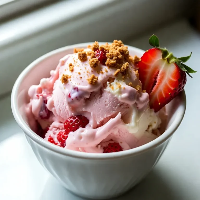 To make this delightful treat, gather these key ingredients: - 2 cups fresh strawberries, hulled and quartered - 3/4 cup granulated sugar, divided - 1 tablespoon fresh lemon juice - 1 cup cream cheese, softened to room temperature - 1 cup heavy whipping cream - 1/2 cup whole milk - 1 teaspoon pure vanilla extract - 1/2 cup graham cracker crumbs - A pinch of salt Careful measuring helps get the best flavor. Here are some tips: - Use fresh strawberries for the best taste. They should be ripe and sweet. - Soften cream cheese to mix easily. Set it out for about 30 minutes before using. - Measure sugar in two parts for even sweetness. This helps with the strawberry and cream cheese mixes. Want to mix it up? Try these add-ins: - Swirl in a fruit puree, like raspberry or blueberry, for a fun twist. - Add crushed cookies for extra crunch. This can boost the texture and flavor. - Consider a splash of liqueur for an adult treat. Just use a small amount to keep it creamy. These choices let you customize your ice cream and make it special! {{ingredient_image_2}} Start by washing and hulling 2 cups of fresh strawberries. Cut them into quarters. In a medium bowl, mix the strawberries with 1/4 cup of sugar and 1 tablespoon of fresh lemon juice. Toss them gently. Let them sit for about 15 minutes. This step helps the berries become soft and juicy. After 15 minutes, use a fork to mash the strawberries gently. Aim for a chunky puree. Set this mixture aside. You will mix it with the ice cream base later. In a large bowl, beat 1 cup of softened cream cheese with 1/2 cup of sugar. Use a whisk or an electric mixer. Mix until it becomes smooth and creamy. This texture is key for your ice cream. Now add 1 cup of heavy whipping cream and 1/2 cup of whole milk to the cream cheese mixture. Also, add 1 teaspoon of pure vanilla extract. Mix everything well until it is smooth. Gently fold in the strawberry puree and any juices. Also add 1/2 cup of graham cracker crumbs. Be careful not to overmix. You want to keep some texture from the strawberries and crumbs. Pour your mixture into an ice cream maker. Follow the maker's instructions. Churn for about 20-25 minutes. Stop when you achieve a soft-serve consistency. Scoop the churned ice cream into an airtight container. Smooth out the top with a spatula. Then seal it and place it in the freezer. Let it freeze for at least 4 hours, or until firm enough to scoop. Before serving, let the ice cream sit at room temperature for about 5-10 minutes. This makes scooping easier. Serve in chilled bowls. You can add fresh strawberry slices on top and a sprinkle of graham cracker crumbs for extra flair. To get the best texture for your ice cream, focus on the cream cheese mixture. Make sure your cream cheese is soft. This helps it mix smoothly with sugar. If it's too hard, you will get lumps. When you add the heavy cream and milk, mix until smooth. This gives you that creamy base you want. One mistake is overmixing the strawberry puree. If you mix too much, you lose the chunks. You want bites of strawberries in every scoop. Another mistake is not letting the ice cream churn long enough. If it's too soft, it won't set well in the freezer. Always follow the churn time. To make your ice cream creamy, keep everything cold. Chill your mixing bowls and ingredients before you start. This helps the ice cream freeze evenly. Use heavy whipping cream for a richer taste. It's thicker and adds creaminess. Finally, let it sit at room temp for a few minutes before serving. This makes scooping easier and keeps it from being too hard. Pro Tips Choose Ripe Strawberries: For the best flavor, select strawberries that are fully ripe and sweet. Look for bright red berries with a fragrant aroma. Chill Your Equipment: To achieve a creamier texture, chill your ice cream maker bowl and any mixing bowls before starting the process. Experiment with Flavors: Feel free to add other fruits or flavorings to customize your ice cream. Blueberries or a hint of almond extract can provide a delightful twist. Proper Storage: Store your ice cream in a shallow container to make scooping easier, and press a piece of parchment paper directly onto the surface to prevent ice crystals from forming. {{image_4}} You can make a lighter version of this ice cream. Use low-fat cream cheese and substitute the sugar with a sugar-free sweetener. This change helps cut calories while still tasting great. You might also use skim milk instead of whole milk. This will keep your ice cream creamy without all the fat. Strawberry cheesecake ice cream is wonderful, but you can mix in other fruits. Try adding raspberries or blueberries for a twist. You can also use mango or peach to create a fruity delight. Just make sure to mash or puree these fruits, like you did with the strawberries, to keep the texture right. You can swap cream cheese with coconut cream for a dairy-free option. This will give your ice cream a tropical flavor. You could also use almond milk instead of whole milk for a nutty taste. If you want a crunch, add crushed nuts instead of graham cracker crumbs. Each swap adds something new to your dish. To keep your strawberry cheesecake ice cream fresh, store it in an airtight container. Make sure the container is freezer-safe. Press a piece of plastic wrap against the surface of the ice cream before sealing. This helps keep air out and prevents ice crystals from forming. Homemade ice cream lasts about two weeks in the freezer. After that, it may lose quality. For the best taste and texture, try to eat it within this time frame. If you notice any changes in color or texture, it may be time to let it go. Ice crystals can ruin the smoothness of your ice cream. To avoid this, follow these tips: - Store the ice cream in the coldest part of the freezer. - Avoid opening the freezer door too often. - Use a container that fits your ice cream tightly. - If possible, make smaller batches that you can finish quickly. These steps will help keep your treat creamy and delicious! You can make strawberry cheesecake ice cream without an ice cream maker. First, mix all your ingredients in a bowl. Pour the mixture into a shallow dish. Place the dish in the freezer. Every 30 minutes, stir the mixture with a fork for about 3 hours. This helps break up ice crystals. Keep stirring until it's creamy and smooth. Yes, frozen strawberries work well in this recipe. Just thaw them first. Drain any excess liquid before mashing them. This will help keep your ice cream from becoming too watery. The flavor will still be delicious and sweet. To soften ice cream for serving, leave it out at room temperature. About 5 to 10 minutes will do. You can also scoop it directly into bowls and let it sit. This will make it easier to scoop and enjoy. Freezer-burned ice cream has icy spots or a dry texture. It may also look grayish or have a strange taste. If you notice these signs, it’s best to discard it. Always store ice cream in an airtight container to prevent freezer burn. Absolutely! You can add chocolate chips, nuts, or other fruits. Swirl in some fudge or caramel for extra flavor. Just remember to fold them in gently to keep the texture nice. Get creative and make it your own! In this blog post, we explored how to make delicious strawberry cheesecake ice cream. We discussed key ingredients, step-by-step instructions, tips for the best texture, and great variations. You can customize your ice cream with different fruits or healthier swaps. Storing your homemade treat properly keeps it fresh and creamy. With what you’ve learned, you can create a tasty dessert for any occasion. Enjoy the fun of making your own ice cream!