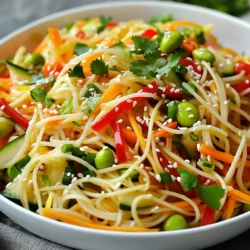 - 8 oz rice noodles - 1 cup shredded carrots - 1 red bell pepper, thinly sliced - 1 cucumber, julienned - 1 cup shelled edamame - &frac12; cup green onions, chopped - &frac14; cup fresh cilantro, chopped - &frac14; cup sesame seeds - 3 tablespoons soy sauce - 2 tablespoons sesame oil - 1 tablespoon fresh ginger, finely grated - 1 tablespoon honey (or agave syrup for a vegan alternative) - 1 teaspoon garlic, minced - 1 tablespoon fresh lime juice The ingredients for this salad are fresh and colorful. Rice noodles are the base. They give a nice texture. I love using shredded carrots for crunch. The red bell pepper adds sweetness. Cucumber brings a refreshing bite. Edamame packs protein. Green onions add a mild bite, while cilantro gives a bright flavor. Lastly, sesame seeds add a nutty crunch. For the dressing, I mix soy sauce for saltiness. Sesame oil adds richness. Fresh ginger gives warmth and zing. Honey or agave syrup adds sweetness. Garlic adds depth. Lime juice brightens everything up. Together, they create a simple yet flavorful dressing. This salad is easy to make with these ingredients. Enjoy the vibrant mix of flavors and textures! {{ingredient_image_2}} - Bring a large pot of water to a boil. - Cook the rice noodles according to package instructions (5-7 minutes). - Drain and rinse the noodles under cold water. Cooking the noodles is the first step. Start by boiling water in a large pot. Once the water bubbles, add the rice noodles. Cook them until they are tender but still have a bit of bite. This usually takes about 5 to 7 minutes. After cooking, drain the noodles and rinse them under cold water. This stops the cooking process and keeps them firm. - Combine shredded carrots, red bell pepper, cucumber, edamame, green onions, and cilantro. - Toss gently to mix. While the noodles cook, you can prepare the vegetables. In a big mixing bowl, add the shredded carrots, sliced red bell pepper, and julienned cucumber. Next, toss in the shelled edamame, chopped green onions, and cilantro. Gently mix them together to blend the colors and textures. - Whisk together soy sauce, sesame oil, ginger, honey (or agave syrup), garlic, and lime juice. Now, it&rsquo;s time to make the dressing. In a small bowl, whisk together the soy sauce, sesame oil, grated ginger, honey or agave syrup, minced garlic, and fresh lime juice. Mix until everything is smooth and well combined. This dressing is key to adding flavor to your salad. - Add cooled noodles to the vegetable mix. - Drizzle dressing over and toss to coat. Once the noodles are cool, add them to the bowl with the mixed vegetables. Drizzle the dressing on top. Then, gently toss everything together. Make sure the noodles and veggies are fully coated in that tasty dressing. - Sprinkle sesame seeds on top. - Allow to rest for 10 minutes for flavors to meld. To finish, sprinkle sesame seeds over the salad. This adds a nice crunch and extra flavor. Let the salad rest for about 10 minutes. This wait helps the flavors blend together. Enjoy your fresh and vibrant sesame ginger noodle salad! - Rinse noodles thoroughly to prevent sticking. - Use a mix of crunchy and soft vegetables. To get the best texture in your salad, rinsing the noodles is key. It stops them from clumping together. I like to use crunchy carrots and soft cucumbers. This mix adds great mouthfeel. - Adjust dressing ingredients to personal taste. - Allowing salad to sit enhances the flavor melding. Taste is everything! Feel free to tweak the dressing to match your likes. Maybe you want more ginger or a splash of lime. Letting the salad rest helps the flavors blend. I always find it tastes better after a few minutes. - Serve in a vibrant salad bowl or plate individually. - Garnish with extra cilantro and sesame seeds for color. For a stunning look, pick a colorful bowl. Serving each plate separately adds a nice touch. A sprinkle of cilantro and sesame seeds makes it pop. It&rsquo;s all about making your dish as beautiful as it is tasty! Pro Tips Cook Noodles Al Dente: Make sure to cook the rice noodles until they are tender but still firm to the bite. This prevents them from becoming mushy when mixed with the dressing. Chill the Salad: After mixing all ingredients, let the salad rest in the refrigerator for at least 10 minutes. This allows the flavors to meld and enhances the overall taste. Customize Your Veggies: Feel free to add or substitute your favorite vegetables, such as bell peppers, bean sprouts, or snap peas, to make the salad your own. Toast Sesame Seeds: For a deeper flavor, toast the sesame seeds in a dry skillet over medium heat until golden brown before sprinkling them on top of the salad. {{image_4}} You can easily make this salad heartier. Add grilled chicken or tofu for a protein boost. They will soak up the flavors well and make the dish more filling. If you want a seafood twist, substitute edamame with cooked shrimp or crab. Both options add a nice texture and flavor. Want some heat? Try a spicy sriracha dressing. It will give your salad a nice kick. You can also experiment with different oils, like peanut oil. This adds a unique taste that complements the sesame oil. Make your salad burst with color and flavor by using fresh seasonal vegetables. Add bell peppers or snap peas for crunch. You can also incorporate fruits like mango for a sweet twist. The fruit adds a nice contrast to the savory dressing. Get creative and enjoy the fresh flavors! To keep your sesame ginger noodle salad fresh, store it in an airtight container in the fridge. This method locks in flavors and keeps the salad crisp. I recommend consuming it within 2-3 days for the best taste and texture. After that, the vegetables may lose their crunch. Freezing this salad is not recommended. The texture of the noodles and veggies can change when thawed. You want to enjoy the salad fresh, as that&rsquo;s when it tastes its best. If you have leftovers, don't worry! Just add fresh dressing to revive the flavors before you serve. Toss in fresh herbs or veggies to bring the salad back to life. This small step can make a big difference in taste. It takes 15 minutes to prep and 30 minutes total. You will love how quick this salad is! Yes, you can prepare the ingredients a day ahead. Just remember to add the dressing right before serving. Absolutely! Use agave syrup instead of honey. Check that there are no animal products included. This salad pairs well with grilled meats. You can also enjoy it as a light lunch on its own. This Sesame Ginger Noodle Salad is easy and quick to make. Use rice noodles, fresh veggies, and a tasty dressing to achieve bright flavors. You can add protein like chicken or tofu for extra nutrition. Remember, it&rsquo;s best to serve it fresh. With vibrant ingredients and simple steps, you can impress anyone. Enjoy making this salad as a delicious meal or a side dish.