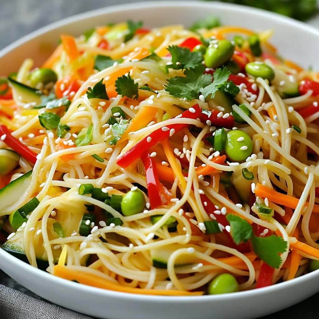 - 8 oz rice noodles - 1 cup shredded carrots - 1 red bell pepper, thinly sliced - 1 cucumber, julienned - 1 cup shelled edamame - ½ cup green onions, chopped - ¼ cup fresh cilantro, chopped - ¼ cup sesame seeds - 3 tablespoons soy sauce - 2 tablespoons sesame oil - 1 tablespoon fresh ginger, finely grated - 1 tablespoon honey (or agave syrup for a vegan alternative) - 1 teaspoon garlic, minced - 1 tablespoon fresh lime juice The ingredients for this salad are fresh and colorful. Rice noodles are the base. They give a nice texture. I love using shredded carrots for crunch. The red bell pepper adds sweetness. Cucumber brings a refreshing bite. Edamame packs protein. Green onions add a mild bite, while cilantro gives a bright flavor. Lastly, sesame seeds add a nutty crunch. For the dressing, I mix soy sauce for saltiness. Sesame oil adds richness. Fresh ginger gives warmth and zing. Honey or agave syrup adds sweetness. Garlic adds depth. Lime juice brightens everything up. Together, they create a simple yet flavorful dressing. This salad is easy to make with these ingredients. Enjoy the vibrant mix of flavors and textures! {{ingredient_image_2}} - Bring a large pot of water to a boil. - Cook the rice noodles according to package instructions (5-7 minutes). - Drain and rinse the noodles under cold water. Cooking the noodles is the first step. Start by boiling water in a large pot. Once the water bubbles, add the rice noodles. Cook them until they are tender but still have a bit of bite. This usually takes about 5 to 7 minutes. After cooking, drain the noodles and rinse them under cold water. This stops the cooking process and keeps them firm. - Combine shredded carrots, red bell pepper, cucumber, edamame, green onions, and cilantro. - Toss gently to mix. While the noodles cook, you can prepare the vegetables. In a big mixing bowl, add the shredded carrots, sliced red bell pepper, and julienned cucumber. Next, toss in the shelled edamame, chopped green onions, and cilantro. Gently mix them together to blend the colors and textures. - Whisk together soy sauce, sesame oil, ginger, honey (or agave syrup), garlic, and lime juice. Now, it’s time to make the dressing. In a small bowl, whisk together the soy sauce, sesame oil, grated ginger, honey or agave syrup, minced garlic, and fresh lime juice. Mix until everything is smooth and well combined. This dressing is key to adding flavor to your salad. - Add cooled noodles to the vegetable mix. - Drizzle dressing over and toss to coat. Once the noodles are cool, add them to the bowl with the mixed vegetables. Drizzle the dressing on top. Then, gently toss everything together. Make sure the noodles and veggies are fully coated in that tasty dressing. - Sprinkle sesame seeds on top. - Allow to rest for 10 minutes for flavors to meld. To finish, sprinkle sesame seeds over the salad. This adds a nice crunch and extra flavor. Let the salad rest for about 10 minutes. This wait helps the flavors blend together. Enjoy your fresh and vibrant sesame ginger noodle salad! - Rinse noodles thoroughly to prevent sticking. - Use a mix of crunchy and soft vegetables. To get the best texture in your salad, rinsing the noodles is key. It stops them from clumping together. I like to use crunchy carrots and soft cucumbers. This mix adds great mouthfeel. - Adjust dressing ingredients to personal taste. - Allowing salad to sit enhances the flavor melding. Taste is everything! Feel free to tweak the dressing to match your likes. Maybe you want more ginger or a splash of lime. Letting the salad rest helps the flavors blend. I always find it tastes better after a few minutes. - Serve in a vibrant salad bowl or plate individually. - Garnish with extra cilantro and sesame seeds for color. For a stunning look, pick a colorful bowl. Serving each plate separately adds a nice touch. A sprinkle of cilantro and sesame seeds makes it pop. It’s all about making your dish as beautiful as it is tasty! Pro Tips Cook Noodles Al Dente: Make sure to cook the rice noodles until they are tender but still firm to the bite. This prevents them from becoming mushy when mixed with the dressing. Chill the Salad: After mixing all ingredients, let the salad rest in the refrigerator for at least 10 minutes. This allows the flavors to meld and enhances the overall taste. Customize Your Veggies: Feel free to add or substitute your favorite vegetables, such as bell peppers, bean sprouts, or snap peas, to make the salad your own. Toast Sesame Seeds: For a deeper flavor, toast the sesame seeds in a dry skillet over medium heat until golden brown before sprinkling them on top of the salad. {{image_4}} You can easily make this salad heartier. Add grilled chicken or tofu for a protein boost. They will soak up the flavors well and make the dish more filling. If you want a seafood twist, substitute edamame with cooked shrimp or crab. Both options add a nice texture and flavor. Want some heat? Try a spicy sriracha dressing. It will give your salad a nice kick. You can also experiment with different oils, like peanut oil. This adds a unique taste that complements the sesame oil. Make your salad burst with color and flavor by using fresh seasonal vegetables. Add bell peppers or snap peas for crunch. You can also incorporate fruits like mango for a sweet twist. The fruit adds a nice contrast to the savory dressing. Get creative and enjoy the fresh flavors! To keep your sesame ginger noodle salad fresh, store it in an airtight container in the fridge. This method locks in flavors and keeps the salad crisp. I recommend consuming it within 2-3 days for the best taste and texture. After that, the vegetables may lose their crunch. Freezing this salad is not recommended. The texture of the noodles and veggies can change when thawed. You want to enjoy the salad fresh, as that’s when it tastes its best. If you have leftovers, don't worry! Just add fresh dressing to revive the flavors before you serve. Toss in fresh herbs or veggies to bring the salad back to life. This small step can make a big difference in taste. It takes 15 minutes to prep and 30 minutes total. You will love how quick this salad is! Yes, you can prepare the ingredients a day ahead. Just remember to add the dressing right before serving. Absolutely! Use agave syrup instead of honey. Check that there are no animal products included. This salad pairs well with grilled meats. You can also enjoy it as a light lunch on its own. This Sesame Ginger Noodle Salad is easy and quick to make. Use rice noodles, fresh veggies, and a tasty dressing to achieve bright flavors. You can add protein like chicken or tofu for extra nutrition. Remember, it’s best to serve it fresh. With vibrant ingredients and simple steps, you can impress anyone. Enjoy making this salad as a delicious meal or a side dish.