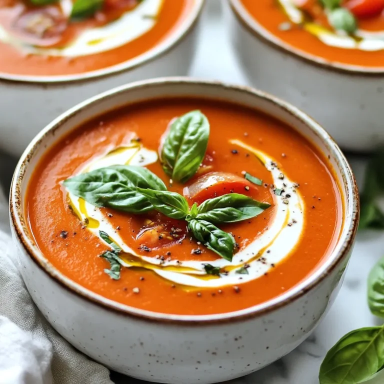 To create a delicious Instant Pot creamy tomato basil soup, you need these key ingredients: - 2 tablespoons olive oil - 1 medium onion, finely chopped - 4 cloves garlic, minced - 2 cans (14.5 oz each) diced tomatoes (with their juice) - 2 cups vegetable broth - 1 teaspoon dried oregano - 1 teaspoon sugar (to balance acidity) - Salt and freshly ground pepper to taste - 1 cup fresh basil leaves, roughly chopped - ½ cup heavy cream or coconut cream (for a dairy-free option) These ingredients work together to create a rich, flavorful base. The olive oil adds depth, while the onion and garlic bring a savory touch. You can enhance your soup with some optional garnishes and substitutions: - Top with a drizzle of cream for richness. - Add croutons for a crunchy texture. - Use fresh or dried herbs like thyme or parsley. - Swap heavy cream for coconut cream for a dairy-free version. Feel free to get creative! These tweaks can make the soup your own. This tomato basil soup is quite versatile. Here are some alternatives for dietary needs: - For a vegan option, use coconut cream and vegetable broth. - If gluten is a concern, ensure your broth is gluten-free. - For lower fat, use half-and-half instead of cream. These choices make the soup friendly for various diets. Enjoying a tasty meal should be easy for everyone! {{ingredient_image_2}} First, set your Instant Pot to 'Sauté.' Pour in two tablespoons of olive oil and let it heat. Once hot, add one medium onion, finely chopped. Cook for 3-4 minutes until the onion is soft and clear. Then, add four minced garlic cloves. Stir the mix for one more minute. The garlic will smell great! Next, pour in two cans of diced tomatoes. Make sure to include their juice. Add two cups of vegetable broth, one teaspoon of dried oregano, and one teaspoon of sugar. The sugar helps balance the tomato's acidity. Add salt and freshly ground pepper to taste. Stir everything well. Now, close the lid of your Instant Pot. Make sure the valve is set to 'Sealing.' Choose the 'Manual' or 'Pressure Cook' setting. Set the timer for 10 minutes on high pressure. This cooks the soup quickly and locks in flavors. When the timer goes off, perform a quick release. Turn the valve to 'Venting' and wait until all steam escapes. Carefully remove the lid. Now, take an immersion blender and blend the soup right in the pot. You want it creamy and smooth. If you don’t have an immersion blender, you can transfer the soup in batches to a regular blender. Add half a cup of heavy cream or coconut cream for a dairy-free option. Stir this in along with one cup of roughly chopped fresh basil leaves. Switch the Instant Pot back to 'Sauté' for a few minutes. This warms the soup through. Taste it and add more salt or pepper if needed. Ladle the soup into warm bowls. Garnish with extra fresh basil leaves. You can also drizzle some cream on top for a beautiful look. This soup pairs well with hearty crusty bread. Enjoy your tasty creation! Using an Instant Pot can be fun and easy. Here are some best practices: - *Always add liquid.* This helps create steam and pressure. - *Make sure the lid seals tight.* You won’t get the right pressure if it doesn’t. - *Use the right setting.* For soups, use the 'Manual' or 'Pressure Cook' setting. - *Don’t overfill the pot.* Keep it less than two-thirds full to prevent spills. - *Quick release is key for soups.* This helps keep the soup smooth. To get a creamy texture, follow these steps: - *Blend well.* Use an immersion blender to mix the soup until smooth. - *Add cream slowly.* Stir in the heavy cream or coconut cream for richness. - *Use fresh basil.* This adds flavor and brightness to the creamy base. - *Adjust thickness.* If too thick, add a little broth or water to reach your desired consistency. Avoid these common mistakes when making your soup: - *Skipping the sauté step.* This adds depth and flavor to your dish. - *Not using enough seasoning.* Taste and adjust with salt and pepper as needed. - *Blending too early.* Wait until the soup is fully cooked for the best texture. - *Using dried basil instead of fresh.* Fresh basil gives a brighter flavor. - *Ignoring the balance of flavors.* A touch of sugar can balance the acidity of tomatoes. Pro Tips Use Fresh Ingredients: Fresh basil and quality tomatoes will elevate the flavor of your soup significantly. If possible, use in-season tomatoes for the best taste. Balance the Acidity: Adding a teaspoon of sugar helps to balance the acidity of the tomatoes. Adjust more or less according to your taste preferences. Blending Technique: For a super creamy texture, blend the soup until completely smooth. If you like a little texture, blend just half of the soup and leave the rest chunky. Garnish Creatively: Enhance presentation by drizzling a little extra cream on top or adding a sprinkle of freshly cracked black pepper before serving. {{image_4}} You can easily make this soup vegan. Swap the heavy cream with coconut cream. This gives the soup a rich and creamy feel without dairy. You can also use vegetable broth. It adds depth to the flavor. Be sure to check your canned tomatoes for any added sugars or preservatives. Want to boost the nutrition? Add protein like chickpeas or lentils. They add a hearty texture and extra protein. You can also mix in vegetables like spinach or carrots. These add color and more nutrients. Just chop them small to cook evenly with the soup. Mixing herbs can change the flavor profile. Try adding thyme or rosemary for an earthier taste. For a spicy kick, add red pepper flakes. You can also use fresh herbs like parsley instead of basil. Get creative with your spice choices to find your favorite blend! To store leftover soup, let it cool first. Transfer it to an airtight container. Make sure to seal it well to keep the flavors fresh. You can store it in the fridge for up to 4 days. If you plan to eat it later, freezing is a great option. When freezing, use freezer-safe containers or bags. Leave some space at the top, as soup expands when frozen. This soup keeps well for up to 3 months. To prevent freezer burn, make sure the containers are sealed tightly. Label each container with the date for easy tracking. To reheat, you can use the stovetop or microwave. If using the stovetop, heat the soup over medium-low heat. Stir often until it’s hot. For the microwave, use a microwave-safe bowl. Heat in short intervals, stirring in between. This helps heat evenly. Always taste and adjust seasoning if needed before serving! Yes, you can use fresh tomatoes. For the best flavor, use about 10-12 fresh tomatoes. Peel and chop them before adding to the pot. Fresh tomatoes will give a brighter taste but may require a bit more cooking time. This soup lasts about 4-5 days in the fridge. Store it in an airtight container to keep it fresh. Let it cool before you store it to avoid condensation. Yes, you can double the recipe! Just ensure your Instant Pot has enough space. You may need to cook the soup a bit longer, but the time should remain close to 10 minutes at high pressure. This soup pairs well with crusty bread, grilled cheese sandwiches, or a simple salad. You can also serve it with crackers or cheese for a nice touch. Yes, you can make this soup on the stove. Just follow the same steps in a large pot. Cook the onions and garlic first, then add the remaining ingredients. Simmer for about 20-30 minutes before blending. This blog post covered everything you need for delicious Instant Pot Creamy Tomato Basil Soup. We explored essential ingredients, cooking steps, and storage tips. You learned how to customize the recipe for any diet. Avoid common mistakes and try different flavors for fun variations. With these methods, you can make a tasty soup easily. Enjoy the comfort of homemade soup, and share your experiences. Creativity in the kitchen opens doors for many delightful meals.
