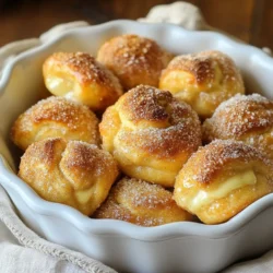 To make cinnamon sugar pretzel bites, gather these key ingredients: - 1 ½ cups warm water (between 110°F and 115°F) - 2 tablespoons granulated sugar - 2 teaspoons active dry yeast - 4 cups all-purpose flour - ½ cup baking soda - 1 teaspoon salt - ½ cup unsalted butter, melted - ½ cup granulated sugar (for coating) - 2 tablespoons ground cinnamon You can add a few extra touches to enhance the flavor: - Coarse sea salt (for sprinkling on top) - A drizzle of caramel or chocolate sauce for dipping Having the right tools makes cooking easier: - Large mixing bowl - Wooden spoon or dough hook - Baking sheets - Parchment paper - Slotted spoon - Floured surface for kneading These ingredients and tools set you up for success. Enjoy making these tasty snacks! {{ingredient_image_2}} Start by gathering your ingredients. In a large bowl, combine 1 ½ cups of warm water, 2 tablespoons of sugar, and 2 teaspoons of active dry yeast. Stir gently. Let this mixture sit for about 5 minutes. You will know it’s ready when it becomes frothy. This froth shows that the yeast is alive and ready to work. After the yeast mixture is frothy, add 4 cups of all-purpose flour and 1 teaspoon of salt. Mix this together using a wooden spoon or a dough hook until a rough dough forms. Next, place the dough on a floured surface. Knead the dough with your hands for about 5 minutes. You want it to feel smooth and elastic. Shape it into a ball and place it in a greased bowl. Cover the bowl with a kitchen towel. Let the dough rise in a warm spot for about 1 hour. It should double in size. While the dough rises, preheat your oven to 450°F. Prepare two baking sheets by lining them with parchment paper. In a large pot, bring 10 cups of water to a boil. Carefully add ½ cup of baking soda to the boiling water. Watch it bubble! Once the dough has risen, punch it down gently to release air. Transfer it to a floured surface. Divide the dough into small portions. Roll each portion into ropes about 1 inch thick and cut them into bite-sized pieces. Working in batches, place the pretzel bites into the boiling water for about 30 seconds. Use a slotted spoon to remove them and let them drain on paper towels. In a shallow bowl, mix ½ cup of granulated sugar with 2 tablespoons of ground cinnamon. Dip each boiled pretzel bite into melted butter, coating them well. Then roll them in the cinnamon sugar mixture for a sweet touch. Place the coated bites on your prepared baking sheets, spacing them about 1 inch apart. If you want, sprinkle some coarse sea salt on top. Bake them in the oven for 10 to 12 minutes, until they turn golden brown and puffed. Once done, take them out and let them cool for a few minutes before enjoying! To get the best texture for your cinnamon sugar pretzel bites, you must knead the dough well. Knead it for about 5 minutes until it feels smooth. This helps develop gluten, making your bites soft yet chewy. Be sure to let the dough rise in a warm place. A good rise leads to fluffy pretzel bites. Watch out for water that’s too hot when mixing with yeast. If it’s too hot, it can kill the yeast. Stick to warm water, between 110°F and 115°F. Also, don’t skip the boiling step. Boiling gives pretzels their classic crust. Lastly, avoid overcrowding the baking sheet. Space the bites out to ensure they bake evenly. Serve your cinnamon sugar pretzel bites warm for the best taste. They pair well with sweet dips. Try chocolate or caramel sauce for a fun twist. You can also sprinkle some coarse sea salt on top for a salty-sweet combo. Present them in a cute basket lined with a cloth for a lovely touch. Pro Tips Use the Right Temperature: Ensure your water is between 110°F and 115°F for optimal yeast activation, which is crucial for a fluffy texture. Kneading Technique: Knead the dough until it is smooth and elastic; this develops gluten for a chewy pretzel bite. Boiling Matters: Don’t skip the boiling step! It gives pretzels their characteristic texture and flavor; just 30 seconds is enough. Coating Variation: For an extra twist, try adding vanilla extract to your melted butter or mix in some nutmeg with the cinnamon sugar for a unique flavor. {{image_4}} You can change the flavor of your pretzel bites with spices. Try adding nutmeg for warmth or ginger for a zing. You can even mix in cardamom for an exotic twist. These spices will give your snacks a unique taste. Just sprinkle them in with the cinnamon. If you love cheese, try stuffing your pretzel bites. Use cheese like cheddar or mozzarella. After rolling your dough, flatten it into circles. Place a small amount of cheese in the center. Fold the dough over the cheese and seal it tight. Boil and bake as usual. The melted cheese inside will delight you! Besides cinnamon sugar, explore other sweet coatings. You can use cocoa powder for a chocolatey taste. Mix powdered sugar with vanilla for a sweet glaze. For a fruity twist, try powdered freeze-dried fruit. These options let you customize your pretzel bites for any craving! To keep your cinnamon sugar pretzel bites fresh, store them in an airtight container. Let them cool completely before sealing. This helps keep them soft and tasty. You can keep them at room temperature for up to two days. If you want to store them longer, the fridge is a good option. They will last up to a week in the fridge. When you're ready to enjoy leftover pretzel bites, preheat your oven to 350°F (175°C). Place the bites on a baking sheet and cover them with foil to prevent drying. Heat for about 10 minutes. You can also use the microwave, but they may become chewy. Heat them for about 20-30 seconds, checking to avoid overheating. If you want to freeze your pretzel bites, first let them cool completely. Then, place them in a single layer on a baking sheet. Freeze them for about an hour until firm. After that, transfer them to a freezer bag or container. They can last up to three months in the freezer. When ready to eat, let them thaw in the fridge overnight. Reheat them as mentioned earlier for the best taste. Yes, you can use instant yeast. It works faster than active dry yeast. You can skip the frothing step. Just mix it with the flour and salt. This saves time in your prep. These bites pair well with many dips. Try warm chocolate or caramel sauce. You can also serve them with cream cheese frosting. If you prefer something savory, try cheese sauce. Each dip will add a new flavor twist. You can find pre-made pretzel bites at many grocery stores. Look in the frozen section or snack aisle. Some bakeries also sell fresh pretzel bites. You can even check local food markets or online stores. To make gluten-free pretzel bites, use a gluten-free flour blend. Many blends work well for baking. Make sure it has a good structure, like almond or oat flour. The process remains the same. Just follow the recipe steps as usual. In this blog post, we covered how to make delicious pretzel bites from start to finish. You learned about the key ingredients, tools, and step-by-step instructions. We shared tips for texture, common mistakes, and great serving ideas. You also discovered fun variations and how to store your bites properly. Remember, making pretzel bites can be fun and easy. With practice, you will create the best snacks to share with friends and family. Now, grab your ingredients and start baking! Enjoy the process and the tasty results.