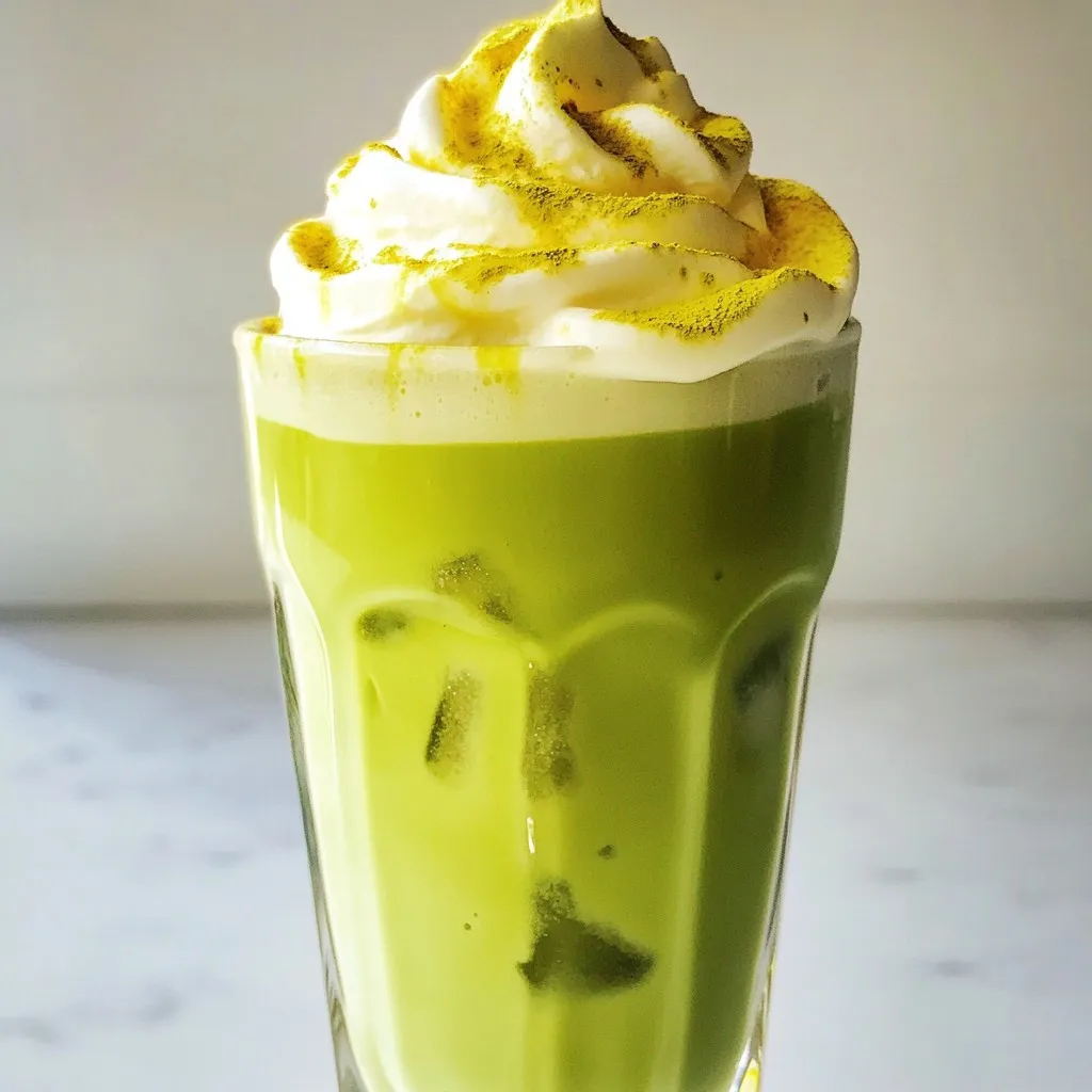 Here’s what you need to make an Iced Matcha Dalgona Latte. Gather these items before you start: - 2 tablespoons matcha powder - 2 tablespoons hot water - 2 tablespoons sugar (adjust to your taste) - 1 cup milk (choose dairy or plant-based) - 1/2 cup ice cubes - A pinch of sea salt - Whipped cream for topping Matcha powder is key for that vibrant green color and rich flavor. Hot water helps dissolve the matcha. Sugar sweetens the drink, making it more enjoyable. Milk adds creaminess, while ice keeps it refreshingly cold. You can add sea salt for a flavor boost. Whipped cream can make it feel extra special. Make sure to use good quality matcha powder. It makes a big difference in taste. The brighter the color, the better the quality! Keep these tips in mind, and you’ll create a latte that impresses. {{ingredient_image_2}} Mixing Matcha and Hot Water Start by measuring 2 tablespoons of matcha powder. Place it in a bowl. Add 2 tablespoons of hot water. Use a bamboo whisk or electric mixer to mix. Whisk until the mixture is smooth and frothy. This step is key for a great flavor. Achieving Creamy Dalgona Consistency Next, gradually add 2 tablespoons of sugar to your matcha mix. Keep whisking for about 2 to 4 minutes. You want a thick and creamy texture. This is what makes the matcha layer rich and delightful. Filling the Glass with Ice and Milk Take a tall glass and fill it with ½ cup of ice cubes. Pour in 1 cup of your choice of milk, leaving some space at the top. You can use dairy or plant-based milk based on your preference. This cools the drink and makes it refreshing. Topping with Matcha Mixture Now, gently spoon the creamy matcha mixture over the milk. This creates a beautiful layered look. The green matcha should sit on top of the white milk. It’s a feast for the eyes before you even take a sip! Adding Sea Salt and Whipped Cream For a unique twist, sprinkle a pinch of sea salt on top of the matcha. It enhances the flavors and adds a special touch. If you want to indulge more, add a dollop of whipped cream on top. This makes the drink even creamier and more special. Enjoy your iced matcha dalgona latte! Mix it up before sipping to blend the flavors together. - Choosing High-Quality Matcha: Always pick the best matcha you can find. Look for vibrant green powder. High-quality matcha has a sweet, grassy taste. Cheap matcha can taste bitter or dull. - Proper Mixing Techniques: Use a bamboo whisk or electric mixer. Add hot water to matcha powder. Mix it well until it is smooth and frothy. This step is key for good flavor. A well-mixed matcha will stand out in your drink. - Timing for Creaminess: Whip the matcha and sugar together for about 2 to 4 minutes. The longer you whip, the creamier it gets. A thick and fluffy texture makes your drink feel special. - Adjusting Sugar to Taste: Start with 2 tablespoons of sugar, then taste. If you want it sweeter, add more sugar bit by bit. Everyone likes different levels of sweetness, so make it yours! - Presentation Tips for Visual Appeal: Use a clear glass for serving. This shows the beautiful layers of matcha and milk. It looks great and makes you want to take a photo. Add a simple straw for easy sipping. - Recommended Additions: Sprinkle a pinch of sea salt on top. This boosts the flavors. You can also add whipped cream for a richer treat. Consider adding flavored syrups for fun twists! Pro Tips Use Quality Matcha: Opt for high-quality matcha powder for the best flavor and vibrant color in your latte. Adjust Sweetness: Feel free to adjust the amount of sugar according to your taste; you can also substitute with honey or agave syrup. Chill Your Glass: For an extra refreshing drink, chill your glass in the freezer for a few minutes before preparing your latte. Experiment with Milk: Try different types of milk, such as almond or oat milk, to discover your preferred flavor combination. {{image_4}} You can add your favorite flavored syrups to this drink. Vanilla or caramel syrup can give a nice twist. Just mix in about one tablespoon before adding the milk. You could also try infusing with other ingredients. A dash of cinnamon or a hint of mint adds a fun kick. If you want to change the sweetener, you have options. Try honey, agave, or maple syrup instead of regular sugar. Each sweetener brings a unique taste. For milk, think outside the box! Almond, oat, or coconut milk work great. These options offer dairy-free choices and alter the flavor too. In summer, this iced drink is a refreshing treat. You can make it even cooler by blending the ice into the matcha mix. This gives a slush-like texture that’s perfect for hot days. In winter, warm it up! Instead of ice, use steamed milk and skip the ice cubes. Add a sprinkle of nutmeg for a cozy vibe. To keep your Iced Matcha Dalgona Latte fresh, use a clean glass jar. Pour any leftover latte into the jar. Seal it tight and place it in the fridge. This way, you can enjoy it later without losing flavor. If you want to warm your latte, use a microwave or a small pot. Heat it slowly to keep the creamy texture. Stir gently as it warms up. Avoid boiling, as this can ruin the texture and taste. Matcha powder can last up to a year if stored well. Keep it in a cool, dark place. Dairy milk has a shorter life, about a week after opening. Plant-based milk can last longer, usually up to 10 days. Always check dates on the package to be safe. A Dalgona latte is a trendy drink that is creamy and fluffy. It started in South Korea and became popular worldwide. The drink has a whipped coffee or matcha layer on top of milk. You mix the two layers when you drink it. This gives a fun look and a great taste. Yes, you can easily make this recipe vegan. Simply swap dairy milk for plant-based milk. Almond, soy, or oat milk work great. For the sugar, use any sweetener that fits your diet. This way, you keep the creamy texture without using animal products. An Iced Matcha Dalgona Latte usually has around 250-300 calories. This depends on the type of milk and sugar you use. If you choose low-fat or unsweetened milk, you can lower the calorie count. Yes, you can make a Dalgona latte without matcha. Just replace matcha with instant coffee or cocoa powder. Mix it with hot water and sugar the same way. This gives you a different flavor but keeps the fun whipped texture. You learned how to make an Iced Matcha Dalgona Latte. We covered key ingredients like matcha powder, sugar, and milk, plus tips to enhance flavor. You now know how to blend a creamy matcha blend and add personal touches with options like whipped cream. Experiment with flavors and variations to find your favorite. Remember to store your matcha well for the best taste. Enjoy making this fun drink at home as both a treat and a creative project.