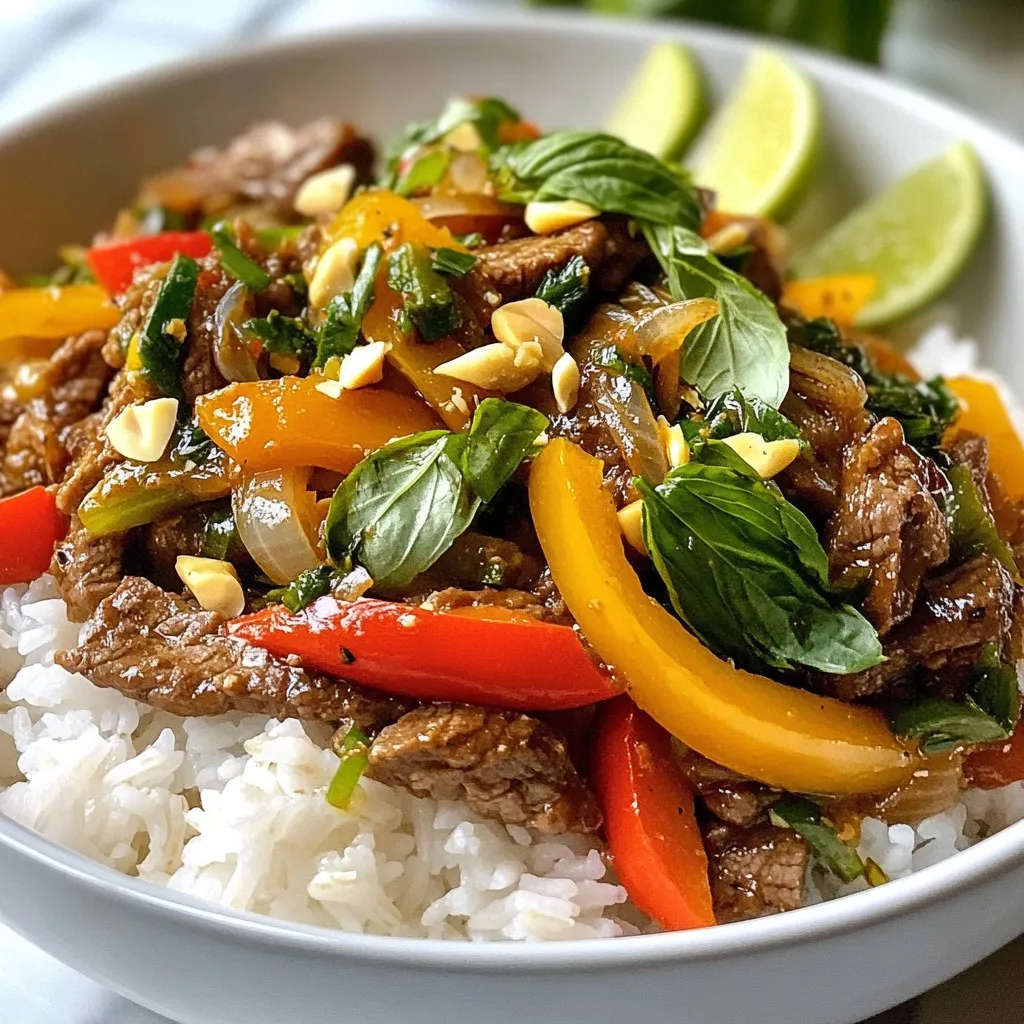 - 1 lb (450g) beef sirloin, thinly sliced against the grain - 2 cups fresh Thai basil leaves, packed - 1 tablespoon vegetable oil (or more if needed) - 4 cloves garlic, finely minced - 2-3 Thai bird's eye chilies, finely chopped - 1 bell pepper, sliced into thin strips - 1 medium onion, sliced into half-moons - 3 tablespoons soy sauce - 1 tablespoon oyster sauce - 1 tablespoon fish sauce - 1 teaspoon brown sugar - Cooked jasmine rice, for serving - Fresh lime wedges - Chopped peanuts Serve this dish with jasmine rice. The rice balances the heat from the chilies. You can also add a light salad for extra freshness. Enjoy your meal family-style, letting everyone share. This way, it feels warm and inviting. {{ingredient_image_2}} - Start by slicing 1 pound of beef sirloin thinly against the grain. - Mince 4 cloves of garlic and finely chop 2-3 Thai bird's eye chilies. - Slice 1 bell pepper into thin strips and cut 1 medium onion into half-moons. - Gather 2 cups of fresh Thai basil leaves and set them aside. - Mix 3 tablespoons of soy sauce, 1 tablespoon of oyster sauce, 1 tablespoon of fish sauce, and 1 teaspoon of brown sugar in a small bowl. 1. Heat 1 tablespoon of vegetable oil in a large skillet or wok over medium-high heat. 2. Add the minced garlic and chopped chilies to the oil. Sauté for 30 seconds until fragrant. 3. Increase the heat to high and add the sliced beef. Spread it in a single layer. 4. Stir-fry the beef for 2-3 minutes until browned but still slightly undercooked. 5. Add the sliced onion and bell pepper to the skillet. Stir-fry for another 2-3 minutes. 6. Pour the sauce mixture over the stir-fry. Toss everything to coat evenly. 7. Remove from heat and gently fold in the Thai basil leaves until they wilt. 8. Serve over cooked jasmine rice and garnish with lime wedges and chopped peanuts if you like. - Use a hot pan to get a nice sear on the beef. - Don’t overcrowd the pan; cook in batches if needed. - Keep the ingredients moving to prevent burning. - Always prepare your ingredients before cooking for a smooth process. - Feel free to adjust the heat by adding more or fewer chilies. For this dish, I like using beef sirloin. It is tender and cooks fast. Look for bright red color and some marbling. This fat adds flavor and keeps the meat juicy. If you want something cheaper, flank steak works too. Just slice it thinly against the grain. This method helps keep it tender. To boost the taste, use fresh herbs. Thai basil is key in this dish. Its sweet and spicy notes bring life to your stir-fry. You can also add a squeeze of lime juice at the end. This adds brightness and lifts the flavors. For a twist, try adding a teaspoon of sesame oil for a nutty finish. If you enjoy spice, add more Thai bird's eye chilies. Start with two and taste your dish. If you want it milder, remove the seeds from the chilies. You can also use bell peppers for color and sweetness without heat. One trick is to serve it with a side of rice to cool your palate. Pro Tips Choose the Right Cut: For optimal tenderness, use cuts like flank steak or sirloin. They cook quickly and remain juicy when stir-fried. Adjust the Heat: If you prefer a milder dish, reduce the number of bird's eye chilies or remove the seeds before chopping. Fresh Basil is Key: Use fresh Thai basil for the best flavor. If unavailable, regular basil can be substituted, but the taste will differ. Serve Immediately: This dish is best enjoyed right after cooking while the beef is tender and the vegetables are crisp. {{image_4}} You can make this dish meat-free. Use sliced tofu instead of beef. Firm tofu holds its shape well. It also absorbs flavors from the sauce nicely. You can also try tempeh for a nutty taste. Just sauté it until golden. This adds a nice crunch to your meal. Don't forget to add extra veggies for color and flavor! If beef isn’t your choice, try chicken or shrimp. Thinly slice chicken breast for a quick cook. Shrimp cooks fast too, so be careful not to overdo it. You can also use pork tenderloin for a different taste. Each protein brings its flavor to the dish, making it versatile. Feel free to mix up the veggies! Broccoli, snap peas, or carrots add great color. You can also use zucchini or mushrooms for extra texture. Just remember to cut them thin for even cooking. Adding a mix of vegetables not only boosts nutrition but also makes your dish more exciting! After enjoying your Thai basil beef stir-fry, cool it down to room temperature. Place leftovers in an airtight container. Store it in the fridge for up to three days. This way, your meal stays fresh and tasty for later! To reheat your stir-fry, use a skillet over medium heat. Add a splash of water or oil. Stir the beef and veggies for about five minutes. This keeps them moist and flavorful. You can also use a microwave. Heat in a bowl, covered, for two minutes. Stir halfway through to warm evenly. You can freeze your stir-fry for up to three months. Just make sure it cools completely before freezing. Use a freezer-safe bag or container. Remove as much air as possible. When ready to eat, thaw it overnight in the fridge. Reheat as described above for a quick meal! You can use sweet basil as a substitute. Sweet basil has a milder flavor. It will not taste the same, but it works in a pinch. Other options include mint or a mix of basil and mint. Each will add its own twist to the dish. To lower the heat, skip the bird's eye chilies. You can also use fewer chilies. If you still want some spice, try using bell peppers. They add flavor without the heat. Lastly, serve the dish with a side of yogurt or sour cream to cool it down. Yes, you can use frozen beef. However, thaw it first for best results. Thawing helps the beef cook evenly. If you're short on time, you can cut the beef while still slightly frozen. This makes slicing easier. Just remember to cook it a bit longer to ensure it’s done. Thai Basil Beef Stir-Fry is simple and fun to make. We covered key ingredients, step-by-step tips, and fun variations. You can customize it to fit your taste and needs. Remember to store leftovers properly for later meals. With the right techniques, you can create a dish full of flavor. Enjoy making this dish and impressing those at your table. Happy cooking!