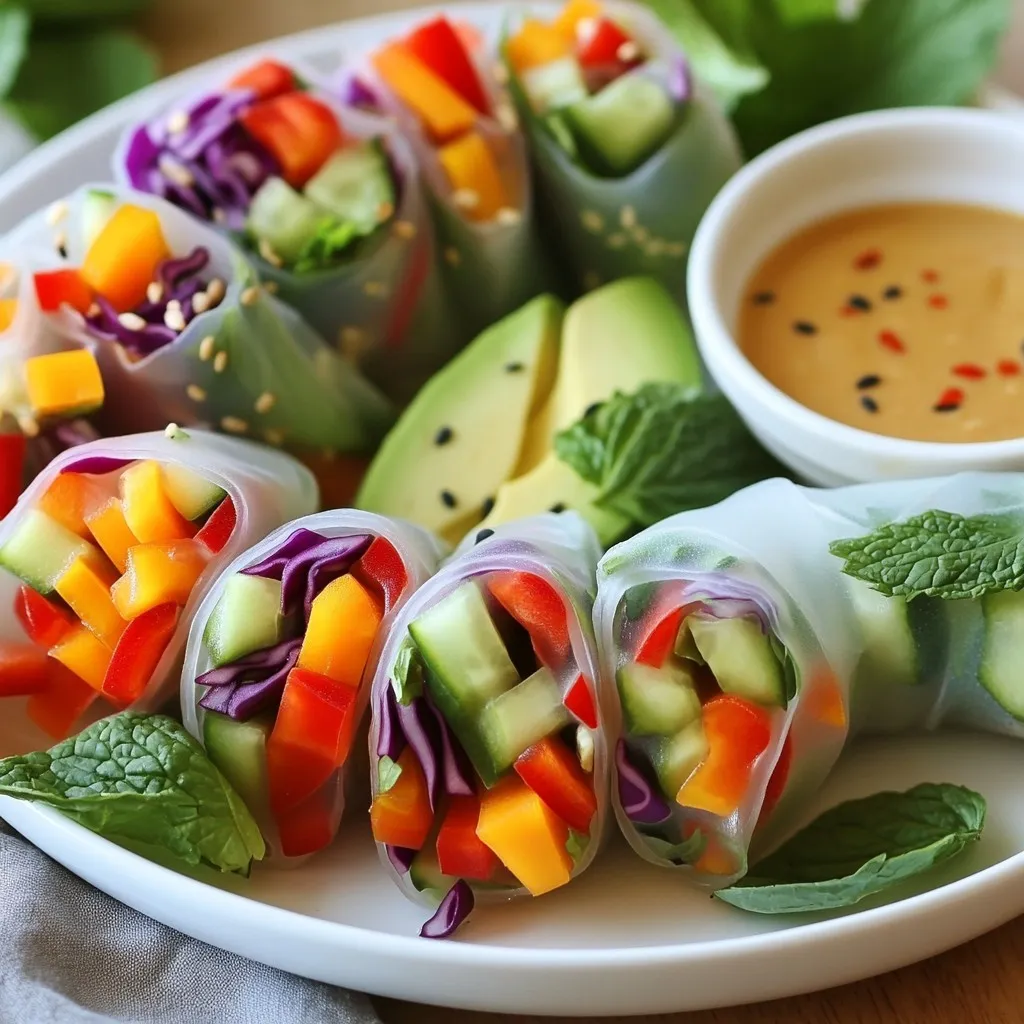 - 8 rice paper wrappers - 1 cup vibrant red cabbage, finely shredded - 1 cup crisp carrots, julienned - 1 red bell pepper, thinly sliced into strips - 1 cucumber, julienned - 1 ripe avocado, sliced into thin wedges - 1 cup fresh mint leaves, leaves separated - 1 cup fresh basil leaves, leaves separated - ½ cup creamy peanut butter (for dipping sauce) - 2 tablespoons soy sauce (for dipping sauce) - 1 tablespoon fresh lime juice (for dipping sauce) - 1 tablespoon honey or maple syrup (for dipping sauce) - 1 cup cooked vermicelli noodles (for a heartier roll) - Additional herbs like cilantro or chives - Variations of peanut sauce: Try adding sriracha for spice or coconut milk for creaminess. - Other sauce ideas: Consider sweet chili sauce or a tangy hoisin sauce for variety. Rainbow veggie spring rolls burst with color and flavor. The fresh veggies make each bite crisp and fun. The rice paper wrappers provide a soft base for all the fillings. You can mix and match veggies based on what you like. Think about adding some cooked vermicelli noodles for a heartier roll. Fresh herbs like mint and basil brighten the rolls. They add a pop of flavor that makes them special. For the dipping sauce, peanut butter is a great start. Mix in soy sauce, lime juice, and honey for a sweet and salty treat. You can play with the sauce too. Add sriracha for heat or coconut milk for creaminess. Each dip enhances the rolls and makes them even better. Enjoy creating these tasty snacks! {{ingredient_image_2}} Cooking the vermicelli noodles Start by boiling water in a pot. Add your vermicelli noodles and cook them as per the package's directions. This usually takes about 3 to 5 minutes. Once cooked, drain them using a colander. Rinse the noodles under cold water to stop the cooking. Set them aside to cool. Prepping the vegetables While the noodles cool, wash and slice your veggies. Shred the red cabbage finely. Julienne the carrots and cucumber into thin strips. Slice your red bell pepper into strips. Lastly, cut the avocado into thin wedges. Keep your herbs, mint, and basil, ready for later. Soaking the rice paper wrappers Get a wide, shallow bowl and fill it with warm water. Take one rice paper wrapper and dip it into the water for about 10-15 seconds. You want it soft, but not too sticky. Lay the wrapper flat on a clean surface, like a countertop or cutting board. Layering the fillings In the center of the wrapper, start layering your fillings. Add a small handful of red cabbage first. Then, add a few julienned carrots, strips of red bell pepper, and cucumber. Place some avocado slices on top. Finally, add a couple of mint and basil leaves. If you want heartier rolls, add some cooled vermicelli noodles here. Folding the sides Now, carefully fold the two sides of the wrapper over the filling. This helps to keep everything inside. Rolling method Begin rolling from the bottom upwards. Roll it snugly, but be gentle to avoid tearing. Continue with the rest of the rice paper wrappers and filling. Each roll should be colorful and firm, perfect for dipping. To avoid tearing rice paper, I suggest soaking it gently. Dip the rice paper wrapper in warm water for 10-15 seconds. Make sure it’s soft but not sticky. If it feels too wet, it can tear easily. Also, use a clean, damp surface to lay it flat. For even filling distribution, start with a small amount of each veggie. Place them in the center of the wrapper. Layer them well, but don't overstuff. This keeps the roll tight and makes it easier to wrap. For creative serving ideas, stand the spring rolls upright in a small jar. This shows off all the colors. You can also place them on a platter with the dipping sauce in the middle. It looks fun and inviting! Garnishing suggestions include adding extra mint and basil leaves around the platter. You can also sprinkle sesame seeds on top for added texture. For best practices in storage, keep leftover spring rolls in an airtight container. This helps them stay fresh. Use parchment paper between layers to avoid sticking. To refresh spring rolls, lightly dampen them with a wet cloth. This can help restore some softness. If they feel dry, you can briefly re-soak them in warm water for a few seconds. Pro Tips Soften with Care: When soaking rice paper wrappers, ensure the water is warm but not boiling to prevent them from becoming too sticky or tearing. Layer Wisely: Always layer your ingredients in the center of the wrapper to allow for easy folding and rolling without spilling. Customize the Filling: Feel free to experiment with different veggies or proteins, like shrimps or tofu, to suit your taste preferences. Chill Before Serving: For the best texture, refrigerate your spring rolls for about 15 minutes before serving to ensure they hold their shape well. {{image_4}} You can change up the veggies in your spring rolls. Try using purple cabbage, zucchini, or snap peas. Each veggie adds a new taste and color. You can also add protein for a filling meal. Tofu is a great choice for a vegetarian option. Shrimp adds a nice seafood flavor. You could even use grilled chicken or beef for a heartier roll. The dipping sauce can change the whole dish. For a spicy kick, add sriracha or chili paste to your peanut sauce. You can also mix in a bit of ginger for a fresh twist. If you want a healthier dip, try a sesame soy sauce. This can be made with low-sodium soy sauce and a touch of honey. You can also use a simple lime and soy sauce mix for a tangy flavor. Making these rolls vegan is easy. Skip the shrimp and use only veggies or tofu. For a gluten-free option, use gluten-free soy sauce. This keeps the flavors without the gluten. You can also find rice paper wrappers that are gluten-free. Always check the labels to be sure. To keep your spring rolls fresh, use an airtight container. Place parchment paper between layers to avoid sticking. These rolls last for about two days in the fridge. After that, they may lose their crunch. Always check for freshness before enjoying. To store your dipping sauce, keep it in a sealed jar in the fridge. This helps prolong its freshness for up to one week. If you want to freeze it, pour the sauce into ice cube trays. Once frozen, transfer cubes to a bag. This way, you can easily thaw what you need later. To rehydrate leftover spring rolls, dip them in warm water for a few seconds. This helps restore their texture. Avoid soaking them too long to prevent tearing. For your sauce, gently heat it on low in a pot. Stir until warm, but do not let it boil. To make rainbow veggie spring rolls, gather your ingredients first. You will need: - 8 rice paper wrappers - 1 cup vibrant red cabbage, finely shredded - 1 cup crisp carrots, julienned - 1 red bell pepper, thinly sliced into strips - 1 cucumber, julienned - 1 ripe avocado, sliced into thin wedges - 1 cup fresh mint leaves - 1 cup fresh basil leaves - 1 cup cooked vermicelli noodles (optional) - ½ cup creamy peanut butter (for dipping sauce) - 2 tablespoons soy sauce (for dipping sauce) - 1 tablespoon fresh lime juice (for dipping sauce) - 1 tablespoon honey or maple syrup (for dipping sauce) Start by cooking the vermicelli noodles. Rinse them under cold water after cooking. Next, prepare a bowl of warm water to soften the rice paper wrappers. Dip one wrapper for about 10-15 seconds until soft. Lay it flat on a clean surface. Add a small handful of red cabbage, carrots, bell pepper, cucumber, and avocado in the center. Add mint and basil leaves for extra flavor. If you want heartier rolls, add the vermicelli noodles too. Fold the sides over and roll from the bottom up. Be gentle to avoid tearing. Repeat this for all wrappers. For the dipping sauce, mix peanut butter, soy sauce, lime juice, and honey or maple syrup in a bowl. Serve your spring rolls with the dipping sauce for a tasty snack! Yes, you can prepare spring rolls ahead of time! Here are some best practices to follow: - Prep the fillings: Cut your vegetables and store them in an airtight container. This keeps them fresh. - Wrap them up: You can roll the spring rolls a few hours in advance. Keep them covered with a damp cloth to avoid drying out. - Store properly: Place the rolls in a single layer in an airtight container. Use parchment paper between layers to prevent sticking. - Dipping sauce: Make the dipping sauce ahead too. Store it in the fridge in a sealed jar for easy access. Rainbow veggie spring rolls are very healthy! They are packed with nutrients from fresh vegetables. Here are some nutritional benefits: - Red cabbage: Rich in vitamins C and K, it helps boost your immune system. - Carrots: Full of beta-carotene, they support good vision and skin health. - Bell peppers: High in antioxidants, they help protect your body from harm. - Cucumbers: Low in calories, they keep you hydrated and can aid digestion. - Avocado: Packed with healthy fats, it is great for heart health and skin. - Fresh herbs: Mint and basil add flavor and health benefits, like aiding digestion. These rolls are not just colorful; they are a delicious way to eat your veggies! You now have a complete guide to making fresh and colorful spring rolls. We covered key ingredients like rice paper wrappers and vibrant veggies. I shared step-by-step instructions to ensure perfect rolls every time. Don't forget the tasty dipping sauces that can take your rolls to the next level. Experiment with flavors and keep your creations fresh. Enjoy this healthy, fun, and creative dish. Now, it's time to roll up your sleeves and get started on your spring rolls!
