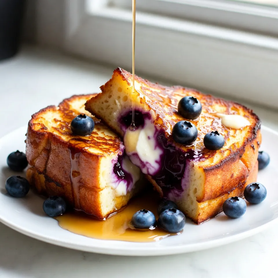 To make Blueberry Cheesecake French Toast, you will need the following ingredients: - 8 slices of thick-cut brioche bread - 1 cup cream cheese, softened to room temperature - 1/4 cup powdered sugar - 1 teaspoon vanilla extract - 1 cup fresh blueberries (plus additional for garnish) - 4 large eggs - 1/2 cup milk - 1 teaspoon ground cinnamon - 1 tablespoon unsalted butter (for cooking) - Maple syrup, for serving Each of these items plays a key role in creating a rich and delicious dish. The brioche bread gives a soft and sweet base. Cream cheese adds that cheesecake flavor, while powdered sugar sweetens the mix. Vanilla extract enhances the taste, and fresh blueberries provide a burst of flavor. The eggs and milk form a custard that binds it all together. Ground cinnamon adds warmth, and butter helps achieve that perfect golden crust. Lastly, maple syrup makes it all come together with a sweet finish. Enjoy crafting this delightful breakfast! {{ingredient_image_2}} To start, grab a medium bowl. Add 1 cup of softened cream cheese. Next, sprinkle in 1/4 cup of powdered sugar and 1 teaspoon of vanilla extract. Mix these until smooth. You can use a hand mixer or a whisk. It should be creamy and well-blended. Now, gently fold in 1 cup of fresh blueberries. Be careful; we don’t want to squish them too much. Set this delicious filling aside for later. In a large bowl, whisk together 4 large eggs, 1/2 cup of milk, and 1 teaspoon of ground cinnamon. Make sure to mix it well until everything is combined. This mixture will coat your bread and give it that custardy goodness. First, preheat a large skillet over medium heat. Add 1 tablespoon of unsalted butter and let it melt. Swirl it around to coat the pan. Take a slice of brioche bread and spread a good layer of the blueberry cheesecake filling on one side. Place another slice on top to make a sandwich. Repeat this for all the slices. Now, dip each sandwich into the custard mixture. Let it soak for about 5 seconds on each side. After soaking, carefully place it on the hot skillet. Cook each sandwich for about 3-4 minutes until golden brown. Flip it over and cook for another 3-4 minutes. Once both sides are golden and cooked through, remove the sandwiches from the skillet. Serve them warm with a drizzle of maple syrup. Don’t forget to add some extra fresh blueberries on top for a lovely look. Enjoy your tasty morning dish! - To get the perfect golden brown, heat your skillet or griddle well. - Use a non-stick skillet for easy flipping and cooking. - Let the custard soak the bread for about 5 seconds on each side. This helps it absorb the flavors. - Drizzle maple syrup from a height for an elegant look. - Add fresh blueberries on top for color and appeal. A sprig of mint can also brighten the plate. - Try using challah or sourdough bread instead of brioche for different flavors. - If you want a sweeter dish, add more powdered sugar to the cream cheese mix or syrup. Pro Tips Use Day-Old Bread: Using slightly stale brioche bread helps it absorb the custard mixture better without becoming too soggy. Experiment with Cream Cheese Flavors: Try adding flavors like lemon zest or almond extract to the cream cheese mixture for a unique twist. Cook on Medium-Low Heat: Cooking on medium-low heat ensures that the French toast cooks through evenly without burning the outside. Serve Immediately: For the best texture and taste, serve the French toast right after cooking while it's still warm and fluffy. {{image_4}} You can easily customize your Blueberry Cheesecake French Toast for more fun. Adding lemon zest gives a bright and fresh flavor. Just a teaspoon will do! Mix it in with your cream cheese filling for a tasty twist. You can also swap out blueberries for other berries. Try strawberries or raspberries for a new taste. Each berry brings its own unique flavor. This keeps your breakfast exciting and full of surprises! If you need gluten-free options, use gluten-free bread. There are many great choices available now. They work just as well in this recipe. For vegan options, replace cream cheese with vegan cream cheese. You can use flaxseed meal mixed with water to replace eggs. This way, everyone can enjoy this dish, no matter their diet! To keep your Blueberry Cheesecake French Toast fresh, store it in the fridge. - Let the French toast cool to room temperature. - Place it in an airtight container. - It can last for up to three days in the fridge. If you want to save it for later, try freezing it. - Wrap each piece in plastic wrap. - Place the wrapped pieces in a zip-top freezer bag. - They will stay good for up to two months in the freezer. Reheating your French toast can be easy and quick. - Preheat your oven to 350°F (175°C). - Place the slices on a baking sheet. - Heat for about 10-15 minutes until warm. You can also use a microwave. - Place one slice on a microwave-safe plate. - Heat it for 30 seconds at a time until warm. For best results, avoid using high heat. This keeps the toast soft and tasty. Can I make this recipe ahead of time? Yes, you can prepare the blueberry cheesecake filling a day before. Store it in the fridge. You can also assemble the sandwiches and let them sit in the fridge for a few hours. Just cook them fresh in the morning for the best taste. What can I serve with Blueberry Cheesecake French Toast? You can serve it with maple syrup for extra sweetness. Fresh fruits like strawberries or raspberries add color. A dollop of whipped cream is also a great touch. Pair it with coffee or tea for a perfect breakfast. How do I know when my French toast is fully cooked? Your French toast will be golden brown on both sides. Use a knife to cut into one. The center should not be wet. If it is firm and warm, it's ready to eat. Can I use frozen blueberries? Yes, frozen blueberries work well too. Just thaw them before mixing. Drain excess liquid to avoid a soggy filling. They may be softer, but they still taste great. What substitutes can I use for powdered sugar? You can use granulated sugar if needed. Blend it in a blender for a finer texture. You can also use honey or maple syrup, but adjust the quantity to taste. This blog post covered a delightful recipe for Blueberry Cheesecake French Toast. You learned about the key ingredients, easy steps, and helpful tips. Each point ensures you create a tasty breakfast treat. Remember, you can modify the recipe to fit your needs, like trying different berries or making it vegan. Enjoy the process, keep experimenting, and savor your delicious creations. Your kitchen adventure has just begun.