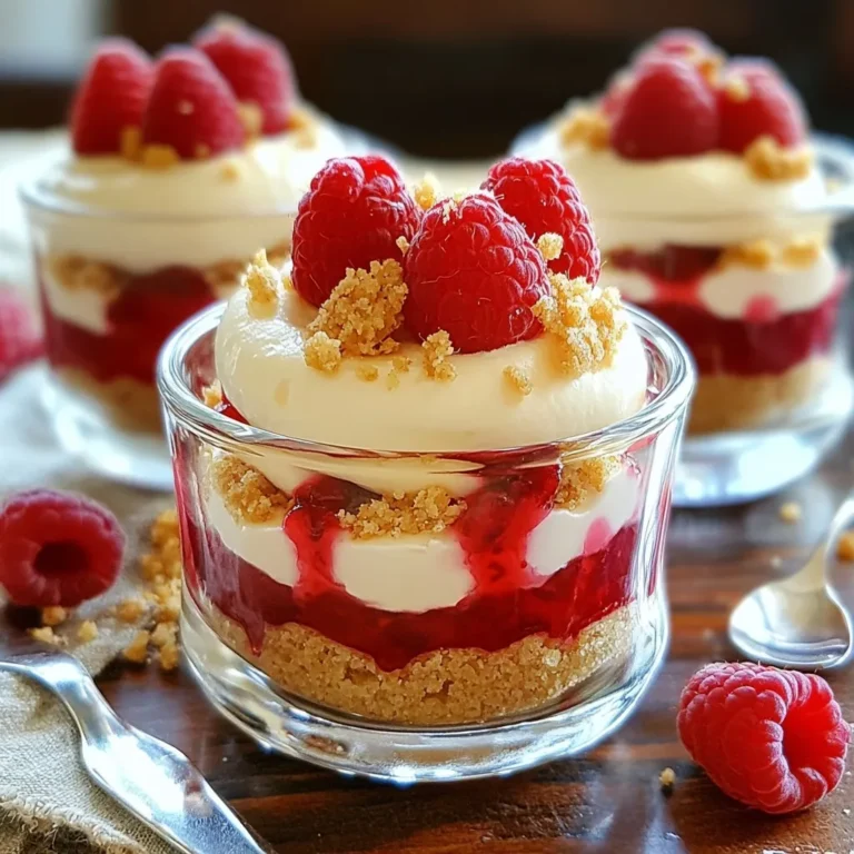 - 1 cup fresh raspberries (plus extra for garnish) - 1 tablespoon granulated sugar - 1 cup cream cheese, softened to room temperature - 1/2 cup powdered sugar - 1 teaspoon pure vanilla extract - 1 cup heavy whipping cream - 1/2 cup graham cracker crumbs - 2 tablespoons unsalted butter, melted - Pinch of sea salt You need fresh raspberries for the best taste. They bring a sweet and tart flavor. The granulated sugar helps to enhance the raspberries' natural sweetness. Cream cheese is key for that rich, creamy texture. Make sure it’s softened for easy mixing. Powdered sugar gives a nice sweetness without graininess. Vanilla extract adds depth to the flavor. Heavy whipping cream creates a light and fluffy mousse. It’s essential to whip it well to get those stiff peaks. Graham cracker crumbs make the base crunchy and fun. Mixing them with melted butter helps them stick together. Finally, a pinch of sea salt balances the sweetness and elevates the flavors. With these ingredients, you’ll create delightful raspberry cheesecake mousse cups that are sure to impress! {{ingredient_image_2}} 1. In a small bowl, combine 1 cup of fresh raspberries and 1 tablespoon of granulated sugar. 2. Gently mash some raspberries with a fork. This helps release their juices. 3. Set this mixture aside for about 10 minutes. This makes the raspberries taste better. 1. In a medium bowl, beat 1 cup of softened cream cheese until smooth. 2. Gradually add 1/2 cup of powdered sugar and 1 teaspoon of pure vanilla extract. 3. Keep mixing until the mixture is creamy and free of lumps. 1. In a large bowl, pour in 1 cup of heavy whipping cream. 2. Use a mixer to whip the cream on high speed. 3. Stop when stiff peaks form. This makes the mousse light and airy. 1. Gently fold the whipped cream into the cream cheese mixture. 2. Use a spatula and mix until they are fully combined. 3. Carefully fold in the macerated raspberries, keeping some chunks for texture. 1. In a small bowl, mix 1/2 cup of graham cracker crumbs with 2 tablespoons of melted butter and a pinch of sea salt. 2. Stir until the mixture is even. 1. Divide the graham cracker mix into small dessert cups. 2. Press down slightly to make an even base layer. 3. Spoon the raspberry cheesecake mousse over the crust, filling the cups almost to the top. 4. Cover the cups with plastic wrap and chill in the fridge for at least 2 hours. 5. Before serving, garnish with extra raspberries and a sprinkle of crushed graham crackers. How to whip cream to stiff peaks To whip cream, pour the heavy cream into a clean bowl. Use a handheld mixer or a stand mixer. Start mixing on low speed, then increase to high. Keep whipping until you see stiff peaks. This means the cream stands tall without drooping. Tips for folding ingredients When combining the whipped cream and cream cheese mix, use a spatula. Gently scoop from the bottom and fold over the top. This method keeps your mousse light and airy. Avoid stirring too hard, as it can deflate the cream. Suggestions for additional flavorings You can add lemon zest for a bright touch. A teaspoon of lemon juice also boosts flavor. Other options include vanilla bean seeds or a splash of almond extract. Each adds a unique twist to the classic taste. Serving in clear cups for visual appeal Use clear cups to show off the layers of your mousse. This makes the dessert look fancy and inviting. The bright pink of the raspberries stands out beautifully against the white mousse. Garnishing tips with mint and additional berries Top each cup with fresh raspberries and a mint sprig for color. You can also sprinkle crushed graham crackers on top. These garnishes add texture and make the dessert look even more delicious. Pro Tips Use Room Temperature Ingredients: Allow your cream cheese to soften at room temperature for easier mixing and a smoother texture in your mousse. Whip Cream to Stiff Peaks: Ensure your heavy whipping cream is whipped to stiff peaks for a light and airy mousse that holds its shape well. Garnish for Presentation: Use fresh mint leaves or a sprinkle of graham cracker crumbs on top of each cup for an attractive finishing touch. Chill Before Serving: Refrigerate the mousse cups for at least 2 hours before serving to enhance flavors and ensure the mousse sets properly. {{image_4}} You can easily change the flavors of these mousse cups. Swap the raspberries for strawberries or blueberries for a fresh twist. Both fruits will add a sweet and fruity taste. You can also add chocolate or lemon flavors. Mix in some melted chocolate for a rich touch, or use lemon zest for a bright zing. If you want a gluten-free version, use crushed nuts or gluten-free cookies for the crust. Almonds or oats work well here. For a dairy-free option, you can replace the cream cheese with a dairy-free cream cheese. Use coconut cream instead of heavy cream for a lighter feel. To make these mousse cups even better, pair them with different sauces or toppings. A drizzle of chocolate sauce or a fruit compote can enhance the flavors. You can also sprinkle some crushed graham crackers on top for added crunch. Each of these touches makes the dessert even more special. To keep your Raspberry Cheesecake Mousse Cups fresh, store them in the refrigerator. Place them in an airtight container or cover them with plastic wrap. This will help prevent them from absorbing odors from other foods. These mousse cups can stay fresh in the fridge for about 3 days. After that, the texture may change, and they might not taste as great. Can you freeze Raspberry Cheesecake Mousse Cups? Yes, you can freeze them, but it's best to freeze them without the graham cracker base. The crust can become soggy when thawed. To freeze, place the mousse in freezer-safe containers. Leave some space at the top, as the mousse may expand. When ready to eat, thaw them in the fridge overnight. Avoid using a microwave, as this can ruin the texture. Enjoy your mousse cups within 1 month for the best taste. Raspberry mousse can last for about 3 to 4 days in the fridge. To keep it fresh, store the mousse cups in an airtight container. Make sure they are covered well to prevent drying out. If you see any change in texture or smell, it's best to toss it. Yes, you can make this recipe ahead of time. In fact, it tastes even better when chilled. Prepare the mousse and layer it in the cups. Then, cover them with plastic wrap and place them in the fridge. You can make them up to 2 days in advance. Just remember to add the garnish right before serving. If you can't use cream cheese, there are a few good options. You can try Greek yogurt for a lighter taste. Another option is mascarpone cheese, which adds a rich flavor. For a dairy-free choice, use a vegan cream cheese. Just note that this may change the final taste a bit. Yes, Raspberry Cheesecake Mousse Cups can be gluten-free. Just use gluten-free graham crackers for the crust. Many brands offer gluten-free options that taste great. Always check the labels to ensure there are no hidden gluten ingredients. This way, everyone can enjoy this tasty treat! This article covered how to make Raspberry Cheesecake Mousse Cups. You learned about the key ingredients and step-by-step instructions. We also shared tips for best flavor and presentation. You have options for flavor variations and dietary needs. Lastly, storage methods help maintain freshness. Try making this sweet treat for any occasion. Enjoy the process and impress your friends and family!