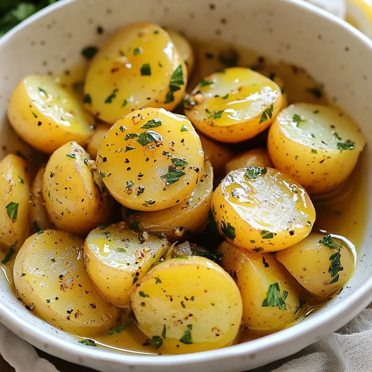 - 2 pounds baby potatoes, halved - 1/4 cup extra-virgin olive oil - Juice of 2 large fresh lemons - 4 cloves garlic, minced - 1 tablespoon dried oregano - 1 cup vegetable broth or chicken broth - Fresh parsley, chopped (for garnish) The main ingredients for Greek Lemon Potatoes are simple. Baby potatoes are perfect for their small size and creamy texture. The extra-virgin olive oil adds richness and depth. Fresh lemons give the dish its signature zest and tang. Garlic brings a savory note, while dried oregano adds an earthy flavor. You can enhance the dish with optional ingredients. Vegetable or chicken broth adds moisture and flavor. Fresh parsley not only looks nice but also adds a fresh touch. Together, these ingredients create a bright, flavorful side dish that pairs well with many meals. {{ingredient_image_2}} - Preheat your oven to 400°F (200°C). This heat is perfect for roasting. - Gather your ingredients. You need: - 2 pounds baby potatoes, halved - 1/4 cup extra-virgin olive oil - 4 cloves garlic, minced - Juice of 2 large fresh lemons - Zest of 1 lemon - 1 tablespoon dried oregano - 1 teaspoon salt - 1/2 teaspoon freshly ground black pepper - 1 cup vegetable or chicken broth - Fresh parsley, chopped (for garnish) - In a large bowl, combine olive oil, minced garlic, lemon juice, lemon zest, dried oregano, salt, and pepper. - Whisk all the ingredients together well. You want a smooth, tasty mix. - Add the halved baby potatoes to the bowl. Toss them gently in the marinade. Make sure each piece is coated. - Transfer the marinated potatoes into a large baking dish. Spread them out in a single layer. - Carefully pour the vegetable or chicken broth over the potatoes. This adds moisture and flavor. - Cover the baking dish with aluminum foil. Place it in your preheated oven and bake for 30 minutes. - After 30 minutes, remove the foil. Stir the potatoes well to coat them again. - Return the dish to the oven, uncovered. Bake for another 25-30 minutes. Look for golden brown and fork-tender potatoes. - Once roasted, take them out of the oven. Let them rest for a few minutes. This helps the flavors blend. - Before serving, sprinkle with freshly chopped parsley. This adds color and freshness. Enjoy! To make roasted potatoes great, coat them well. Start by mixing the olive oil, garlic, lemon juice, zest, oregano, salt, and pepper. Toss halved potatoes in this mix until each piece shines. Marinating is key. Let them sit for at least 30 minutes. This helps the flavors soak in deep. Fresh herbs can boost taste. Instead of dried oregano, use fresh if you can find it. Chop some parsley to add at the end. Taste as you go. You can adjust the salt and pepper to your liking. Each bite should burst with flavor. Serving can make a meal special. You can serve the potatoes in the baking dish for a rustic look. For a more polished take, use a large platter. Drizzle a little olive oil on top. Add lemon wedges around the dish for color. These tips make your Greek Lemon Potatoes not just tasty but also beautiful. Pro Tips Use Fresh Ingredients: For the best flavor, opt for fresh lemons and high-quality extra-virgin olive oil. Fresh ingredients enhance the overall taste of the dish. Adjust Cooking Time: Depending on the size of your baby potatoes, you may need to adjust the cooking time. Check for doneness by piercing them with a fork; they should be tender. Experiment with Herbs: While oregano is traditional, feel free to experiment with other herbs like thyme or rosemary for a different flavor profile. Perfectly Crispy Potatoes: For extra crispy potatoes, broil them for a few minutes at the end of the cooking time. Just keep a close eye on them to prevent burning. {{image_4}} You can use fresh herbs instead of dried ones. Fresh oregano, rosemary, or thyme adds bright flavors. Chop them finely and mix them into the marinade. Fresh herbs give a vibrant taste that dried herbs can’t match. You can add other root vegetables to your dish. Carrots, beets, or sweet potatoes work well. They bring different textures and flavors. You can also serve the potatoes with roasted proteins like chicken or lamb. The flavors blend well and make a complete meal. To give your potatoes a unique twist, add spices. Paprika or cumin can enhance the flavor profile. If you like cheese, adding feta gives a creamy texture. Crumble it over the potatoes right before serving. This adds a salty kick and makes the dish even more delicious. To store leftovers, let the Greek Lemon Potatoes cool to room temperature. Place them in an airtight container. This keeps them fresh and tasty. You can store them in the fridge for up to 4 days. If you want them to last longer, you can freeze them. Just remember, freezing can change their texture. To reheat, the oven is the best choice. Preheat your oven to 350°F (175°C). Spread the potatoes on a baking sheet. Bake for about 15-20 minutes or until hot. If you're in a hurry, you can use the microwave. Place the potatoes in a microwave-safe dish. Heat for 2-3 minutes, stirring halfway. Either method will give you warm and delicious potatoes again. I recommend using baby potatoes for this dish. They are small, tender, and cook evenly. You can also use Yukon Gold or red potatoes. These types hold their shape well and soak up the flavors nicely. Yes, you can prepare Greek Lemon Potatoes ahead of time. You can marinate them a few hours before roasting. Store them in the fridge until you are ready to bake. This helps the flavors develop even more. To make more servings, simply double the ingredients. Use four pounds of baby potatoes and adjust the amounts of olive oil and broth. Ensure you use a larger baking dish to hold all the potatoes. This keeps them from crowding, which is key for roasting. If you need alternatives, you can use low-sodium broth for less salt. For vegan options, skip the chicken broth and use vegetable broth. You can also swap fresh herbs if you have allergies. Just keep the key flavors in mind. This blog post covered how to make tasty Greek Lemon Potatoes. We explored key ingredients like baby potatoes, olive oil, and garlic. I provided steps for preparation, marinating, and baking. Tips for perfect potatoes included using fresh herbs and adjusting seasoning. Variations let you mix in other veggies or spices. Remember to store leftovers well and follow reheating tips. These potatoes can easily become a favorite dish at your table. Now, you have all the tools to create this delightful dish yourself.