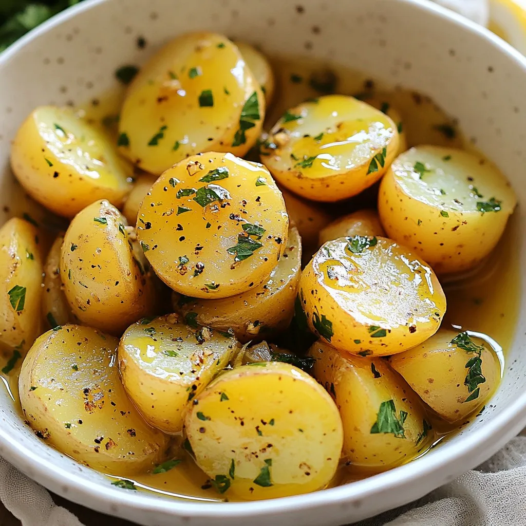- 2 pounds baby potatoes, halved - 1/4 cup extra-virgin olive oil - Juice of 2 large fresh lemons - 4 cloves garlic, minced - 1 tablespoon dried oregano - 1 cup vegetable broth or chicken broth - Fresh parsley, chopped (for garnish) The main ingredients for Greek Lemon Potatoes are simple. Baby potatoes are perfect for their small size and creamy texture. The extra-virgin olive oil adds richness and depth. Fresh lemons give the dish its signature zest and tang. Garlic brings a savory note, while dried oregano adds an earthy flavor. You can enhance the dish with optional ingredients. Vegetable or chicken broth adds moisture and flavor. Fresh parsley not only looks nice but also adds a fresh touch. Together, these ingredients create a bright, flavorful side dish that pairs well with many meals. {{ingredient_image_2}} - Preheat your oven to 400°F (200°C). This heat is perfect for roasting. - Gather your ingredients. You need: - 2 pounds baby potatoes, halved - 1/4 cup extra-virgin olive oil - 4 cloves garlic, minced - Juice of 2 large fresh lemons - Zest of 1 lemon - 1 tablespoon dried oregano - 1 teaspoon salt - 1/2 teaspoon freshly ground black pepper - 1 cup vegetable or chicken broth - Fresh parsley, chopped (for garnish) - In a large bowl, combine olive oil, minced garlic, lemon juice, lemon zest, dried oregano, salt, and pepper. - Whisk all the ingredients together well. You want a smooth, tasty mix. - Add the halved baby potatoes to the bowl. Toss them gently in the marinade. Make sure each piece is coated. - Transfer the marinated potatoes into a large baking dish. Spread them out in a single layer. - Carefully pour the vegetable or chicken broth over the potatoes. This adds moisture and flavor. - Cover the baking dish with aluminum foil. Place it in your preheated oven and bake for 30 minutes. - After 30 minutes, remove the foil. Stir the potatoes well to coat them again. - Return the dish to the oven, uncovered. Bake for another 25-30 minutes. Look for golden brown and fork-tender potatoes. - Once roasted, take them out of the oven. Let them rest for a few minutes. This helps the flavors blend. - Before serving, sprinkle with freshly chopped parsley. This adds color and freshness. Enjoy! To make roasted potatoes great, coat them well. Start by mixing the olive oil, garlic, lemon juice, zest, oregano, salt, and pepper. Toss halved potatoes in this mix until each piece shines. Marinating is key. Let them sit for at least 30 minutes. This helps the flavors soak in deep. Fresh herbs can boost taste. Instead of dried oregano, use fresh if you can find it. Chop some parsley to add at the end. Taste as you go. You can adjust the salt and pepper to your liking. Each bite should burst with flavor. Serving can make a meal special. You can serve the potatoes in the baking dish for a rustic look. For a more polished take, use a large platter. Drizzle a little olive oil on top. Add lemon wedges around the dish for color. These tips make your Greek Lemon Potatoes not just tasty but also beautiful. Pro Tips Use Fresh Ingredients: For the best flavor, opt for fresh lemons and high-quality extra-virgin olive oil. Fresh ingredients enhance the overall taste of the dish. Adjust Cooking Time: Depending on the size of your baby potatoes, you may need to adjust the cooking time. Check for doneness by piercing them with a fork; they should be tender. Experiment with Herbs: While oregano is traditional, feel free to experiment with other herbs like thyme or rosemary for a different flavor profile. Perfectly Crispy Potatoes: For extra crispy potatoes, broil them for a few minutes at the end of the cooking time. Just keep a close eye on them to prevent burning. {{image_4}} You can use fresh herbs instead of dried ones. Fresh oregano, rosemary, or thyme adds bright flavors. Chop them finely and mix them into the marinade. Fresh herbs give a vibrant taste that dried herbs can’t match. You can add other root vegetables to your dish. Carrots, beets, or sweet potatoes work well. They bring different textures and flavors. You can also serve the potatoes with roasted proteins like chicken or lamb. The flavors blend well and make a complete meal. To give your potatoes a unique twist, add spices. Paprika or cumin can enhance the flavor profile. If you like cheese, adding feta gives a creamy texture. Crumble it over the potatoes right before serving. This adds a salty kick and makes the dish even more delicious. To store leftovers, let the Greek Lemon Potatoes cool to room temperature. Place them in an airtight container. This keeps them fresh and tasty. You can store them in the fridge for up to 4 days. If you want them to last longer, you can freeze them. Just remember, freezing can change their texture. To reheat, the oven is the best choice. Preheat your oven to 350°F (175°C). Spread the potatoes on a baking sheet. Bake for about 15-20 minutes or until hot. If you're in a hurry, you can use the microwave. Place the potatoes in a microwave-safe dish. Heat for 2-3 minutes, stirring halfway. Either method will give you warm and delicious potatoes again. I recommend using baby potatoes for this dish. They are small, tender, and cook evenly. You can also use Yukon Gold or red potatoes. These types hold their shape well and soak up the flavors nicely. Yes, you can prepare Greek Lemon Potatoes ahead of time. You can marinate them a few hours before roasting. Store them in the fridge until you are ready to bake. This helps the flavors develop even more. To make more servings, simply double the ingredients. Use four pounds of baby potatoes and adjust the amounts of olive oil and broth. Ensure you use a larger baking dish to hold all the potatoes. This keeps them from crowding, which is key for roasting. If you need alternatives, you can use low-sodium broth for less salt. For vegan options, skip the chicken broth and use vegetable broth. You can also swap fresh herbs if you have allergies. Just keep the key flavors in mind. This blog post covered how to make tasty Greek Lemon Potatoes. We explored key ingredients like baby potatoes, olive oil, and garlic. I provided steps for preparation, marinating, and baking. Tips for perfect potatoes included using fresh herbs and adjusting seasoning. Variations let you mix in other veggies or spices. Remember to store leftovers well and follow reheating tips. These potatoes can easily become a favorite dish at your table. Now, you have all the tools to create this delightful dish yourself.