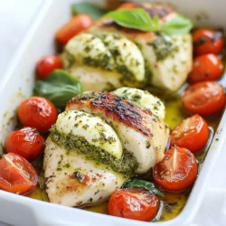 - 4 boneless, skinless chicken breasts - 1 cup fresh basil pesto - 8 oz fresh mozzarella cheese, sliced - 1 cup cherry tomatoes, halved - 2 tablespoons extra virgin olive oil - Salt and freshly ground black pepper, to taste - 1 teaspoon garlic powder - 1 teaspoon Italian seasoning blend - Fresh basil leaves for garnish You need four chicken breasts. Each breast will hold the filling well. Use one cup of pesto. This adds rich flavor. Slice eight ounces of mozzarella cheese. You want enough cheese for each chicken breast. A cup of cherry tomatoes helps add color and sweetness. Use two tablespoons of olive oil for cooking. Salt and pepper will season the dish perfectly. One teaspoon of garlic powder and one teaspoon of Italian seasoning blend enhance the taste. Fresh basil leaves make a nice touch at the end. If you don’t have chicken breasts, you can use thighs. They stay juicy and tender. For pesto, consider using sun-dried tomato spread. It gives a different taste but works well. If fresh mozzarella is not available, use shredded mozzarella. It melts nicely but may not look as pretty. Cherry tomatoes can be swapped with diced bell peppers. They roast well and add a sweet crunch. Use any cooking oil if you don’t have olive oil. Canola or vegetable oil works too. {{ingredient_image_2}} 1. Preheat your oven to 375°F (190°C). This step helps the chicken cook evenly. 2. Take the chicken breasts and slice a pocket into the thickest part. Be careful not to cut all the way through. 3. Season each chicken breast with salt, pepper, garlic powder, and Italian seasoning inside and out. This adds great flavor. 4. Spread about 2 tablespoons of basil pesto inside each pocket. Then, place 2 slices of fresh mozzarella in the pocket. 5. Use toothpicks to close the openings, keeping the filling secure. 1. In a large, oven-safe skillet, heat 2 tablespoons of olive oil over medium-high heat. Wait until the oil shimmers. 2. Add the stuffed chicken breasts to the skillet. Sear each side for about 4-5 minutes. Look for a golden brown color and a crispy texture. 1. After searing, transfer the skillet to the preheated oven. Bake for 20-25 minutes. The chicken should reach an internal temperature of 165°F (75°C). 2. In the last 10 minutes of baking, scatter halved cherry tomatoes around the chicken. They will roast and add sweetness. 3. Once done, remove the skillet from the oven and let the chicken rest for 5 minutes. Gently take out the toothpicks. 4. Serve the chicken with extra pesto on top and garnish with fresh basil leaves for a beautiful touch. To make your chicken full of flavor, season well. Use salt, black pepper, garlic powder, and Italian seasoning both inside and outside. This simple step helps each bite burst with taste. Stuff the chicken with fresh basil pesto and mozzarella for even more flavor. The combination will make your taste buds dance! Dry chicken can ruin your meal. To keep it juicy, don’t overcook. Use a meat thermometer to check for an internal temperature of 165°F (75°C). This ensures it stays moist. Also, let the chicken rest for about 5 minutes after baking. This helps the juices settle back into the meat, making it deliciously tender. Toothpicks keep your stuffing safely inside. After filling each chicken pocket, use them to close the openings. Insert them straight through the chicken to hold the filling. Be careful when removing them after cooking, as they can be hot. This simple tool helps you serve a neat and tasty dish. Pro Tips Use Fresh Ingredients: The quality of your pesto and mozzarella can significantly enhance the flavor of this dish. Opt for fresh, high-quality ingredients for the best results. Perfectly Sear for Flavor: Ensure your skillet is hot enough before adding the chicken. A good sear creates a delicious crust that locks in juices and adds depth to the flavor. Rest Before Serving: Let the stuffed chicken rest for a few minutes after baking. This allows the juices to redistribute, resulting in a more tender and flavorful bite. Customize Your Filling: Feel free to add other ingredients to the filling, such as sun-dried tomatoes or spinach, for additional flavor and nutrition. Get creative! {{image_4}} You can change the filling to match your taste. Consider using sun-dried tomatoes for a rich, tangy flavor. Spinach adds a nice color and healthy touch. Or try artichoke hearts for a twist. You can even mix in some cooked quinoa for added texture and nutrition. While fresh mozzarella is great, other cheeses work well too. Try provolone for a sharper taste. Goat cheese adds a creamy texture and unique flavor. If you love blue cheese, it can give an excellent kick. You might also enjoy mixing cheeses for a delightful blend. Adding veggies boosts flavor and nutrition. Bell peppers offer sweetness and crunch. Zucchini slices bring moisture and a mild taste. Mushrooms add an earthy depth. You can also toss in some fresh herbs like thyme or parsley for extra freshness. Don't be afraid to get creative! To keep your leftover Pesto Mozzarella Stuffed Chicken fresh, place it in an airtight container. Make sure to cool it to room temperature first. Store it in the fridge for up to three days. If you want to keep it longer, consider freezing it. When ready to eat your leftovers, reheat the chicken in the oven for the best results. Preheat your oven to 350°F (175°C). Place the chicken in an oven-safe dish and cover it with foil. Heat for about 15-20 minutes until warm. You can also use a microwave, but it may not keep the chicken crispy. To freeze your stuffed chicken, wrap each piece tightly in plastic wrap. Then, place the wrapped chicken in a freezer bag. Label the bag with the date. This way, you can enjoy it later! It will stay fresh for up to three months. To thaw, move the chicken to the fridge a day before cooking. The safe internal temperature for cooked chicken is 165°F (75°C). Use a meat thermometer to check. Insert it into the thickest part of the chicken to get an accurate reading. Cooking your chicken to this temperature makes sure it is safe to eat. It also keeps the meat juicy and tender. Yes, you can prepare this recipe ahead of time. Stuff and sear the chicken earlier in the day. Place it in the fridge after searing. When you are ready, bake it as instructed. This saves time and makes it easy to serve a delicious meal. Just remember to adjust the baking time if the chicken is cold. This stuffed chicken goes well with many sides. Here are some great options: - Garlic bread for a nice, warm touch. - A fresh green salad for crunch and brightness. - Roasted vegetables like zucchini or bell peppers for added flavor. - Creamy mashed potatoes to soak up the juices. Each of these sides enhances the meal and makes it more enjoyable. Choose what you like best! This blog post outlined how to make Pesto Mozzarella Stuffed Chicken. We covered key ingredients, the cooking process, and helpful tips. I shared variations and storage tips to keep your meal fresh. Remember, juicy chicken needs the right temperature and moisture. Don’t skip the fun additions like different cheeses or veggies. With these steps, your chicken dish will shine. Now, you can enjoy a delicious meal, whether cooking for yourself or friends. Cooking can be easy and fun!