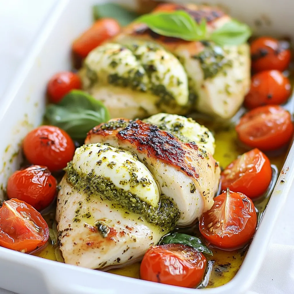 - 4 boneless, skinless chicken breasts - 1 cup fresh basil pesto - 8 oz fresh mozzarella cheese, sliced - 1 cup cherry tomatoes, halved - 2 tablespoons extra virgin olive oil - Salt and freshly ground black pepper, to taste - 1 teaspoon garlic powder - 1 teaspoon Italian seasoning blend - Fresh basil leaves for garnish You need four chicken breasts. Each breast will hold the filling well. Use one cup of pesto. This adds rich flavor. Slice eight ounces of mozzarella cheese. You want enough cheese for each chicken breast. A cup of cherry tomatoes helps add color and sweetness. Use two tablespoons of olive oil for cooking. Salt and pepper will season the dish perfectly. One teaspoon of garlic powder and one teaspoon of Italian seasoning blend enhance the taste. Fresh basil leaves make a nice touch at the end. If you don’t have chicken breasts, you can use thighs. They stay juicy and tender. For pesto, consider using sun-dried tomato spread. It gives a different taste but works well. If fresh mozzarella is not available, use shredded mozzarella. It melts nicely but may not look as pretty. Cherry tomatoes can be swapped with diced bell peppers. They roast well and add a sweet crunch. Use any cooking oil if you don’t have olive oil. Canola or vegetable oil works too. {{ingredient_image_2}} 1. Preheat your oven to 375°F (190°C). This step helps the chicken cook evenly. 2. Take the chicken breasts and slice a pocket into the thickest part. Be careful not to cut all the way through. 3. Season each chicken breast with salt, pepper, garlic powder, and Italian seasoning inside and out. This adds great flavor. 4. Spread about 2 tablespoons of basil pesto inside each pocket. Then, place 2 slices of fresh mozzarella in the pocket. 5. Use toothpicks to close the openings, keeping the filling secure. 1. In a large, oven-safe skillet, heat 2 tablespoons of olive oil over medium-high heat. Wait until the oil shimmers. 2. Add the stuffed chicken breasts to the skillet. Sear each side for about 4-5 minutes. Look for a golden brown color and a crispy texture. 1. After searing, transfer the skillet to the preheated oven. Bake for 20-25 minutes. The chicken should reach an internal temperature of 165°F (75°C). 2. In the last 10 minutes of baking, scatter halved cherry tomatoes around the chicken. They will roast and add sweetness. 3. Once done, remove the skillet from the oven and let the chicken rest for 5 minutes. Gently take out the toothpicks. 4. Serve the chicken with extra pesto on top and garnish with fresh basil leaves for a beautiful touch. To make your chicken full of flavor, season well. Use salt, black pepper, garlic powder, and Italian seasoning both inside and outside. This simple step helps each bite burst with taste. Stuff the chicken with fresh basil pesto and mozzarella for even more flavor. The combination will make your taste buds dance! Dry chicken can ruin your meal. To keep it juicy, don’t overcook. Use a meat thermometer to check for an internal temperature of 165°F (75°C). This ensures it stays moist. Also, let the chicken rest for about 5 minutes after baking. This helps the juices settle back into the meat, making it deliciously tender. Toothpicks keep your stuffing safely inside. After filling each chicken pocket, use them to close the openings. Insert them straight through the chicken to hold the filling. Be careful when removing them after cooking, as they can be hot. This simple tool helps you serve a neat and tasty dish. Pro Tips Use Fresh Ingredients: The quality of your pesto and mozzarella can significantly enhance the flavor of this dish. Opt for fresh, high-quality ingredients for the best results. Perfectly Sear for Flavor: Ensure your skillet is hot enough before adding the chicken. A good sear creates a delicious crust that locks in juices and adds depth to the flavor. Rest Before Serving: Let the stuffed chicken rest for a few minutes after baking. This allows the juices to redistribute, resulting in a more tender and flavorful bite. Customize Your Filling: Feel free to add other ingredients to the filling, such as sun-dried tomatoes or spinach, for additional flavor and nutrition. Get creative! {{image_4}} You can change the filling to match your taste. Consider using sun-dried tomatoes for a rich, tangy flavor. Spinach adds a nice color and healthy touch. Or try artichoke hearts for a twist. You can even mix in some cooked quinoa for added texture and nutrition. While fresh mozzarella is great, other cheeses work well too. Try provolone for a sharper taste. Goat cheese adds a creamy texture and unique flavor. If you love blue cheese, it can give an excellent kick. You might also enjoy mixing cheeses for a delightful blend. Adding veggies boosts flavor and nutrition. Bell peppers offer sweetness and crunch. Zucchini slices bring moisture and a mild taste. Mushrooms add an earthy depth. You can also toss in some fresh herbs like thyme or parsley for extra freshness. Don't be afraid to get creative! To keep your leftover Pesto Mozzarella Stuffed Chicken fresh, place it in an airtight container. Make sure to cool it to room temperature first. Store it in the fridge for up to three days. If you want to keep it longer, consider freezing it. When ready to eat your leftovers, reheat the chicken in the oven for the best results. Preheat your oven to 350°F (175°C). Place the chicken in an oven-safe dish and cover it with foil. Heat for about 15-20 minutes until warm. You can also use a microwave, but it may not keep the chicken crispy. To freeze your stuffed chicken, wrap each piece tightly in plastic wrap. Then, place the wrapped chicken in a freezer bag. Label the bag with the date. This way, you can enjoy it later! It will stay fresh for up to three months. To thaw, move the chicken to the fridge a day before cooking. The safe internal temperature for cooked chicken is 165°F (75°C). Use a meat thermometer to check. Insert it into the thickest part of the chicken to get an accurate reading. Cooking your chicken to this temperature makes sure it is safe to eat. It also keeps the meat juicy and tender. Yes, you can prepare this recipe ahead of time. Stuff and sear the chicken earlier in the day. Place it in the fridge after searing. When you are ready, bake it as instructed. This saves time and makes it easy to serve a delicious meal. Just remember to adjust the baking time if the chicken is cold. This stuffed chicken goes well with many sides. Here are some great options: - Garlic bread for a nice, warm touch. - A fresh green salad for crunch and brightness. - Roasted vegetables like zucchini or bell peppers for added flavor. - Creamy mashed potatoes to soak up the juices. Each of these sides enhances the meal and makes it more enjoyable. Choose what you like best! This blog post outlined how to make Pesto Mozzarella Stuffed Chicken. We covered key ingredients, the cooking process, and helpful tips. I shared variations and storage tips to keep your meal fresh. Remember, juicy chicken needs the right temperature and moisture. Don’t skip the fun additions like different cheeses or veggies. With these steps, your chicken dish will shine. Now, you can enjoy a delicious meal, whether cooking for yourself or friends. Cooking can be easy and fun!