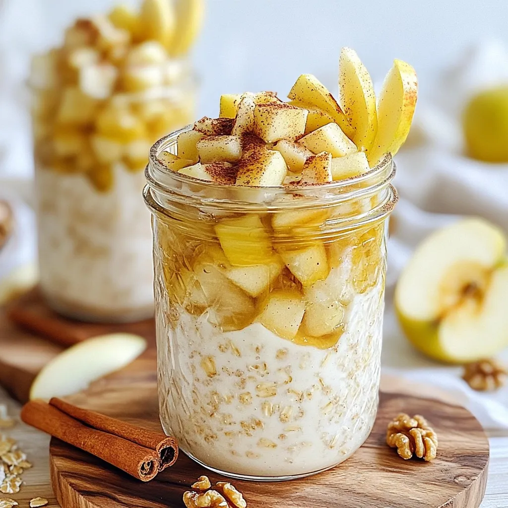 To make the best apple pie overnight oats, you need the following items: - 1 cup rolled oats - 1 ½ cups almond milk (or any milk of your choice) - 1 medium apple, peeled and diced - 1 tablespoon maple syrup - 1 teaspoon vanilla extract - 1 teaspoon ground cinnamon - ½ teaspoon ground nutmeg - 2 tablespoons chia seeds - Pinch of salt These ingredients blend to create a creamy and tasty dish. The oats soak up the milk, making them soft and delicious. The apple adds a nice crunch, while the spices give it that warm, pie-like flavor. You can add some fun twists to your overnight oats with these optional items: - ¼ cup walnuts or pecans, chopped (optional) - Sweetener of choice, like honey or agave syrup Feel free to swap almond milk for any milk you like. You can also choose different nuts or even add dried fruits for extra flavor. Each serving of apple pie overnight oats packs a nutritious punch. Here’s a quick look at what you get per serving: - Calories: Approximately 300 - Protein: About 8 grams - Fiber: Roughly 6 grams - Sugar: Around 10 grams (natural sugars from apple and maple syrup) These oats are a great way to start your day. They give you energy and keep you full. Enjoy the health benefits while savoring every bite! {{ingredient_image_2}} First, take a large mixing bowl. Add 1 cup of rolled oats. Then, toss in 2 tablespoons of chia seeds. Next, sprinkle in 1 teaspoon of ground cinnamon and ½ teaspoon of ground nutmeg. Finally, add a pinch of salt. Stir everything together until it's well mixed. This step is key for a balanced flavor. In another bowl, measure 1 ½ cups of almond milk. Then, add 1 tablespoon of maple syrup and 1 teaspoon of vanilla extract. Whisk these three ingredients together until they blend smoothly. This mixture brings sweetness and creaminess to your oats. Now, slowly pour the wet mixture into the bowl with the dry ingredients. Gently stir to coat all the oats. Make sure there are no dry spots left. After that, fold in your diced apple. If you like, you can also add chopped walnuts or pecans at this stage. Be careful not to crush the apple pieces while folding. Once combined, divide the mixture into jars or airtight containers. Seal them tightly to avoid spills. Place the jars in the fridge overnight, or at least for 4-6 hours. This helps the oats soak up the milk and become soft. In the morning, stir the oats well. If you want them creamier, add a splash of milk. For a tasty finish, top with extra apple slices, a sprinkle of cinnamon, and a drizzle of maple syrup. This makes your dish look and taste amazing! To get the best texture, use rolled oats. They soak up liquid well. Avoid instant oats; they can get mushy. Mix the oats with chia seeds and spices first. This helps them blend well. Let the oats soak overnight in the fridge. This softens them just right. If you want a creamier texture, add more milk in the morning. Stir well before serving. You can boost flavor in many ways. Try adding a pinch of salt to enhance sweetness. Maple syrup brings in a nice touch of sweetness, too. For a nutty taste, add chopped walnuts or pecans. If you want a fruity twist, toss in some raisins or dried cranberries. You can also use different spices like ginger or allspice. These changes make each bite exciting. Preparation can be quick and easy. Measure all your dry ingredients ahead of time. You can mix them in a bowl the night before. Just add the wet ingredients in the morning. If you're in a rush, use single-serving jars. This way, you get a grab-and-go breakfast. They are perfect for busy mornings. You can even make a batch for the whole week. Just store them in the fridge for easy access. Pro Tips Use Old Apples: Older apples tend to be softer and sweeter, which can enhance the flavor and texture of your overnight oats. Customize Your Milk: Experiment with different types of milk like oat milk or coconut milk for unique flavors that complement the apple pie theme. Chill Time is Key: Allow the oats to soak overnight for the best texture; the longer they soak, the creamier they become. Top with Fresh Ingredients: Add fresh fruit or nuts just before serving for an extra crunch and to maintain the freshness of the toppings. {{image_4}} If you want to make your apple pie overnight oats vegan, it's very easy. Simply use almond milk or any plant-based milk. Nut milk, oat milk, or soy milk all work well. Maple syrup is a great sweetener that fits perfectly. You can skip the nuts if you're allergic or prefer a nut-free option. These changes keep the recipe tasty and plant-based. To make your oats gluten-free, choose rolled oats that are certified gluten-free. Regular oats can have gluten due to cross-contamination. All other ingredients, like almond milk and spices, are naturally gluten-free. Always check labels to be sure. You can enjoy this dish without any worries. You can mix up the flavors in your apple pie overnight oats. Try adding other fruits like berries or peaches for a twist. You can also swap out spices. Instead of cinnamon, you can use ginger or cardamom. For a nutty touch, add sunflower seeds or almonds. These changes add fun and keep breakfast exciting! Store your apple pie overnight oats in airtight containers. This keeps them fresh and prevents odors from the fridge. Glass jars work well, as you can see the layers. Always make sure the lids are tightly sealed. Since the oats absorb liquid, they can get thick. If you prefer a creamier texture, add a splash of milk when you serve them. Apple pie overnight oats last about 3 to 5 days in the fridge. After this time, the oats may lose their freshness. Check for any off smells or changes in texture before eating. If they seem dry, add more milk to refresh them. For best flavor, try to eat them within the first few days. You can freeze apple pie overnight oats for later use. To do this, store them in freezer-safe containers. Leave some space at the top, as they will expand. When you're ready to eat, thaw them in the fridge overnight. After thawing, give them a good mix. You might need to add a bit of milk to regain the creamy texture. You can keep apple pie overnight oats in the fridge for up to five days. This makes them a great meal prep option. Just make sure they are in a sealed container. If you notice any change in smell or texture, it's best to toss them out. Yes, you can use instant oats, but the texture will change. Instant oats will soak up the liquid faster, making the oats softer. If you prefer a firmer texture, stick with rolled oats. They take longer to absorb liquid and hold their shape better. You can easily customize this recipe in many ways. Here are some ideas: - Fruits: Add berries, bananas, or dried fruits for different flavors. - Nuts: Swap walnuts or pecans for almonds or sunflower seeds. - Sweeteners: Use honey or agave instead of maple syrup for sweetness. - Spices: Experiment with ginger or allspice for a unique twist. - Dairy Alternatives: Try coconut milk for a creamier texture. - Toppings: Add yogurt, granola, or nut butter on top before serving. Feel free to mix and match ingredients. This recipe is all about making it your own! You’ve learned how to make delicious Apple Pie Overnight Oats. We covered essential ingredients, mixing methods, and storage tips. Each step helps you create a tasty breakfast that anyone can enjoy. Feel free to try the variations and tips to make this dish your own. Remember, you can customize it to fit your taste. I hope you feel excited to enjoy these treats, share with friends, and make mornings better!