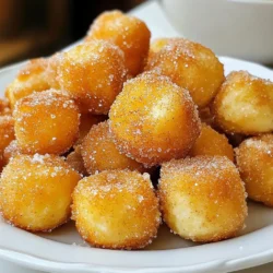 For the best cinnamon sugar pretzel bites, you will need a few key ingredients. These ingredients work together to create that soft, chewy texture and sweet, cinnamon flavor that makes these bites so special. - 1 and &frac12; cups warm water (110&deg;F to 115&deg;F) - 1 packet (2 and &frac14; teaspoons) active dry yeast - &frac14; cup granulated sugar (plus extra for coating) - 4 cups all-purpose flour - &frac34; teaspoon salt - &frac12; cup baking soda - 1 large egg, beaten - &frac12; cup unsalted butter, melted - &frac12; cup granulated sugar (for coating) - 2 teaspoons ground cinnamon Each ingredient plays a role in giving your pretzel bites their unique taste and texture. The warm water helps activate the yeast, while the sugar feeds the yeast, making it bubbly and frothy. Flour provides structure, and salt enhances flavor. Baking soda in boiling water gives those pretzel bites their signature crust. Using a large egg creates a beautiful golden color, and melted butter keeps the bites soft. Finally, the cinnamon sugar mixture gives your pretzel bites that irresistible sweetness. Gather these ingredients before you start, and let&rsquo;s make something delicious! {{ingredient_image_2}} First, combine 1 and &frac12; cups of warm water, 1 packet of active dry yeast, and &frac14; cup of granulated sugar in a large mixing bowl. Stir it gently to dissolve the yeast. Let it sit for about 5 minutes. You want to see bubbles form on top. This frothy texture shows that the yeast is alive and ready to work. Next, add 4 cups of all-purpose flour and &frac34; teaspoon of salt into the yeast mixture. Mix until everything comes together. Now, transfer the dough to a floured surface. Knead the dough for 5 to 7 minutes. You want it to feel smooth and elastic. Kneading helps develop the gluten, which gives the pretzel bites their chewy texture. After kneading, place the dough in a greased bowl. Cover it with a clean kitchen towel. Set it in a warm spot for about 1 hour. The dough should double in size. While it rises, preheat your oven to 425&deg;F (220&deg;C). Also, prepare the boiling solution. In a large pot, bring 10 cups of water to a boil. Once it&rsquo;s boiling, carefully add &frac12; cup of baking soda. Be cautious; it will bubble up! This solution is key for a great pretzel crust. To make great cinnamon sugar pretzel bites, kneading and rising are key. Kneading the dough well for 5 to 7 minutes helps develop gluten. This makes your bites chewy and soft. After kneading, let the dough rise in a warm spot. Cover it with a towel and let it double in size. This usually takes about 1 hour. Boiling the pretzel bites for exactly 30 seconds is crucial. This step gives them that classic pretzel texture. It firms up the outside, which makes it chewy after baking. You can serve pretzel bites with many tasty dips. Cream cheese frosting is a sweet option. It pairs perfectly with the cinnamon flavor. Chocolate sauce is another great choice, adding rich sweetness. For gatherings, present the bites in a woven basket. Line it with a cloth napkin for a cozy look. Offer a few dipping options on the side. Guests will love trying different flavors! If you want a healthier twist, use whole wheat flour instead of all-purpose flour. This adds fiber and nutrients without losing taste. You can also reduce the sugar in the coating. Instead of &frac12; cup, try using &frac14; cup. Your pretzel bites will still taste sweet and delicious! These tips can help you enjoy cinnamon sugar pretzel bites while staying mindful of your health. Happy baking! Pro Tips Perfect Yeast Activation: Ensure your water is at the right temperature (110&deg;F to 115&deg;F) to activate the yeast effectively; too hot or too cold can prevent it from bubbling. Knead with Care: Kneading the dough for the right amount of time (5 to 7 minutes) is crucial for developing gluten, which gives pretzels their chewy texture. Boiling is Key: Don&rsquo;t skip the boiling step; it creates the chewy outer crust that pretzels are known for. Boil each bite for exactly 30 seconds. Customize Your Coating: Feel free to experiment with different coatings instead of cinnamon sugar, such as garlic salt or everything bagel seasoning, for a unique twist. {{image_4}} You can change the flavor of your cinnamon sugar pretzel bites with different toppings. Try using flavored salts like garlic or herb salt. These add a savory twist. You can also sprinkle spices like paprika or chili powder for a kick. If you want to be bold, add cheese or garlic before baking. Grated cheese melts and gives a delicious crust. Garlic powder can bring a nice aroma and taste. Experiment with your favorite flavors to make each batch unique! Fillings can take your pretzel bites to another level. For sweet options, consider chocolate or caramel. Place a small piece of chocolate inside the dough before shaping. When baked, it melts and creates a gooey center. A drizzle of caramel can also enhance sweetness. For savory fillings, think of cheese or herbs. Cream cheese is a great choice. You can mix it with herbs like chives or dill for extra zest. This way, each bite holds a surprise inside, making them even more fun to eat! Keep your cinnamon sugar pretzel bites fresh by storing them in an airtight container. This helps maintain their soft texture. They stay fresh for about 2 to 3 days at room temperature. If you want to keep them longer, consider refrigerating them. In the fridge, they can last up to a week. To enjoy them warm, simply reheat in the oven for a few minutes. You can freeze pretzel bites before or after baking. If you freeze them before baking, shape and boil them first. After boiling, place them on a baking sheet and freeze until solid. Once frozen, transfer them to a freezer bag. They can last up to 3 months. To bake, just add a few extra minutes to the cooking time. If you freeze them after baking, let them cool completely first. Then, wrap each bite in plastic wrap or foil. Store them in a freezer bag. For reheating, place them in the oven at 350&deg;F (175&deg;C) for about 10 to 15 minutes. This method helps restore their crispy texture. Enjoy them warm! To make cinnamon sugar, mix &frac12; cup of granulated sugar with 2 teaspoons of ground cinnamon in a bowl. This blend gives your pretzel bites a sweet and spicy kick. After baking your pretzel bites, brush them with melted butter. Then, roll each pretzel bite in the cinnamon sugar mixture. This coating will stick well and create a delicious outer layer. Yes, you can prepare pretzel bites in advance. After shaping them, place the bites on a baking sheet lined with parchment paper. Cover them with plastic wrap and refrigerate for up to 24 hours. When ready to bake, remove them from the fridge. Allow them to come to room temperature for about 30 minutes before boiling. This way, your pretzel bites stay fresh and tasty. You can add different flavors to your pretzel bites for fun twists. Consider using garlic powder or herbs for a savory option. For a sweet treat, try adding chocolate chips or caramel inside the dough. You can also sprinkle flavored salts, like smoked salt, on top. These options can change up the taste and keep everyone excited for more! You now have the tools to make delicious pretzel bites at home. We covered the key ingredients, step-by-step instructions, tips for the best texture, and various ways to serve them. Remember to experiment with flavors and toppings to make your pretzel bites unique. Whether for a party or a snack, these treats will impress. Enjoy the process, and happy baking!