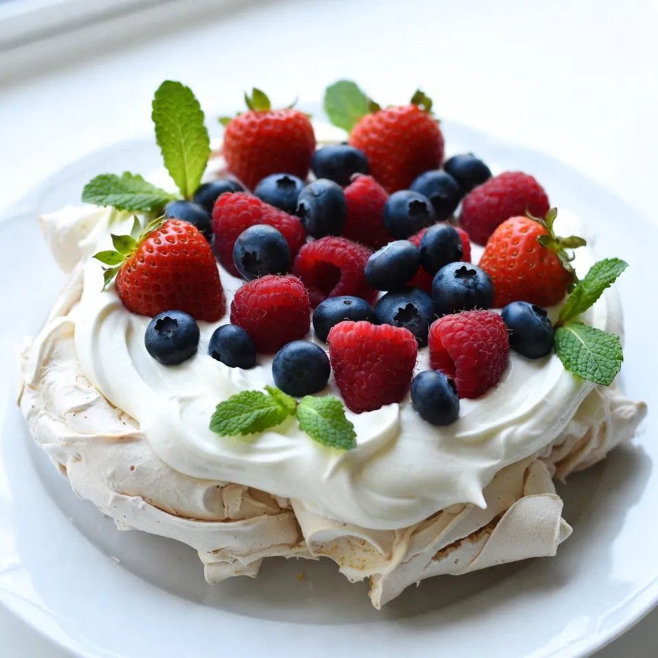 To make a great Summer Berry Pavlova, you need key ingredients. Here's what you'll need: - 4 large egg whites - 1 cup granulated sugar - 1 teaspoon cornstarch - 1 teaspoon white vinegar - 1 teaspoon pure vanilla extract - 1 cup heavy whipping cream - 2 tablespoons powdered sugar - 1 cup mixed fresh berries (sliced strawberries, whole blueberries, and raspberries) - Fresh mint leaves for garnish Each ingredient plays a role in the final taste and texture. The egg whites create the base. The sugar adds sweetness and helps with structure. Cornstarch and vinegar give the meringue a soft center. Vanilla brings a warm flavor. Heavy cream and powdered sugar make a fluffy topping. It’s all about balance! Choose fresh berries for the best flavor. I recommend using: - Sliced strawberries for sweetness - Whole blueberries for a pop of color - Raspberries for a slight tartness Mixing these brings vibrant flavors and textures. You can also add blackberries or sliced peaches for a twist. Enjoy the taste of summer with each bite! {{ingredient_image_2}} First, preheat your oven to 250°F (120°C). This low heat helps the meringue bake slowly. Next, line a baking sheet with parchment paper. Use a 9-inch circle as a guide. Drawing the circle on the underside of the parchment helps keep your meringue in shape. Begin with clean, dry mixing bowls. Add 4 large egg whites to the bowl. Beat them with an electric mixer on medium speed. Watch as they become foamy and grow in size. This takes only a few minutes. Gradually add 1 cup of granulated sugar, one tablespoon at a time. Increase the speed to high. Keep mixing until the mixture looks glossy and forms stiff peaks. This should take about 5-7 minutes. Now it’s time to add some special touches! Gently fold in 1 teaspoon of cornstarch, 1 teaspoon of white vinegar, and 1 teaspoon of pure vanilla extract. Use a spatula, and be careful not to deflate the egg whites. This step adds structure and flavor to your pavlova. Spoon the meringue onto the parchment paper. Shape it into a 9-inch circle. Make a slight indentation in the center for the whipped cream and berries. Place the meringue in the oven and bake for about 1 hour and 15 minutes. The outside should be crisp, while the inside stays soft. After baking, turn off the oven. Leave the door ajar and let the pavlova cool inside. While your pavlova cools, it’s time for the cream! In a separate bowl, add 1 cup of heavy whipping cream and 2 tablespoons of powdered sugar. Whip this mixture until soft peaks form. You want the cream light and fluffy, perfect for topping your pavlova. Once the pavlova is cool, gently transfer it to a serving platter. Spread the whipped cream into the center indentation. Then, generously top it with 1 cup of mixed fresh berries. Arrange the sliced strawberries, whole blueberries, and raspberries artfully. Finish by garnishing with fresh mint leaves for a bright touch. To make a perfect meringue, start with clean equipment. Any grease can ruin your egg whites. Use fresh, large egg whites. Beat them well until they turn foamy. Slowly add sugar, one tablespoon at a time. This helps form stiff peaks. When you see glossy peaks, it's ready. Gently fold in cornstarch, vinegar, and vanilla. This keeps your meringue light. A few mistakes can spoil your pavlova. First, don’t rush the sugar. Adding it too fast makes the meringue grainy. Second, avoid opening the oven door too soon. This can cause the pavlova to collapse. Lastly, don’t skip cooling it in the oven. It helps set the meringue and keeps it from cracking. For a stunning look, pile on your mixed berries. Use bright strawberries, blueberries, and raspberries. Arrange them artfully on top of the cream. Add fresh mint leaves for color and flavor. You can also drizzle honey or a berry sauce for extra sweetness. Serve slices on plates with extra berries on the side. This adds charm and makes it eye-catching. Pro Tips Use Room Temperature Eggs: For the best volume, make sure your egg whites are at room temperature before whipping. This helps them achieve maximum aeration. Don't Rush the Sugar: Add the sugar gradually and ensure it fully dissolves before proceeding. This will help achieve a smooth and stable meringue. Cool in the Oven: After baking, leave the pavlova in the oven with the door slightly ajar to cool completely. This prevents cracks from sudden temperature changes. Fresh Berries: Use a mix of berries for a colorful and flavorful topping. Choose ripe, in-season berries for the best taste. {{image_4}} You can change the flavor of the cream easily. Instead of plain whipped cream, try adding lemon zest for a zesty kick. You can mix in almond extract for a nutty flavor. You might also enjoy a bit of cocoa powder for a chocolate twist. Each option adds a new taste to your pavlova. Fresh berries are classic, but you can get creative! Use peaches, nectarines, or kiwi for a summer vibe. Mango or pineapple can bring tropical notes to your dessert. If you want something tart, try using cherries or blackberries. Mix and match to find your favorite fruit combo! Want to add chocolate? Drizzle melted chocolate on top. You can also fold chocolate chips into the cream for extra richness. If you like nuts, sprinkle chopped pistachios or hazelnuts on top. These additions add texture and flavor, making your pavlova even more delightful. After enjoying your Summer Berry Pavlova, store any leftovers properly. Place slices in an airtight container. You can use plastic wrap if you do not have a container. Keep the pavlova in the fridge. It stays fresh for up to two days. The longer it sits, the softer it gets. To keep the meringue crisp, do not add toppings until ready to serve. If you want to keep it fresh, store the meringue and toppings separately. Place the whipped cream and berries in separate containers. This method helps maintain the texture and flavor. When ready, assemble the pavlova for a fresh taste. You can freeze the meringue for later use. Wrap it tightly in plastic wrap and then in foil. This helps prevent freezer burn. Meringue can stay in the freezer for up to a month. When ready to use, thaw it in the fridge. Once thawed, top it with cream and berries for a quick treat. A pavlova is a type of meringue, but it has key differences. The pavlova is soft inside, while most meringues are crunchy throughout. The addition of vinegar and cornstarch gives the pavlova a chewy texture. This makes it perfect for holding toppings like cream and berries. Yes, you can make pavlova ahead of time. Bake the meringue and cool it. Store it in an airtight container at room temperature. You can add the cream and berries just before serving. This keeps the meringue crisp and fresh for your guests. If your meringue cracks, don’t worry. Cracks can happen during baking or cooling. You can cover them with whipped cream and berries. This adds beauty and hides any flaws. Remember, it's all part of the charm! Frozen berries are not the best choice for topping. They can add extra moisture to the pavlova. Fresh berries are ideal because they keep their shape and flavor. If you must use frozen berries, thaw and drain them first. Your pavlova is done when it is crisp on the outside. It should have a slight softness in the center. A good test is to tap the outside gently. If it feels firm, it’s ready. Don’t forget to let it cool in the oven with the door ajar! To sum up, we explored how to make a delicious summer berry pavlova. We started with essential ingredients and step-by-step instructions for perfect meringue. Next, I shared tips to avoid common mistakes and creative decoration ideas. We also looked at tasty variations and proper storage methods for leftovers. Remember, practice makes perfect. Don’t be afraid to mix flavors and try new fruits. Enjoy creating your pavlova masterpiece and impress your friends and family!