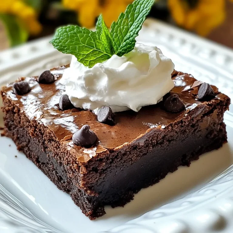 - 1 cup unsalted butter - 1 cup granulated sugar - 1 cup packed brown sugar - 4 large eggs - 1 teaspoon pure vanilla extract - 1 cup all-purpose flour - 1/2 cup unsweetened cocoa powder - 1 teaspoon baking powder - 1/2 teaspoon salt - 1/2 cup semi-sweet chocolate chips - 1/4 cup brewed coffee, cooled to room temperature - 1/4 teaspoon peppermint extract - Whipped cream, for topping (optional) - Fresh mint leaves, for garnish Each ingredient plays a key role. The unsalted butter gives the brownies a rich base. Granulated and brown sugar add sweetness and depth. Eggs provide moisture and help bind the mix. Vanilla extract adds a warm, sweet flavor. All-purpose flour gives structure. Cocoa powder brings the deep chocolate taste. Baking powder helps the brownies rise. Salt balances the sweetness. Chocolate chips add delightful bites of chocolate. Brewed coffee enhances the mocha flavor. Peppermint extract adds a cool twist. Whipped cream and mint leaves are perfect for finishing touches. To make these brownies allergen-friendly, I suggest a few swaps. Use coconut oil in place of butter for a dairy-free option. Swap granulated sugar for coconut sugar if you want a lower glycemic index. For eggs, you can use flax eggs or applesauce. If you need gluten-free brownies, use almond flour or a gluten-free blend instead of all-purpose flour. For chocolate chips, look for dairy-free varieties. These changes keep the rich flavor while catering to different diets. {{ingredient_image_2}} 1. Preheat your oven to 350°F (175°C). 2. Grease a 9x13-inch baking pan lightly. 3. Line the pan with parchment paper, leaving some overhang for easy lifting. 4. In a large saucepan, melt 1 cup of unsalted butter over medium heat. 5. Once melted, remove the pan from heat. 6. Stir in 1 cup of granulated sugar and 1 cup of packed brown sugar. Mix until smooth. 7. Let the mixture cool for a few minutes. 8. Whisk in 4 large eggs, one at a time, until well blended. 9. Add 1 teaspoon of pure vanilla extract and stir. 1. In another bowl, sift together 1 cup of all-purpose flour, 1/2 cup of unsweetened cocoa powder, 1 teaspoon of baking powder, and 1/2 teaspoon of salt. 2. Gently fold the dry mix into the wet mix using a spatula. 3. Combine until you no longer see dry flour; do not overmix. 4. Fold in 1/4 cup of cooled brewed coffee and 1/4 teaspoon of peppermint extract. 5. Add 1/2 cup of semi-sweet chocolate chips and mix well. 6. Pour the batter into the prepared pan and spread it evenly. 7. Bake for 25-30 minutes. 8. Check doneness with a toothpick; it should have a few moist crumbs. 1. Let the brownies cool in the pan for about 10 minutes. 2. Use the parchment overhang to lift them out of the pan. 3. Place them on a wire rack to cool completely. 4. Once cool, cut the brownies into squares. 5. Serve with whipped cream on top, if you like. 6. Garnish each piece with fresh mint leaves for a nice touch. To get a perfect brownie texture, you need to mix the batter just right. Overmixing can lead to tough brownies. Mix until no dry flour shows. The batter should be thick and slightly glossy. Bake at 350°F for 25-30 minutes. Use a toothpick to check doneness; it should come out with a few moist crumbs. This tells you the brownies are fudgy, just how we want them. One common mistake is adding cold eggs to the batter. Always let eggs sit at room temperature. This helps them mix better and keeps the texture smooth. Another mistake is skipping the parchment paper lining. This will help you lift the brownies out easily. Lastly, don't forget to let them cool before cutting. Cutting too soon makes a mess! Fresh ingredients make all the difference. Use unsalted butter for better control over salt content. Fresh eggs contribute to a richer taste. For chocolate chips, choose high-quality semi-sweet ones. Brew fresh coffee; it really boosts the mocha flavor. And don’t skimp on the peppermint extract. A little goes a long way in adding that refreshing mint punch. Pro Tips Cool the Butter: Make sure to let the melted butter mixture cool slightly before adding the eggs to prevent them from scrambling. Use Fresh Ingredients: For the best flavor, always use fresh mint leaves and high-quality chocolate chips. Check for Doneness: Insert a toothpick into the center of the brownies; they should come out with a few moist crumbs for the perfect fudgy texture. Chill for Better Cutting: For cleaner cuts, refrigerate the brownies for about an hour before slicing them into squares. {{image_4}} You can add a crunchy twist to your brownies. Chopped nuts like walnuts or pecans work well. They add texture and flavor. You can also try adding shredded coconut for a tropical touch. Mix in about half a cup of your choice before baking. The nuts will give each bite a delightful crunch. If you want to boost the flavor even more, consider a different frosting. A simple cream cheese frosting pairs nicely with mocha. Just mix cream cheese, powdered sugar, and a bit of vanilla. You can also drizzle melted chocolate on top for extra sweetness. For a minty touch, add a few drops of peppermint extract to the frosting. You can switch things up for holidays. In the fall, add chopped candy corn for a fun look. For winter, mix in crushed candy canes for a festive crunch. You can even use colored sprinkles to match any holiday theme. This makes your brownies fun and festive for any occasion. To keep your mocha mint brownies fresh, store them in an airtight container. Place parchment paper between layers to avoid sticking. You can store them at room temperature for up to four days. If you want them to last longer, refrigerate them for up to a week. Always let them cool completely before storing. This helps maintain their rich texture. If you want to save brownies for later, freezing is a great option. First, cut the brownies into squares. Wrap each piece tightly in plastic wrap. Then place them in a freezer-safe bag or container. This keeps them fresh for up to three months. When you're ready to eat them, simply thaw them in the fridge overnight. To bring back the soft, fudgy texture, reheat your brownies in the oven. Preheat the oven to 350°F (175°C) and place the brownies on a baking sheet. Heat them for about 5-10 minutes. You can also microwave them for about 10-15 seconds. This will warm them up and make them gooey again. Enjoy them warm for the best flavor! Yes, you can make these brownies dairy-free. Use a plant-based butter substitute. You can also swap regular chocolate chips for dairy-free ones. This way, you still enjoy the rich flavor without dairy. To boost the mocha flavor, add more brewed coffee. You can also use espresso powder. Mixing in a bit of cocoa powder will enhance the chocolate taste as well. Remember, balance is key. Serve Mocha Mint Brownies warm or at room temperature. Top them with whipped cream for richness. Garnish with fresh mint leaves for a pop of color. This makes each bite feel special and fresh. In this blog post, we explored how to make delicious brownies. We discussed key ingredients and offered tips for allergen-friendly substitutes. Step-by-step, I guided you through preparation, baking, and serving. I shared tricks to get the perfect texture and avoid common mistakes. We also looked at variations, storage, and answered your FAQs. You can create brownies tailored to your needs and tastes. Enjoy baking!