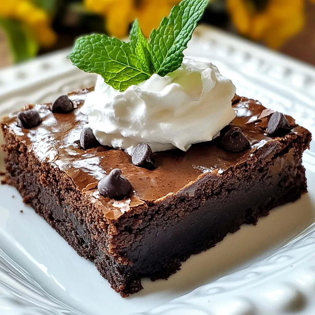 - 1 cup unsalted butter - 1 cup granulated sugar - 1 cup packed brown sugar - 4 large eggs - 1 teaspoon pure vanilla extract - 1 cup all-purpose flour - 1/2 cup unsweetened cocoa powder - 1 teaspoon baking powder - 1/2 teaspoon salt - 1/2 cup semi-sweet chocolate chips - 1/4 cup brewed coffee, cooled to room temperature - 1/4 teaspoon peppermint extract - Whipped cream, for topping (optional) - Fresh mint leaves, for garnish Each ingredient plays a key role. The unsalted butter gives the brownies a rich base. Granulated and brown sugar add sweetness and depth. Eggs provide moisture and help bind the mix. Vanilla extract adds a warm, sweet flavor. All-purpose flour gives structure. Cocoa powder brings the deep chocolate taste. Baking powder helps the brownies rise. Salt balances the sweetness. Chocolate chips add delightful bites of chocolate. Brewed coffee enhances the mocha flavor. Peppermint extract adds a cool twist. Whipped cream and mint leaves are perfect for finishing touches. To make these brownies allergen-friendly, I suggest a few swaps. Use coconut oil in place of butter for a dairy-free option. Swap granulated sugar for coconut sugar if you want a lower glycemic index. For eggs, you can use flax eggs or applesauce. If you need gluten-free brownies, use almond flour or a gluten-free blend instead of all-purpose flour. For chocolate chips, look for dairy-free varieties. These changes keep the rich flavor while catering to different diets. {{ingredient_image_2}} 1. Preheat your oven to 350°F (175°C). 2. Grease a 9x13-inch baking pan lightly. 3. Line the pan with parchment paper, leaving some overhang for easy lifting. 4. In a large saucepan, melt 1 cup of unsalted butter over medium heat. 5. Once melted, remove the pan from heat. 6. Stir in 1 cup of granulated sugar and 1 cup of packed brown sugar. Mix until smooth. 7. Let the mixture cool for a few minutes. 8. Whisk in 4 large eggs, one at a time, until well blended. 9. Add 1 teaspoon of pure vanilla extract and stir. 1. In another bowl, sift together 1 cup of all-purpose flour, 1/2 cup of unsweetened cocoa powder, 1 teaspoon of baking powder, and 1/2 teaspoon of salt. 2. Gently fold the dry mix into the wet mix using a spatula. 3. Combine until you no longer see dry flour; do not overmix. 4. Fold in 1/4 cup of cooled brewed coffee and 1/4 teaspoon of peppermint extract. 5. Add 1/2 cup of semi-sweet chocolate chips and mix well. 6. Pour the batter into the prepared pan and spread it evenly. 7. Bake for 25-30 minutes. 8. Check doneness with a toothpick; it should have a few moist crumbs. 1. Let the brownies cool in the pan for about 10 minutes. 2. Use the parchment overhang to lift them out of the pan. 3. Place them on a wire rack to cool completely. 4. Once cool, cut the brownies into squares. 5. Serve with whipped cream on top, if you like. 6. Garnish each piece with fresh mint leaves for a nice touch. To get a perfect brownie texture, you need to mix the batter just right. Overmixing can lead to tough brownies. Mix until no dry flour shows. The batter should be thick and slightly glossy. Bake at 350°F for 25-30 minutes. Use a toothpick to check doneness; it should come out with a few moist crumbs. This tells you the brownies are fudgy, just how we want them. One common mistake is adding cold eggs to the batter. Always let eggs sit at room temperature. This helps them mix better and keeps the texture smooth. Another mistake is skipping the parchment paper lining. This will help you lift the brownies out easily. Lastly, don't forget to let them cool before cutting. Cutting too soon makes a mess! Fresh ingredients make all the difference. Use unsalted butter for better control over salt content. Fresh eggs contribute to a richer taste. For chocolate chips, choose high-quality semi-sweet ones. Brew fresh coffee; it really boosts the mocha flavor. And don’t skimp on the peppermint extract. A little goes a long way in adding that refreshing mint punch. Pro Tips Cool the Butter: Make sure to let the melted butter mixture cool slightly before adding the eggs to prevent them from scrambling. Use Fresh Ingredients: For the best flavor, always use fresh mint leaves and high-quality chocolate chips. Check for Doneness: Insert a toothpick into the center of the brownies; they should come out with a few moist crumbs for the perfect fudgy texture. Chill for Better Cutting: For cleaner cuts, refrigerate the brownies for about an hour before slicing them into squares. {{image_4}} You can add a crunchy twist to your brownies. Chopped nuts like walnuts or pecans work well. They add texture and flavor. You can also try adding shredded coconut for a tropical touch. Mix in about half a cup of your choice before baking. The nuts will give each bite a delightful crunch. If you want to boost the flavor even more, consider a different frosting. A simple cream cheese frosting pairs nicely with mocha. Just mix cream cheese, powdered sugar, and a bit of vanilla. You can also drizzle melted chocolate on top for extra sweetness. For a minty touch, add a few drops of peppermint extract to the frosting. You can switch things up for holidays. In the fall, add chopped candy corn for a fun look. For winter, mix in crushed candy canes for a festive crunch. You can even use colored sprinkles to match any holiday theme. This makes your brownies fun and festive for any occasion. To keep your mocha mint brownies fresh, store them in an airtight container. Place parchment paper between layers to avoid sticking. You can store them at room temperature for up to four days. If you want them to last longer, refrigerate them for up to a week. Always let them cool completely before storing. This helps maintain their rich texture. If you want to save brownies for later, freezing is a great option. First, cut the brownies into squares. Wrap each piece tightly in plastic wrap. Then place them in a freezer-safe bag or container. This keeps them fresh for up to three months. When you're ready to eat them, simply thaw them in the fridge overnight. To bring back the soft, fudgy texture, reheat your brownies in the oven. Preheat the oven to 350°F (175°C) and place the brownies on a baking sheet. Heat them for about 5-10 minutes. You can also microwave them for about 10-15 seconds. This will warm them up and make them gooey again. Enjoy them warm for the best flavor! Yes, you can make these brownies dairy-free. Use a plant-based butter substitute. You can also swap regular chocolate chips for dairy-free ones. This way, you still enjoy the rich flavor without dairy. To boost the mocha flavor, add more brewed coffee. You can also use espresso powder. Mixing in a bit of cocoa powder will enhance the chocolate taste as well. Remember, balance is key. Serve Mocha Mint Brownies warm or at room temperature. Top them with whipped cream for richness. Garnish with fresh mint leaves for a pop of color. This makes each bite feel special and fresh. In this blog post, we explored how to make delicious brownies. We discussed key ingredients and offered tips for allergen-friendly substitutes. Step-by-step, I guided you through preparation, baking, and serving. I shared tricks to get the perfect texture and avoid common mistakes. We also looked at variations, storage, and answered your FAQs. You can create brownies tailored to your needs and tastes. Enjoy baking!