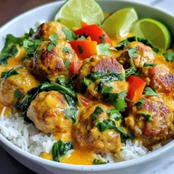 - 1 lb ground chicken or turkey - 1/2 cup breadcrumbs - 1/4 cup fresh cilantro, finely chopped - 2 cloves of garlic, minced - 1 teaspoon fresh ginger, grated - 1 tablespoon lime zest - 1 teaspoon salt - 1/2 teaspoon black pepper The base of this dish is the meatballs. I like using ground chicken or turkey for a lighter touch. Breadcrumbs add texture and help keep the meatballs moist. Fresh cilantro, garlic, and ginger give a great flavor boost. Zesting lime brings a bright note, while salt and pepper enhance the taste. - 1 can (14 oz) coconut milk - 2 tablespoons red curry paste - 1 tablespoon fish sauce or soy sauce The sauce is the star! Coconut milk makes it creamy and rich. Red curry paste provides warmth and spice. Fish sauce adds depth, but you can swap it for soy sauce if you prefer. - 1 bell pepper, thinly sliced - 1 cup fresh spinach leaves - Juice of 1 lime - Cooked jasmine rice or quinoa for serving I love adding bell pepper for crunch and color. Fresh spinach brightens the dish and packs in nutrients. A squeeze of lime at the end lifts the flavors. You can serve these meatballs over fluffy jasmine rice or quinoa for a filling meal. {{ingredient_image_2}} 1. Mixing the meatball ingredients In a large bowl, combine 1 pound of ground chicken or turkey, 1/2 cup of breadcrumbs, 1/4 cup of chopped cilantro, 2 minced garlic cloves, 1 teaspoon of grated ginger, 1 tablespoon of lime zest, 1 teaspoon of salt, and 1/2 teaspoon of black pepper. Use your hands or a spoon to mix well. Be gentle to avoid overmixing. 2. Shaping the meatballs Take a small amount of the mixture and roll it into a ball, about 1 inch in diameter. Place the formed meatballs on a plate. This step is fun and messy, so enjoy! 1. Browning in a skillet Heat a splash of oil in a large skillet over medium heat. Once hot, add the meatballs in batches. Cook them for about 5-7 minutes. You want them to be golden brown and cooked through on all sides. 2. Removing from heat After browning, carefully take the meatballs out of the skillet. Set them on a paper towel-lined plate to absorb excess oil. This will keep them nice and light. 1. Incorporating coconut milk and curry paste Lower the heat and pour a can of coconut milk into the same skillet. Add 2 tablespoons of red curry paste, 1 tablespoon of fish sauce, and 1 tablespoon of brown sugar. Whisk until the sauce is smooth and well combined. The smell is amazing! 2. Adding bell pepper and simmering Toss in a thinly sliced bell pepper and stir it into the sauce. Let it simmer gently for about 5 minutes. The pepper will soften, adding a nice crunch to the dish. 1. Returning meatballs to sauce Gently add the browned meatballs back into the skillet. Stir them into the sauce carefully. Cover the skillet and allow them to simmer for 10-15 minutes. This helps the flavors meld together. 2. Folding in spinach leaves In the last few minutes, add in 1 cup of fresh spinach leaves. Stir them in to let them wilt. This adds color and nutrients to your dish. 3. Adding lime juice before serving Before serving, squeeze fresh lime juice over the top. This brightens the flavors and adds freshness. Enjoy your Thai Coconut Curry Meatballs! - Avoiding overmixing: Mix your meatball ingredients just until they come together. This way, your meatballs will stay tender and juicy. Overmixing makes them tough. Keep it simple and gentle. - Achieving ideal browning: Heat a splash of oil in your skillet over medium heat. Add meatballs in batches, giving them space. Brown them for 5-7 minutes. This step adds flavor and a nice crust. - Adjusting spice level: If you like more heat, add extra red curry paste. Start small and taste as you go. You can also add sliced fresh chilis for an extra kick. - Best cilantro substitutes: If you don&rsquo;t have cilantro, try parsley or basil. Both add freshness. Use what you have on hand, and don't worry about being perfect. - Garnishing options: Top your meatballs with extra chopped cilantro. Lime wedges add a nice touch. You can also sprinkle some sesame seeds for crunch. - Pairing with sides: Serve these meatballs over jasmine rice or quinoa. Both soak up the sauce well. You can also add a side of stir-fried veggies for color and nutrition. Pro Tips Tip 1: Use Fresh Ingredients: Fresh herbs and spices elevate the flavor of your meatballs and sauce. Opt for fresh cilantro, ginger, and garlic whenever possible for the best taste. Tip 2: Control the Spice Level: Adjust the amount of red curry paste according to your heat preference. Start with less and add more if you enjoy a spicier dish. Tip 3: Don't Overcook the Meatballs: To keep the meatballs juicy, cook them until just browned and cooked through. They will continue cooking in the sauce, which helps them stay moist. Tip 4: Customize Your Veggies: Feel free to add other vegetables like zucchini, carrots, or snap peas to the curry for added nutrition and color. Just adjust the cooking time accordingly. {{image_4}} You can change the meat in this recipe. Ground beef or pork works well. Both give a rich flavor. If you want a vegetarian option, try plant-based meat. It absorbs the curry sauce nicely. These swaps keep the dish tasty and enjoyable. You can switch up the coconut milk. Almond milk or soy milk can be good alternatives. They add a different taste but still work. For the curry flavor, adjust the red curry paste. Add more for spice or less for mildness. You can even try a green curry paste for a twist. Feel free to add more veggies! Carrots, zucchini, or snap peas fit nicely. They add crunch and color. You can also use seasonal veggies. In summer, try fresh corn or bell peppers. In winter, add root vegetables like sweet potatoes. Each choice adds new flavors and textures. To store leftovers safely, let the meatballs cool first. Place them in an airtight container. Be sure to cover the sauce too. This keeps everything fresh. You can store them in the fridge for up to three days. Glass or plastic containers both work well. Just make sure they seal tightly. To freeze meatballs and sauce, use freezer bags or containers. Divide them into smaller portions for easy use. Make sure to label the bags with the date. You can freeze them for up to three months. When ready to eat, thaw in the fridge overnight. For reheating, you can use the microwave or a stovetop. Just heat until hot throughout. For the best taste, eat the meatballs within three days if refrigerated. If frozen, consume within three months for best quality. Signs of spoilage include off smells or changes in color. If you notice these, it&rsquo;s best to discard them. Always trust your senses when it comes to food safety. To add heat, use extra red curry paste. You can also add chopped fresh chili peppers. Adjust to your taste. Start with small amounts and taste as you go. You can mix in chili flakes for a kick. Yes, you can use ground beef or pork instead of chicken. Turkey is a great choice for a leaner option. For a vegetarian dish, use plant-based meat like lentils or chickpeas. Make sure to adjust cooking times as needed. Serve these meatballs with jasmine rice or quinoa. They soak up the sauce well. You can also add a side of steamed veggies. Fresh cilantro on top adds a nice touch. Lime wedges brighten the dish and enhance flavor. You can prepare the meatballs a day in advance. Store them in the fridge until ready to cook. The sauce can also be made ahead. Just reheat it gently before adding the meatballs. This makes meal prep easy and quick. This article covered how to make Thai Coconut Curry Meatballs. We explored key ingredients like ground chicken, coconut milk, and red curry paste. I shared step-by-step instructions for preparing and cooking the meatballs and making the sauce. You learned tips for perfect meatballs, variations, and serving ideas. With these guidelines, you can easily enjoy this tasty dish. Don&rsquo;t hesitate to get creative with ingredients and flavors. Happy cooking!