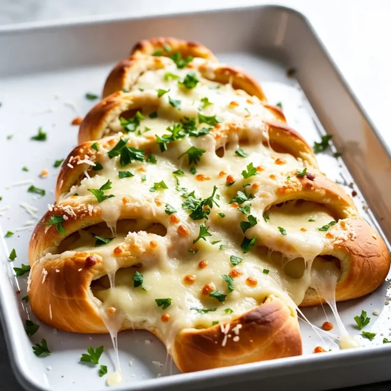 - 2 cups all-purpose flour - 2 teaspoons instant yeast - 1 teaspoon granulated sugar - 1 teaspoon salt - 3/4 cup warm water (about 110°F or 43°C) - 1/4 cup high-quality olive oil - 2 cups mozzarella cheese, shredded - 1/2 cup Parmesan cheese, grated - 4 cloves garlic, minced - 1 tablespoon fresh parsley, finely chopped - 1 teaspoon dried Italian herbs (such as oregano, basil, or thyme) - Melted butter for brushing You can use other flours if you like. Almond flour or whole wheat flour can work well. For a vegan dish, try vegan cheese. Many brands offer good melt options. If you need gluten-free, use a gluten-free flour blend. It will change the texture a bit but still tastes great. {{ingredient_image_2}} To start, gather your dry ingredients: - 2 cups all-purpose flour - 2 teaspoons instant yeast - 1 teaspoon granulated sugar - 1 teaspoon salt In a big bowl, mix these together. Next, add the wet ingredients: - 3/4 cup warm water (about 110°F or 43°C) - 1/4 cup olive oil Stir with a wooden spoon until a dough forms. Now, place the dough on a floured surface. Knead it for 5-7 minutes until it feels smooth and elastic. If it sticks, sprinkle more flour. Once kneaded, shape the dough into a ball. Put it in an oiled bowl. Cover it with a damp cloth and let it rise in a warm spot for about 1 hour. The dough should double in size. When it’s ready, punch it down gently. This helps release the air. For the cheesy filling, grab a small bowl. Mix together: - 2 cups shredded mozzarella cheese - 1/2 cup grated Parmesan cheese - 4 cloves minced garlic - 1 tablespoon finely chopped fresh parsley - 1 teaspoon dried Italian herbs Mix well until everything is blended. This filling will give your tree great flavor! Once the dough is ready, roll it out on a floured surface into a rectangle. Aim for about 12x18 inches in size. Cut the dough into 2x2 inch squares. Take each square and place a tablespoon of the cheese mixture in the center. Gather the corners and pinch them to seal. Now, arrange these pouches in a tree shape on a baking sheet lined with parchment paper. Make sure to create a trunk at the bottom using 3-4 squares. Preheat your oven to 375°F (190°C). After assembling, cover the tree with a cloth. Let it rise for another 30 minutes. This second rise helps make the dough fluffy. Before baking, brush melted butter over the top for a golden finish. Bake for 20-25 minutes. Keep an eye on it! The tree should be golden brown with bubbling cheese inside. To make the dough just right, you'll want a smooth and elastic texture. Start by mixing the flour, yeast, sugar, and salt well. As you add warm water and olive oil, stir carefully. Knead the dough for about 5-7 minutes. If it feels sticky, sprinkle a bit more flour. This helps you avoid a mess and makes it easier to shape later. Adding herbs or spices can really boost the taste. Fresh parsley, garlic, and dried Italian herbs work great. You can even try adding crushed red pepper for some heat. For a tasty garlic butter topping, mix melted butter with minced garlic and a pinch of salt. Brush this mix on the dough before baking. It adds a nice, rich flavor. When it comes to serving, presentation matters! You can garnish your pull-apart tree with fresh herbs or cherry tomatoes around it. This adds color and makes it look festive. Serve it on a beautiful platter at your holiday gathering. It’s fun for guests to pull apart the cheesy pouches and enjoy a warm, cheesy treat together. Pro Tips Use Fresh Ingredients: For the best flavor, use fresh garlic and high-quality cheeses. Fresh ingredients will enhance the overall taste of your pull-apart tree. Control the Dough Consistency: If your dough is too sticky, add flour gradually until you achieve a smooth, elastic texture. This will make it easier to shape your tree. Customize the Cheese: Feel free to mix different cheeses, such as cheddar or gouda, for a unique flavor profile. Experimenting with cheese combinations can create exciting variations. Serve with Dipping Sauces: Consider serving your cheesy tree with marinara sauce or a garlic herb dip for added flavor and enjoyment. It makes for a delightful appetizer experience! {{image_4}} You can change the cheese in this recipe to suit your taste. Try using cheddar for a sharper flavor. Gouda adds a nice creaminess. For a tangy kick, use feta or blue cheese. You can also combine different cheeses for a layered taste. Incorporate other fillings too! Add cooked spinach or sun-dried tomatoes for a new twist. You could even include cooked bacon or sausage for extra flavor. These options make your pull-apart tree even more special. To make this dish vegan, swap out the cheese for plant-based options. Many vegan cheeses melt well and taste great. Use almond milk or soy milk to replace the warm water for a dairy-free version. For low-carb or keto diets, use almond flour instead of all-purpose flour. You can also reduce the sugar. This way, you can enjoy the same delicious taste while sticking to your diet. You can create holiday-themed trees too! Use red and green ingredients like roasted red peppers or fresh basil. For a winter theme, add some fresh rosemary for a pine-like flavor. Seasonal flavors also work well. In fall, try pumpkin spice or sage. In spring, add fresh herbs like dill or chives. These variations keep your Cheesy Garlic Pull-Apart Tree exciting for every occasion! To store leftovers, wrap your Cheesy Garlic Pull-Apart Christmas Tree in plastic wrap. Place it in an airtight container. This keeps it fresh for up to three days. For best results, let it cool completely before wrapping. For reheating, preheat your oven to 350°F (175°C). Place the tree on a baking sheet and cover it with foil. Heat it for about 10-15 minutes. This method keeps the cheese gooey and the bread soft. To freeze the pull-apart tree, let it cool first. Then wrap it tightly in plastic wrap and aluminum foil. This helps prevent freezer burn. You can freeze it for up to two months. When you’re ready to enjoy it, remove it from the freezer. Thaw it in the fridge overnight. After thawing, reheat it in the oven at 350°F (175°C) for 15-20 minutes. In the fridge, your cheesy tree stays fresh for about three days. After that, the bread may become hard. Look for signs of spoilage. If it smells bad or has mold, it’s time to toss it. Fresh cheese should have a pleasant smell, and the bread should feel soft and springy. If your dough feels sticky, add flour slowly. Start with one tablespoon at a time. Knead the dough after each addition. Keep adding until the dough feels smooth. This way, you get the right texture. You can use whole wheat flour, but it changes the texture. Whole wheat is denser and adds fiber. It may make the dough less fluffy. If you mix it with all-purpose flour, you can balance the flavors. This cheesy treat pairs well with many sides. Try fresh veggies like cherry tomatoes or bell peppers. You can also serve a light salad. A warm bowl of marinara sauce for dipping is a great choice too. Look for a golden brown color on the dough. You should see cheese bubbling out from the seams. Tap the bottom; it should sound hollow. These signs tell you that your pull-apart bread is done. You’ve learned how to create a fun, festive cheesy garlic pull-apart Christmas tree. We covered the ingredients, from all-purpose flour to the herbs. You saw how to make the dough and assemble the tree. I shared tips for perfecting your dough, enhancing flavor, and presenting it nicely. Remember, you can customize it for diets and occasions. With a little practice, you’ll impress everyone at the holiday gathering! Enjoy baking and sharing this special treat.