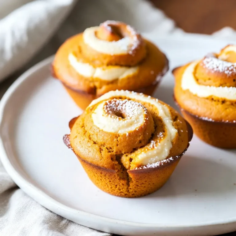 - 1 cup canned pumpkin puree - 1/2 cup vegetable oil - 1 cup brown sugar, packed - 1/2 cup granulated sugar - 2 large eggs - 2 teaspoons vanilla extract - 2 cups all-purpose flour - 1 teaspoon baking powder - 1 teaspoon baking soda - 1 teaspoon ground cinnamon - 1/2 teaspoon ground nutmeg - 1/4 teaspoon ground ginger - 1/2 teaspoon salt The main ingredients for your muffins start with canned pumpkin puree. It gives these muffins their rich flavor and moist texture. Next, we have vegetable oil. It helps keep the muffins soft. Brown sugar adds depth and sweetness, while granulated sugar balances the flavors. Eggs and vanilla extract bind everything together and add more taste. - 8 ounces cream cheese, softened - 1/4 cup granulated sugar - 1 large egg - 1 teaspoon vanilla extract The cream cheese swirl needs just a few simple ingredients. Softened cream cheese creates a smooth and rich layer. Granulated sugar sweetens the cream cheese. One egg helps hold the swirl together, while vanilla extract adds a lovely aroma. - 1/2 cup chopped walnuts Chopped walnuts are optional but add a nice crunch to the muffins. They also boost flavor and nutrition. If you like nuts, feel free to mix them in. {{ingredient_image_2}} - Preheating the oven: Start by preheating your oven to 350°F (175°C). This step is key for even baking. - Preparing muffin tin: Line a muffin tin with paper liners or grease it lightly. This helps the muffins come out easily. - Combining wet ingredients: In a big bowl, mix the canned pumpkin puree, vegetable oil, brown sugar, granulated sugar, eggs, and vanilla extract. Blend until the mixture is smooth. - Mixing dry ingredients and combining: In another bowl, whisk together the flour, baking powder, baking soda, cinnamon, nutmeg, ginger, and salt. Slowly add this dry mix to the wet mix. Stir gently until just combined. A few lumps are okay. If you like, fold in chopped walnuts for extra crunch. - Preparing the cream cheese mixture: In a separate bowl, mix the softened cream cheese, granulated sugar, egg, and vanilla extract. Beat until creamy with no lumps. - Swirling the cream cheese into the batter: Spoon about one tablespoon of the pumpkin batter into each muffin cup. Add a dollop of the cream cheese mix on top. Use a toothpick to swirl the cream cheese into the pumpkin batter. Finish with another tablespoon of pumpkin batter over the swirl. - Filling the muffin cups: Fill each muffin cup just to the top. This allows for nice rising. - Baking time and doneness check: Bake the muffins for 18-22 minutes. They are done when a toothpick inserted in the center comes out clean or with a few moist crumbs. - Cooling muffins: Let the muffins cool in the tin for about 5 minutes. Carefully move them to a wire rack to cool completely. - Presentation tips: Serve the muffins warm or at room temperature. For a pretty touch, dust with powdered sugar and add a sprig of mint. Enjoy the look and taste of these delightful treats! - Avoiding overmixing: Mix the batter gently. Overmixing can make the muffins tough. A few lumps are fine! - Ensuring even baking: Fill each muffin cup to the same level. This helps them bake evenly and rise well. - Suggestions for spices and add-ins: Add nutmeg or ginger for a warm kick. You can also mix in chocolate chips or dried cranberries for extra flavor. - Pairing with toppings: Try a sprinkle of cinnamon sugar on top before baking. This adds a sweet crunch. - Measuring ingredients properly: Use the right tools. A kitchen scale helps ensure you get the correct amounts. This is key for great results. - Checking for doneness: Insert a toothpick in the center of a muffin. If it comes out clean or with a few crumbs, they are ready! If not, bake a few more minutes. Pro Tips Use Fresh Spices: For the best flavor, opt for freshly ground spices instead of pre-ground ones. This will enhance the aroma and taste of your muffins. Check for Doneness: To ensure your muffins are perfectly baked, insert a toothpick into the center. It should come out clean or with a few moist crumbs, not wet batter. Cool Completely: Allow the muffins to cool completely on a wire rack before storing. This prevents them from becoming soggy and maintains their texture. Experiment with Add-ins: Feel free to customize your muffins by adding chocolate chips, dried cranberries, or other nuts for extra flavor and texture. {{image_4}} You can make these pumpkin cream cheese swirl muffins even better by adding some fun flavors. - Adding chocolate chips: Stir in a cup of chocolate chips for a rich twist. The sweet chocolate contrasts nicely with the pumpkin. You can use dark, milk, or even white chocolate chips. Each choice brings a new flavor to your muffins. - Incorporating cranberries or raisins: Mix in a half cup of dried cranberries or raisins. This adds a chewy texture and a touch of sweetness. Cranberries give a tart burst, while raisins add a warm flavor. If you want a healthier muffin, you can make a few easy swaps. - Using whole wheat flour: Replace all-purpose flour with whole wheat flour. This adds fiber and nutrients to your muffins. They will taste heartier, and you won't lose any of the pumpkin flavor. - Substituting sugars: You can use natural sweeteners instead of brown and granulated sugars. Try honey or maple syrup. Just adjust the liquid in the recipe to keep the batter right. You can also make these muffins gluten-free with some careful choices. - Recommended gluten-free flours: Use a gluten-free flour blend that includes rice flour or almond flour. These blends often work well in baking and can give a great texture. - Adjusting other ingredients: When you use gluten-free flour, you might need to add extra moisture. Consider adding a bit more pumpkin puree or a splash of milk to keep the muffins soft and moist. Once your muffins cool, store them in an airtight container. This keeps them fresh and moist. If you leave them out, they can dry out quickly. For best results, place parchment paper between layers to avoid sticking. These muffins stay tasty for about 3 to 5 days at room temperature. To freeze your muffins, first, let them cool completely. Wrap each muffin in plastic wrap tightly. Then, place them in a freezer bag or container. This helps prevent freezer burn. They can last up to three months in the freezer. When you’re ready to eat them, take the muffins out and thaw them. You can let them sit at room temperature or use the microwave for a quick thaw. Enjoy them warm for the best taste! These muffins can stay fresh for about 3-4 days at room temperature. Store them in an airtight container. If you want them to last longer, keep them in the fridge, where they can stay good for up to a week. Yes, you can make these muffins in advance. Bake them and let them cool completely. Then, store them in an airtight container. They taste great fresh, but they also hold up well over time. If you want to swap cream cheese, you can use Greek yogurt or mascarpone cheese. Both options add creaminess and taste great in this recipe. Just remember, the texture might change slightly, but they will still be yummy. Yes, these muffins freeze well. Once they cool, wrap them tightly in plastic wrap. Place them in a freezer bag or container. They can last for about 2-3 months in the freezer. When you're ready to eat, just thaw them at room temperature or warm them in the oven. You learned how to make delicious pumpkin muffins from scratch. We covered key ingredients, steps, and helpful tips. Remember to check your measurements and avoid overmixing to get the best texture. You can mix in nuts, chocolate, or even try gluten-free options. Store your muffins properly to keep them fresh. Enjoy baking and sharing your tasty creations!