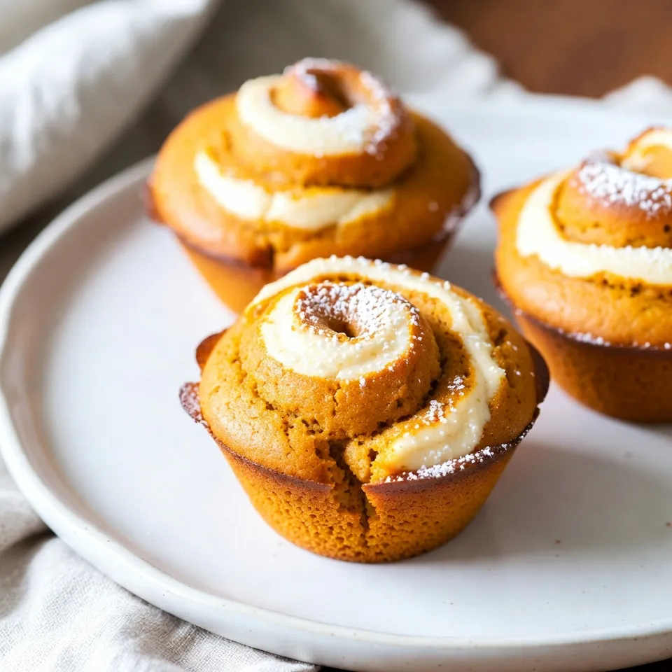 - 1 cup canned pumpkin puree - 1/2 cup vegetable oil - 1 cup brown sugar, packed - 1/2 cup granulated sugar - 2 large eggs - 2 teaspoons vanilla extract - 2 cups all-purpose flour - 1 teaspoon baking powder - 1 teaspoon baking soda - 1 teaspoon ground cinnamon - 1/2 teaspoon ground nutmeg - 1/4 teaspoon ground ginger - 1/2 teaspoon salt The main ingredients for your muffins start with canned pumpkin puree. It gives these muffins their rich flavor and moist texture. Next, we have vegetable oil. It helps keep the muffins soft. Brown sugar adds depth and sweetness, while granulated sugar balances the flavors. Eggs and vanilla extract bind everything together and add more taste. - 8 ounces cream cheese, softened - 1/4 cup granulated sugar - 1 large egg - 1 teaspoon vanilla extract The cream cheese swirl needs just a few simple ingredients. Softened cream cheese creates a smooth and rich layer. Granulated sugar sweetens the cream cheese. One egg helps hold the swirl together, while vanilla extract adds a lovely aroma. - 1/2 cup chopped walnuts Chopped walnuts are optional but add a nice crunch to the muffins. They also boost flavor and nutrition. If you like nuts, feel free to mix them in. {{ingredient_image_2}} - Preheating the oven: Start by preheating your oven to 350°F (175°C). This step is key for even baking. - Preparing muffin tin: Line a muffin tin with paper liners or grease it lightly. This helps the muffins come out easily. - Combining wet ingredients: In a big bowl, mix the canned pumpkin puree, vegetable oil, brown sugar, granulated sugar, eggs, and vanilla extract. Blend until the mixture is smooth. - Mixing dry ingredients and combining: In another bowl, whisk together the flour, baking powder, baking soda, cinnamon, nutmeg, ginger, and salt. Slowly add this dry mix to the wet mix. Stir gently until just combined. A few lumps are okay. If you like, fold in chopped walnuts for extra crunch. - Preparing the cream cheese mixture: In a separate bowl, mix the softened cream cheese, granulated sugar, egg, and vanilla extract. Beat until creamy with no lumps. - Swirling the cream cheese into the batter: Spoon about one tablespoon of the pumpkin batter into each muffin cup. Add a dollop of the cream cheese mix on top. Use a toothpick to swirl the cream cheese into the pumpkin batter. Finish with another tablespoon of pumpkin batter over the swirl. - Filling the muffin cups: Fill each muffin cup just to the top. This allows for nice rising. - Baking time and doneness check: Bake the muffins for 18-22 minutes. They are done when a toothpick inserted in the center comes out clean or with a few moist crumbs. - Cooling muffins: Let the muffins cool in the tin for about 5 minutes. Carefully move them to a wire rack to cool completely. - Presentation tips: Serve the muffins warm or at room temperature. For a pretty touch, dust with powdered sugar and add a sprig of mint. Enjoy the look and taste of these delightful treats! - Avoiding overmixing: Mix the batter gently. Overmixing can make the muffins tough. A few lumps are fine! - Ensuring even baking: Fill each muffin cup to the same level. This helps them bake evenly and rise well. - Suggestions for spices and add-ins: Add nutmeg or ginger for a warm kick. You can also mix in chocolate chips or dried cranberries for extra flavor. - Pairing with toppings: Try a sprinkle of cinnamon sugar on top before baking. This adds a sweet crunch. - Measuring ingredients properly: Use the right tools. A kitchen scale helps ensure you get the correct amounts. This is key for great results. - Checking for doneness: Insert a toothpick in the center of a muffin. If it comes out clean or with a few crumbs, they are ready! If not, bake a few more minutes. Pro Tips Use Fresh Spices: For the best flavor, opt for freshly ground spices instead of pre-ground ones. This will enhance the aroma and taste of your muffins. Check for Doneness: To ensure your muffins are perfectly baked, insert a toothpick into the center. It should come out clean or with a few moist crumbs, not wet batter. Cool Completely: Allow the muffins to cool completely on a wire rack before storing. This prevents them from becoming soggy and maintains their texture. Experiment with Add-ins: Feel free to customize your muffins by adding chocolate chips, dried cranberries, or other nuts for extra flavor and texture. {{image_4}} You can make these pumpkin cream cheese swirl muffins even better by adding some fun flavors. - Adding chocolate chips: Stir in a cup of chocolate chips for a rich twist. The sweet chocolate contrasts nicely with the pumpkin. You can use dark, milk, or even white chocolate chips. Each choice brings a new flavor to your muffins. - Incorporating cranberries or raisins: Mix in a half cup of dried cranberries or raisins. This adds a chewy texture and a touch of sweetness. Cranberries give a tart burst, while raisins add a warm flavor. If you want a healthier muffin, you can make a few easy swaps. - Using whole wheat flour: Replace all-purpose flour with whole wheat flour. This adds fiber and nutrients to your muffins. They will taste heartier, and you won't lose any of the pumpkin flavor. - Substituting sugars: You can use natural sweeteners instead of brown and granulated sugars. Try honey or maple syrup. Just adjust the liquid in the recipe to keep the batter right. You can also make these muffins gluten-free with some careful choices. - Recommended gluten-free flours: Use a gluten-free flour blend that includes rice flour or almond flour. These blends often work well in baking and can give a great texture. - Adjusting other ingredients: When you use gluten-free flour, you might need to add extra moisture. Consider adding a bit more pumpkin puree or a splash of milk to keep the muffins soft and moist. Once your muffins cool, store them in an airtight container. This keeps them fresh and moist. If you leave them out, they can dry out quickly. For best results, place parchment paper between layers to avoid sticking. These muffins stay tasty for about 3 to 5 days at room temperature. To freeze your muffins, first, let them cool completely. Wrap each muffin in plastic wrap tightly. Then, place them in a freezer bag or container. This helps prevent freezer burn. They can last up to three months in the freezer. When you’re ready to eat them, take the muffins out and thaw them. You can let them sit at room temperature or use the microwave for a quick thaw. Enjoy them warm for the best taste! These muffins can stay fresh for about 3-4 days at room temperature. Store them in an airtight container. If you want them to last longer, keep them in the fridge, where they can stay good for up to a week. Yes, you can make these muffins in advance. Bake them and let them cool completely. Then, store them in an airtight container. They taste great fresh, but they also hold up well over time. If you want to swap cream cheese, you can use Greek yogurt or mascarpone cheese. Both options add creaminess and taste great in this recipe. Just remember, the texture might change slightly, but they will still be yummy. Yes, these muffins freeze well. Once they cool, wrap them tightly in plastic wrap. Place them in a freezer bag or container. They can last for about 2-3 months in the freezer. When you're ready to eat, just thaw them at room temperature or warm them in the oven. You learned how to make delicious pumpkin muffins from scratch. We covered key ingredients, steps, and helpful tips. Remember to check your measurements and avoid overmixing to get the best texture. You can mix in nuts, chocolate, or even try gluten-free options. Store your muffins properly to keep them fresh. Enjoy baking and sharing your tasty creations!