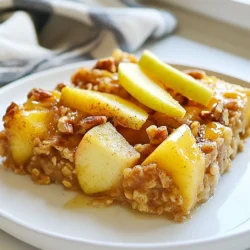 - 2 cups rolled oats - 2 medium apples, peeled, cored, and diced into small cubes - 1 cup unsweetened applesauce - 1 cup milk (dairy or almond milk for a non-dairy option) - 1/2 cup brown sugar (or use maple syrup for a healthier choice) - 2 teaspoons ground cinnamon, plus more for garnish - 1 teaspoon pure vanilla extract - 1/2 teaspoon baking powder - 1/4 teaspoon salt - 1/2 cup chopped nuts (walnuts or pecans work beautifully) - 1/4 cup raisins (optional for added sweetness) - Fresh apple slices for garnish In this recipe, you can swap ingredients easily. If you want a nut-free dish, leave out the nuts. You can use any apple variety you like. Honey can replace brown sugar if you prefer. For a dairy-free option, almond milk works well. Use maple syrup instead of brown sugar for a lighter touch. Using fresh apples gives a crisp texture and bright flavor. Dried apples can add a sweet, chewy bite, but they can absorb moisture. If you use dried apples, soak them in warm water for about 10 minutes first. This helps soften them, making a nice mix with the oats. Always choose what fits your taste best! {{ingredient_image_2}} First, I preheat my oven to 350&deg;F (175&deg;C). I grab a 9x9-inch baking dish and lightly grease it. You can use non-stick spray or a little butter. This helps the bake not stick later. Next, I take a large mixing bowl. I add 2 cups of rolled oats. Then, I measure 1/2 teaspoon of baking powder, 1/4 teaspoon of salt, and 2 teaspoons of ground cinnamon. I mix these dry ingredients well. I want them to blend evenly. In another bowl, I blend the diced apples, 1 cup of unsweetened applesauce, and 1 cup of milk. You can use dairy or almond milk here. I also add 1/2 cup of brown sugar or maple syrup for sweetness. Lastly, I pour in 1 teaspoon of pure vanilla extract. I mix this until it is smooth and well combined. I slowly pour the wet mixture into the bowl of dry ingredients. I stir gently until everything is just combined. I want to avoid overmixing. If I&rsquo;m adding nuts or raisins, I fold them in carefully now. Then, I transfer the oatmeal mixture to the prepared baking dish. I spread it out evenly. Now, I place the baking dish into the oven. I bake for 30 to 35 minutes. I know it&rsquo;s done when the top looks golden brown and feels firm. After baking, I take it out and let it cool for about 10 minutes. This makes it easier to slice. I can then cut it into squares and serve. To get the best texture in your Apple Cinnamon Oatmeal Bake, use rolled oats. They hold their shape well and create a nice chew. Avoid quick oats as they may turn mushy. Also, don&rsquo;t overmix the batter. Gently combine wet and dry ingredients until just mixed. This helps keep a light texture. For extra flavor, consider adding a pinch of nutmeg or a splash of lemon juice. These small tweaks can elevate your dish. If you love sweetness, swap brown sugar for maple syrup. This gives a richer taste and a hint of caramel. Adding nuts like walnuts or pecans adds crunch and depth. Serve your oatmeal bake warm with fresh apple slices on top. A sprinkle of cinnamon enhances the visual appeal. You can drizzle honey or maple syrup for extra sweetness. For a creamy touch, add a dollop of yogurt. This makes a great breakfast or snack that everyone will love. Pro Tips Use Fresh Apples: For the best flavor, choose fresh, crisp apples like Honeycrisp or Fuji. They add sweetness and texture to the bake. Adjust the Sweetness: Feel free to modify the amount of brown sugar or maple syrup based on your personal sweetness preference. You can also reduce it for a healthier option! Customize with Spices: Experiment with adding a pinch of nutmeg or ginger for an extra layer of flavor. These spices complement the cinnamon beautifully. Make It Ahead: This oatmeal bake can be prepared the night before. Simply refrigerate the mixture and bake in the morning for a quick breakfast! {{image_4}} You can add different nuts and fruits to your Apple Cinnamon Oatmeal Bake. Here are some tasty options: - Nuts: Chopped walnuts or pecans bring crunch. You can also use slivered almonds or hazelnuts. - Fruits: Try adding chopped pears or dried cranberries for extra flavor. Fresh berries like blueberries or strawberries can also work well. Mix and match these ingredients to create your own unique version. If you want to make this dish healthier, swap some ingredients for better options: - Sugar: Use maple syrup instead of brown sugar. It adds sweetness without refined sugar. - Milk: Almond milk or oat milk is a great dairy-free option. Use unsweetened varieties to cut down on sugar. - Oats: For a fiber boost, consider using steel-cut oats instead of rolled oats. Just note that they may need longer to cook. These small changes can make a big difference. You can easily adapt this recipe for vegan and gluten-free diets: - Vegan: Simply replace regular milk with any plant-based milk. Use maple syrup instead of brown sugar. - Gluten-Free: Make sure your oats are certified gluten-free. Many brands offer gluten-free rolled oats. With these swaps, everyone can enjoy a warm and cozy dish! After you bake your Apple Cinnamon Oatmeal Bake, let it cool. Once cool, slice it into squares. Store your squares in an airtight container. Keep the container in the fridge. This dish stays fresh for up to five days. If you want to keep it longer, freezing is a great option. To reheat, take out a square and place it on a microwave-safe plate. Heat it in the microwave for about 30 seconds. Check if it&rsquo;s warm enough. If not, heat for another 10 to 15 seconds. You can also reheat in the oven. Preheat to 350&deg;F (175&deg;C) and warm for about 10 minutes. If you want to freeze your oatmeal bake, wrap each square tightly in plastic wrap. Then, place them in a freezer bag. Label the bag with the date. You can freeze it for up to three months. When you&rsquo;re ready to enjoy, just take out a square and thaw it in the fridge overnight before reheating. You can use instant oats, but the texture will change. Instant oats cook faster and absorb more water. This may result in a mushy bake. I recommend sticking with rolled oats for the best results. They give a nice chew and hold their shape well in the bake. To boost protein, add Greek yogurt or protein powder. You can mix in 1/2 cup of Greek yogurt with the wet ingredients. If using protein powder, start with 1/4 cup and adjust the liquid if needed. You can also add nuts like walnuts or pecans, which add healthy fats and protein. The best apples for baking are firm and tart varieties. I love using Granny Smith apples for their crispness and tang. Honeycrisp apples are also great as they stay firm and add natural sweetness. Choose apples that hold their shape well when baked for the best texture in your dish. In this post, we explored the key ingredients, step-by-step instructions, and helpful tips for your recipe. We also discussed fun variations and storage tips to keep your dish fresh. The right ingredients, technique, and storage can make your cooking shine. Experiment and enjoy making this delicious dish! You can create something special for yourself and others.