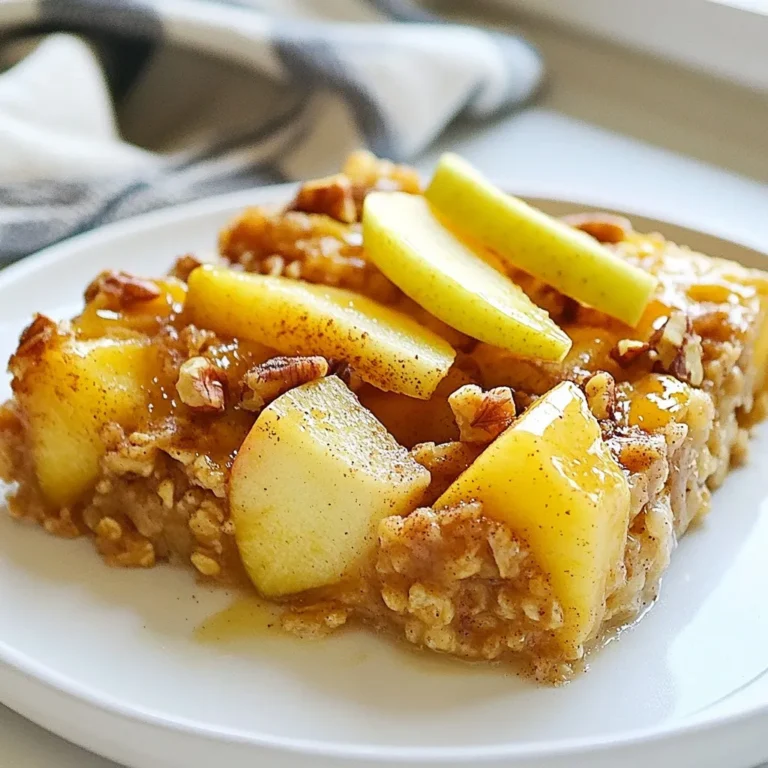 - 2 cups rolled oats - 2 medium apples, peeled, cored, and diced into small cubes - 1 cup unsweetened applesauce - 1 cup milk (dairy or almond milk for a non-dairy option) - 1/2 cup brown sugar (or use maple syrup for a healthier choice) - 2 teaspoons ground cinnamon, plus more for garnish - 1 teaspoon pure vanilla extract - 1/2 teaspoon baking powder - 1/4 teaspoon salt - 1/2 cup chopped nuts (walnuts or pecans work beautifully) - 1/4 cup raisins (optional for added sweetness) - Fresh apple slices for garnish In this recipe, you can swap ingredients easily. If you want a nut-free dish, leave out the nuts. You can use any apple variety you like. Honey can replace brown sugar if you prefer. For a dairy-free option, almond milk works well. Use maple syrup instead of brown sugar for a lighter touch. Using fresh apples gives a crisp texture and bright flavor. Dried apples can add a sweet, chewy bite, but they can absorb moisture. If you use dried apples, soak them in warm water for about 10 minutes first. This helps soften them, making a nice mix with the oats. Always choose what fits your taste best! {{ingredient_image_2}} First, I preheat my oven to 350°F (175°C). I grab a 9x9-inch baking dish and lightly grease it. You can use non-stick spray or a little butter. This helps the bake not stick later. Next, I take a large mixing bowl. I add 2 cups of rolled oats. Then, I measure 1/2 teaspoon of baking powder, 1/4 teaspoon of salt, and 2 teaspoons of ground cinnamon. I mix these dry ingredients well. I want them to blend evenly. In another bowl, I blend the diced apples, 1 cup of unsweetened applesauce, and 1 cup of milk. You can use dairy or almond milk here. I also add 1/2 cup of brown sugar or maple syrup for sweetness. Lastly, I pour in 1 teaspoon of pure vanilla extract. I mix this until it is smooth and well combined. I slowly pour the wet mixture into the bowl of dry ingredients. I stir gently until everything is just combined. I want to avoid overmixing. If I’m adding nuts or raisins, I fold them in carefully now. Then, I transfer the oatmeal mixture to the prepared baking dish. I spread it out evenly. Now, I place the baking dish into the oven. I bake for 30 to 35 minutes. I know it’s done when the top looks golden brown and feels firm. After baking, I take it out and let it cool for about 10 minutes. This makes it easier to slice. I can then cut it into squares and serve. To get the best texture in your Apple Cinnamon Oatmeal Bake, use rolled oats. They hold their shape well and create a nice chew. Avoid quick oats as they may turn mushy. Also, don’t overmix the batter. Gently combine wet and dry ingredients until just mixed. This helps keep a light texture. For extra flavor, consider adding a pinch of nutmeg or a splash of lemon juice. These small tweaks can elevate your dish. If you love sweetness, swap brown sugar for maple syrup. This gives a richer taste and a hint of caramel. Adding nuts like walnuts or pecans adds crunch and depth. Serve your oatmeal bake warm with fresh apple slices on top. A sprinkle of cinnamon enhances the visual appeal. You can drizzle honey or maple syrup for extra sweetness. For a creamy touch, add a dollop of yogurt. This makes a great breakfast or snack that everyone will love. Pro Tips Use Fresh Apples: For the best flavor, choose fresh, crisp apples like Honeycrisp or Fuji. They add sweetness and texture to the bake. Adjust the Sweetness: Feel free to modify the amount of brown sugar or maple syrup based on your personal sweetness preference. You can also reduce it for a healthier option! Customize with Spices: Experiment with adding a pinch of nutmeg or ginger for an extra layer of flavor. These spices complement the cinnamon beautifully. Make It Ahead: This oatmeal bake can be prepared the night before. Simply refrigerate the mixture and bake in the morning for a quick breakfast! {{image_4}} You can add different nuts and fruits to your Apple Cinnamon Oatmeal Bake. Here are some tasty options: - Nuts: Chopped walnuts or pecans bring crunch. You can also use slivered almonds or hazelnuts. - Fruits: Try adding chopped pears or dried cranberries for extra flavor. Fresh berries like blueberries or strawberries can also work well. Mix and match these ingredients to create your own unique version. If you want to make this dish healthier, swap some ingredients for better options: - Sugar: Use maple syrup instead of brown sugar. It adds sweetness without refined sugar. - Milk: Almond milk or oat milk is a great dairy-free option. Use unsweetened varieties to cut down on sugar. - Oats: For a fiber boost, consider using steel-cut oats instead of rolled oats. Just note that they may need longer to cook. These small changes can make a big difference. You can easily adapt this recipe for vegan and gluten-free diets: - Vegan: Simply replace regular milk with any plant-based milk. Use maple syrup instead of brown sugar. - Gluten-Free: Make sure your oats are certified gluten-free. Many brands offer gluten-free rolled oats. With these swaps, everyone can enjoy a warm and cozy dish! After you bake your Apple Cinnamon Oatmeal Bake, let it cool. Once cool, slice it into squares. Store your squares in an airtight container. Keep the container in the fridge. This dish stays fresh for up to five days. If you want to keep it longer, freezing is a great option. To reheat, take out a square and place it on a microwave-safe plate. Heat it in the microwave for about 30 seconds. Check if it’s warm enough. If not, heat for another 10 to 15 seconds. You can also reheat in the oven. Preheat to 350°F (175°C) and warm for about 10 minutes. If you want to freeze your oatmeal bake, wrap each square tightly in plastic wrap. Then, place them in a freezer bag. Label the bag with the date. You can freeze it for up to three months. When you’re ready to enjoy, just take out a square and thaw it in the fridge overnight before reheating. You can use instant oats, but the texture will change. Instant oats cook faster and absorb more water. This may result in a mushy bake. I recommend sticking with rolled oats for the best results. They give a nice chew and hold their shape well in the bake. To boost protein, add Greek yogurt or protein powder. You can mix in 1/2 cup of Greek yogurt with the wet ingredients. If using protein powder, start with 1/4 cup and adjust the liquid if needed. You can also add nuts like walnuts or pecans, which add healthy fats and protein. The best apples for baking are firm and tart varieties. I love using Granny Smith apples for their crispness and tang. Honeycrisp apples are also great as they stay firm and add natural sweetness. Choose apples that hold their shape well when baked for the best texture in your dish. In this post, we explored the key ingredients, step-by-step instructions, and helpful tips for your recipe. We also discussed fun variations and storage tips to keep your dish fresh. The right ingredients, technique, and storage can make your cooking shine. Experiment and enjoy making this delicious dish! You can create something special for yourself and others.
