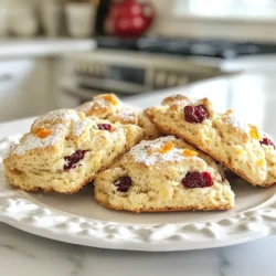 - 2 cups all-purpose flour - 1/3 cup granulated sugar - 1 tablespoon baking powder - 1/2 teaspoon salt - 1/2 cup unsalted butter, cold and cubed - 1 cup dried cranberries - Zest of 1 orange - 1/2 cup buttermilk - 1 large egg - 1 teaspoon vanilla extract - 1 tablespoon extra sugar for topping Importance of using cold butter Using cold butter is key for flaky scones. Cold butter creates layers in the dough. This leads to a light and airy texture. When you mix it in, leave small bits intact. These bits will melt during baking, making your scones rise. Best type of dried cranberries to use I recommend using sweetened dried cranberries. They balance the tartness of fresh cranberries. Look for ones that are plump and chewy. This adds great texture and flavor. You can also choose organic or unsweetened for a healthier option. {{ingredient_image_2}} - Preheat your oven to 400&deg;F (200&deg;C). - Line a baking sheet with parchment paper to prevent sticking. - In a large bowl, combine 2 cups of flour, 1/3 cup of sugar, 1 tablespoon of baking powder, and 1/2 teaspoon of salt. - Whisk these dry ingredients together until they are well mixed and smooth. - In another bowl, whisk together 1/2 cup of buttermilk, 1 large egg, and 1 teaspoon of vanilla extract. - Mix until everything is combined well and looks smooth. - Add 1/2 cup of cold, cubed unsalted butter to the dry mix. - Use your fingers or a fork to mix in the butter until it looks like coarse crumbs. - Gently fold in 1 cup of dried cranberries and the zest of 1 orange. - Lightly flour a clean surface and turn out the dough onto it. - Pat the dough into a round disc that is about 1 inch thick. - Cut the dough into 8 equal wedges using a sharp knife. - Place the wedges on the prepared baking sheet, leaving space between them. - Sprinkle each scone with a little extra sugar for a crunchy topping. - Bake for 15-20 minutes or until golden brown. - Check if they are done by inserting a toothpick; it should come out clean. - Let the scones cool on a wire rack before serving them warm. To get a flaky texture in your scones, use cold butter. Cold butter creates little pockets in the dough. This makes the scones rise well. Cut the butter into small pieces before mixing. Aim for coarse crumbs in the flour. Do not overmix the dough. When you combine wet and dry ingredients, mix just until you see no dry flour. Overmixing makes the scones tough. Remember, gentle hands make light scones. Cranberry orange scones taste great with clotted cream or butter. You can also serve them with a side of jam. For a pretty presentation, place warm scones on a nice plate. Add a few fresh cranberries and a sprinkle of orange zest on top. This adds color and makes them look fancy! Sometimes, scones can be too dry or too wet. If they are dry, you may not have added enough liquid. Try adding a bit more buttermilk. If your dough is too wet, add a little flour. Be careful, as small changes can make a big difference. Pro Tips Use Cold Butter: Make sure your butter is very cold to achieve that flaky texture. You can even freeze the butter for 15 minutes before using it. Don't Overmix: Mix the dough just until combined. Overmixing can lead to dense scones, so be gentle when incorporating the wet and dry ingredients. Choose Quality Cranberries: Use high-quality dried cranberries for the best flavor. If possible, opt for organic cranberries to enhance the overall taste. Experiment with Flavors: Feel free to add other citrus zests or spices like cinnamon to customize your scones. Lemon or lime zest can add a refreshing twist! {{image_4}} You can switch up the fruit in these scones. Blueberries and raspberries work great. You can also mix fruits for a fun twist. Adjust the sweetness if you want. If you like it less sweet, cut back on the sugar. You can use a bit more sugar if you prefer sweeter scones. Just remember, the fruit adds some natural sweetness too. Want a gluten-free option? You can easily replace all-purpose flour with a gluten-free blend. Look for a blend made for baking to keep the texture right. If you want a vegan version, swap the egg for a flax egg. Mix one tablespoon of ground flaxseed with three tablespoons of water. Let it sit for a few minutes to thicken. Use plant-based butter for the same rich flavor. Glazes can add a sweet touch. A simple orange glaze with powdered sugar and orange juice works well. For a richer flavor, try cream cheese frosting. You can also add nuts or seeds for crunch. Chopped walnuts or sunflower seeds give a nice texture. Just fold them into the dough with the cranberries. To keep your scones fresh, store them properly. Here&rsquo;s how: - Room Temperature: Place the scones in an airtight container. They stay good for 1 to 2 days. If you want to keep them longer, wrap them in plastic wrap first. - Refrigeration Tips: If you have leftovers, put them in the fridge. This helps them last up to a week. Just remember to let them come to room temperature before eating. Freezing scones is a great way to enjoy them later. Here&rsquo;s a step-by-step guide: 1. Cool Completely: Let the baked scones cool down on a wire rack. 2. Wrap Each Scone: Use plastic wrap to wrap each scone tightly. This prevents freezer burn. 3. Place in a Freezer Bag: Put the wrapped scones in a freezer-safe bag. Squeeze out as much air as possible. 4. Label and Date: Write the date on the bag. You can freeze them for up to 3 months. For reheating frozen scones, follow these best practices: - Thaw First: Take the scones out of the freezer and thaw them in the fridge overnight. - Reheat: Preheat your oven to 350&deg;F (175&deg;C). Place the scones on a baking sheet and heat for 10 to 15 minutes. This restores their warm, fresh taste. Storing and freezing make it easy to enjoy cranberry orange scones anytime! To reheat scones, use your oven for the best results. Preheat your oven to 350&deg;F (175&deg;C). Place the scones on a baking sheet and cover them with foil. Heat for about 10 minutes. This keeps them soft and warm. You can also use a microwave. Heat each scone for 10-15 seconds. But be careful! The microwave can make them tough. Yes, you can make the dough ahead of time. After mixing the dough, wrap it tightly in plastic wrap. You can store it in the fridge for up to 24 hours. When you're ready, just shape and bake them. If you want, you can freeze the shaped scones too. Just bake them straight from the freezer. You may need to add a few extra minutes to the baking time. Scones are done when they are golden brown. You can check by inserting a toothpick into the center. If it comes out clean, they are ready. They should also feel firm to the touch. The tops will be lightly crisp, and the bottoms should be golden. Keep an eye on them during the last few minutes to avoid burning. Yes, you can substitute some ingredients. If you don&rsquo;t have buttermilk, you can use regular milk. Just add a splash of vinegar or lemon juice to make it sour. For sugar, you can use brown sugar for a richer flavor. If you want, you can swap dried cranberries for other dried fruits like cherries or raisins. Just remember to keep the amounts the same for the best results. You now know how to make tasty cranberry orange scones. We covered key ingredients, from cold butter to dried cranberries. I shared simple steps for mixing and baking. You learned expert tips for a flaky texture and how to serve scones. Remember, you can adjust flavors or try new fruits. Enjoy experimenting and sharing these scones with others. Your baking skills will shine, and every bite will impress!