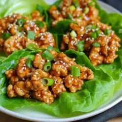 To make savory teriyaki chicken lettuce wraps, you'll need a few key ingredients. Each one adds flavor and texture to the dish. Here&rsquo;s the list: - 1 lb ground chicken - 1/4 cup low sodium teriyaki sauce - 1 tablespoon sesame oil - 1 cup finely chopped water chestnuts - 1/2 cup sliced green onions (plus extra for garnish) - 1 tablespoon fresh ginger, minced - 2 cloves garlic, minced - 1 head of butter or romaine lettuce, leaves carefully separated - Sesame seeds for garnish - Optional: Sriracha or chili sauce for a spicy kick These ingredients come together to create a delicious meal. You will find that ground chicken cooks quickly and absorbs the teriyaki sauce's taste well. The water chestnuts add a nice crunch, while the green onions bring a fresh note. Using butter or romaine lettuce gives you a sturdy wrap for your filling. The sesame seeds on top make it look fancy and add extra flavor. If you like heat, Sriracha or chili sauce is a great choice! {{ingredient_image_2}} How to prepare garlic and ginger Start by peeling the garlic cloves. Use a knife to chop them into small pieces. Next, take fresh ginger and peel it too. Use a grater or knife to mince the ginger into tiny bits. This will give your dish a nice flavor. Chopping water chestnuts and green onions Grab your water chestnuts and chop them finely. Make sure they are in small pieces to mix well. For the green onions, slice them thinly. Save some of the green tops for later. You will use these for garnish. Heating the skillet and saut&eacute;ing aromatics Place a large skillet on the stove and turn the heat to medium. Pour in the sesame oil. Once the oil is warm, add the minced garlic and ginger. Stir them for about one minute until they smell great. Be careful not to burn them. Browning the ground chicken Now, add the ground chicken to the skillet. Use a spatula to break it apart. Keep stirring as it cooks. Cook until the chicken is brown and no longer pink. This should take about five to seven minutes. Adding teriyaki sauce and other ingredients Once the chicken cooks completely, drizzle the teriyaki sauce over it. Stir well to coat the chicken evenly. Next, fold in the finely chopped water chestnuts and half of the green onions. Cook for another two to three minutes to heat everything through. Techniques for using lettuce leaves as wraps Take a lettuce leaf and lay it flat on your plate. Spoon a generous amount of the teriyaki chicken mixture into the center of the leaf. Fold the sides up to create a cup. This makes it easy to hold and eat. Presentation tips for serving Place the filled lettuce wraps on a nice platter. Sprinkle sesame seeds and the remaining green onions on top for flavor. You can add extra sauce and chili on the side for guests who like it spicy. This makes your dish look inviting and fun to eat. To ensure your chicken is evenly browned, use a large skillet. Break the meat into small pieces as it cooks. Stir it often to avoid any raw spots. This helps the chicken cook nicely and taste great. Be careful when cooking garlic and ginger. These two add a lot of flavor, but they can burn quickly. Saut&eacute; them on medium heat for just about one minute. If they turn dark, they may taste bitter. For a great presentation, arrange the filled lettuce wraps on a nice platter. Sprinkle extra sesame seeds and green onion bits on top. This makes the dish look fresh and colorful. Pair your wraps with simple side dishes like rice or a salad. These sides balance the meal and add texture. You can also serve some extra teriyaki sauce or chili sauce on the side. This lets guests customize their wraps to their taste. You can add more toppings to your wraps for extra flavor. Try diced cucumbers, shredded carrots, or even sliced radishes. These add crunch and freshness to each bite. Enhance the flavor with sauces. A drizzle of hoisin sauce or a spicy mayo can make a big difference. These sauces bring a new twist to the classic taste of teriyaki chicken. Pro Tips Use Fresh Ingredients: Opt for fresh ginger and garlic for a more vibrant flavor profile in your teriyaki chicken. Customize Your Heat: Adjust the amount of sriracha or chili sauce according to your spice preference; start with a small amount and add more as desired. Perfect Lettuce Leaves: Choose intact lettuce leaves that are large enough to hold the filling securely, ensuring a better wrap experience. Make Ahead: Prepare the chicken filling in advance and store it in the fridge. Just assemble the wraps right before serving for a fresh taste. {{image_4}} You can switch things up by using different proteins. Ground turkey works great if you want a leaner option. Tofu is a fantastic choice for a vegetarian dish. Simply crumble firm tofu in the skillet and cook it just like the chicken. It absorbs flavors well and gives a nice texture. To add new tastes, try different sauces. Hoisin sauce brings a sweet flair. Soy sauce can give a salty kick. You may also add a splash of lime juice for a zesty touch. For added depth, consider spices like five-spice powder or a pinch of red pepper flakes. If you want variety in your wraps, consider using other greens. Iceberg lettuce offers a nice crunch. Swiss chard or collard greens are also great options. For a fun twist, try tortillas or rice paper wraps. These can hold more filling and add a different texture to your meal. To keep your teriyaki chicken mixture fresh, store it in an airtight container. This helps keep out air and moisture. Place the mixture in the fridge right after it cools. It should stay good for about three days. For the lettuce, wrap the leaves in a damp paper towel. Then, place them in a sealed bag. This keeps them crisp and fresh for a longer time. When reheating the chicken, do it slowly. Use medium heat on the stove. Add a splash of water or teriyaki sauce to keep it moist. Stir often to heat it evenly. If you want to refresh your lettuce, rinse it under cold water. Dry it gently with a towel. This helps restore its crunch before serving again. You can freeze the chicken filling! Place it in a freezer-safe bag. Remove as much air as possible before sealing. It can last up to three months in the freezer. When ready to use, thaw it in the fridge overnight. Then, reheat it on the stove as mentioned earlier. For the lettuce, it's best to use fresh leaves after thawing. I recommend butter or romaine lettuce for wraps. Both types are flexible and sturdy. Butter lettuce has soft leaves that hold fillings well. Romaine provides a nice crunch. Other options like iceberg lettuce can also work, but they break more easily. Choose what you like best! Yes, you can prepare the chicken mixture in advance. Cook the chicken, then cool it down. Store it in the fridge for up to three days. Keep the lettuce leaves separate to stay fresh. Assemble the wraps just before serving. This keeps everything crisp and tasty. To add some heat, use sriracha or chili sauce. Drizzle it over the chicken before serving. You can also mix in red pepper flakes when cooking. Another option is adding chopped jalape&ntilde;os to the filling. Adjust the spice to your taste! These wraps pair well with a simple salad or steamed rice. You can also serve them with edamame or a light soup. For drinks, try iced green tea or a fruity soda. These sides complement the flavors nicely! This article covered easy ways to make delicious Teriyaki Chicken Lettuce Wraps. We explored key ingredients, preparation, and cooking steps. I shared tips for serving and storing your wraps. You can even try different proteins or flavors to mix things up. With these insights, you can impress your family and friends. Enjoy this fun meal anytime!