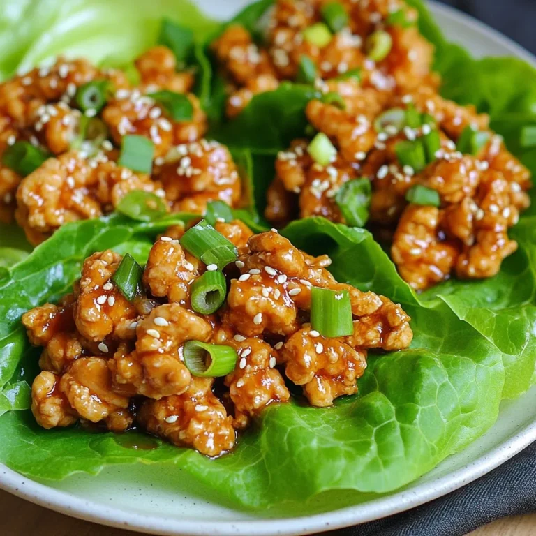 To make savory teriyaki chicken lettuce wraps, you'll need a few key ingredients. Each one adds flavor and texture to the dish. Here’s the list: - 1 lb ground chicken - 1/4 cup low sodium teriyaki sauce - 1 tablespoon sesame oil - 1 cup finely chopped water chestnuts - 1/2 cup sliced green onions (plus extra for garnish) - 1 tablespoon fresh ginger, minced - 2 cloves garlic, minced - 1 head of butter or romaine lettuce, leaves carefully separated - Sesame seeds for garnish - Optional: Sriracha or chili sauce for a spicy kick These ingredients come together to create a delicious meal. You will find that ground chicken cooks quickly and absorbs the teriyaki sauce's taste well. The water chestnuts add a nice crunch, while the green onions bring a fresh note. Using butter or romaine lettuce gives you a sturdy wrap for your filling. The sesame seeds on top make it look fancy and add extra flavor. If you like heat, Sriracha or chili sauce is a great choice! {{ingredient_image_2}} How to prepare garlic and ginger Start by peeling the garlic cloves. Use a knife to chop them into small pieces. Next, take fresh ginger and peel it too. Use a grater or knife to mince the ginger into tiny bits. This will give your dish a nice flavor. Chopping water chestnuts and green onions Grab your water chestnuts and chop them finely. Make sure they are in small pieces to mix well. For the green onions, slice them thinly. Save some of the green tops for later. You will use these for garnish. Heating the skillet and sautéing aromatics Place a large skillet on the stove and turn the heat to medium. Pour in the sesame oil. Once the oil is warm, add the minced garlic and ginger. Stir them for about one minute until they smell great. Be careful not to burn them. Browning the ground chicken Now, add the ground chicken to the skillet. Use a spatula to break it apart. Keep stirring as it cooks. Cook until the chicken is brown and no longer pink. This should take about five to seven minutes. Adding teriyaki sauce and other ingredients Once the chicken cooks completely, drizzle the teriyaki sauce over it. Stir well to coat the chicken evenly. Next, fold in the finely chopped water chestnuts and half of the green onions. Cook for another two to three minutes to heat everything through. Techniques for using lettuce leaves as wraps Take a lettuce leaf and lay it flat on your plate. Spoon a generous amount of the teriyaki chicken mixture into the center of the leaf. Fold the sides up to create a cup. This makes it easy to hold and eat. Presentation tips for serving Place the filled lettuce wraps on a nice platter. Sprinkle sesame seeds and the remaining green onions on top for flavor. You can add extra sauce and chili on the side for guests who like it spicy. This makes your dish look inviting and fun to eat. To ensure your chicken is evenly browned, use a large skillet. Break the meat into small pieces as it cooks. Stir it often to avoid any raw spots. This helps the chicken cook nicely and taste great. Be careful when cooking garlic and ginger. These two add a lot of flavor, but they can burn quickly. Sauté them on medium heat for just about one minute. If they turn dark, they may taste bitter. For a great presentation, arrange the filled lettuce wraps on a nice platter. Sprinkle extra sesame seeds and green onion bits on top. This makes the dish look fresh and colorful. Pair your wraps with simple side dishes like rice or a salad. These sides balance the meal and add texture. You can also serve some extra teriyaki sauce or chili sauce on the side. This lets guests customize their wraps to their taste. You can add more toppings to your wraps for extra flavor. Try diced cucumbers, shredded carrots, or even sliced radishes. These add crunch and freshness to each bite. Enhance the flavor with sauces. A drizzle of hoisin sauce or a spicy mayo can make a big difference. These sauces bring a new twist to the classic taste of teriyaki chicken. Pro Tips Use Fresh Ingredients: Opt for fresh ginger and garlic for a more vibrant flavor profile in your teriyaki chicken. Customize Your Heat: Adjust the amount of sriracha or chili sauce according to your spice preference; start with a small amount and add more as desired. Perfect Lettuce Leaves: Choose intact lettuce leaves that are large enough to hold the filling securely, ensuring a better wrap experience. Make Ahead: Prepare the chicken filling in advance and store it in the fridge. Just assemble the wraps right before serving for a fresh taste. {{image_4}} You can switch things up by using different proteins. Ground turkey works great if you want a leaner option. Tofu is a fantastic choice for a vegetarian dish. Simply crumble firm tofu in the skillet and cook it just like the chicken. It absorbs flavors well and gives a nice texture. To add new tastes, try different sauces. Hoisin sauce brings a sweet flair. Soy sauce can give a salty kick. You may also add a splash of lime juice for a zesty touch. For added depth, consider spices like five-spice powder or a pinch of red pepper flakes. If you want variety in your wraps, consider using other greens. Iceberg lettuce offers a nice crunch. Swiss chard or collard greens are also great options. For a fun twist, try tortillas or rice paper wraps. These can hold more filling and add a different texture to your meal. To keep your teriyaki chicken mixture fresh, store it in an airtight container. This helps keep out air and moisture. Place the mixture in the fridge right after it cools. It should stay good for about three days. For the lettuce, wrap the leaves in a damp paper towel. Then, place them in a sealed bag. This keeps them crisp and fresh for a longer time. When reheating the chicken, do it slowly. Use medium heat on the stove. Add a splash of water or teriyaki sauce to keep it moist. Stir often to heat it evenly. If you want to refresh your lettuce, rinse it under cold water. Dry it gently with a towel. This helps restore its crunch before serving again. You can freeze the chicken filling! Place it in a freezer-safe bag. Remove as much air as possible before sealing. It can last up to three months in the freezer. When ready to use, thaw it in the fridge overnight. Then, reheat it on the stove as mentioned earlier. For the lettuce, it's best to use fresh leaves after thawing. I recommend butter or romaine lettuce for wraps. Both types are flexible and sturdy. Butter lettuce has soft leaves that hold fillings well. Romaine provides a nice crunch. Other options like iceberg lettuce can also work, but they break more easily. Choose what you like best! Yes, you can prepare the chicken mixture in advance. Cook the chicken, then cool it down. Store it in the fridge for up to three days. Keep the lettuce leaves separate to stay fresh. Assemble the wraps just before serving. This keeps everything crisp and tasty. To add some heat, use sriracha or chili sauce. Drizzle it over the chicken before serving. You can also mix in red pepper flakes when cooking. Another option is adding chopped jalapeños to the filling. Adjust the spice to your taste! These wraps pair well with a simple salad or steamed rice. You can also serve them with edamame or a light soup. For drinks, try iced green tea or a fruity soda. These sides complement the flavors nicely! This article covered easy ways to make delicious Teriyaki Chicken Lettuce Wraps. We explored key ingredients, preparation, and cooking steps. I shared tips for serving and storing your wraps. You can even try different proteins or flavors to mix things up. With these insights, you can impress your family and friends. Enjoy this fun meal anytime!